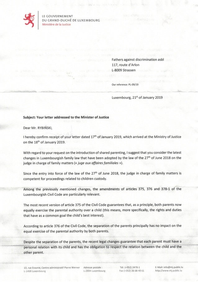 letter from the ministry of justice luxembourg fathers discrimination letter
