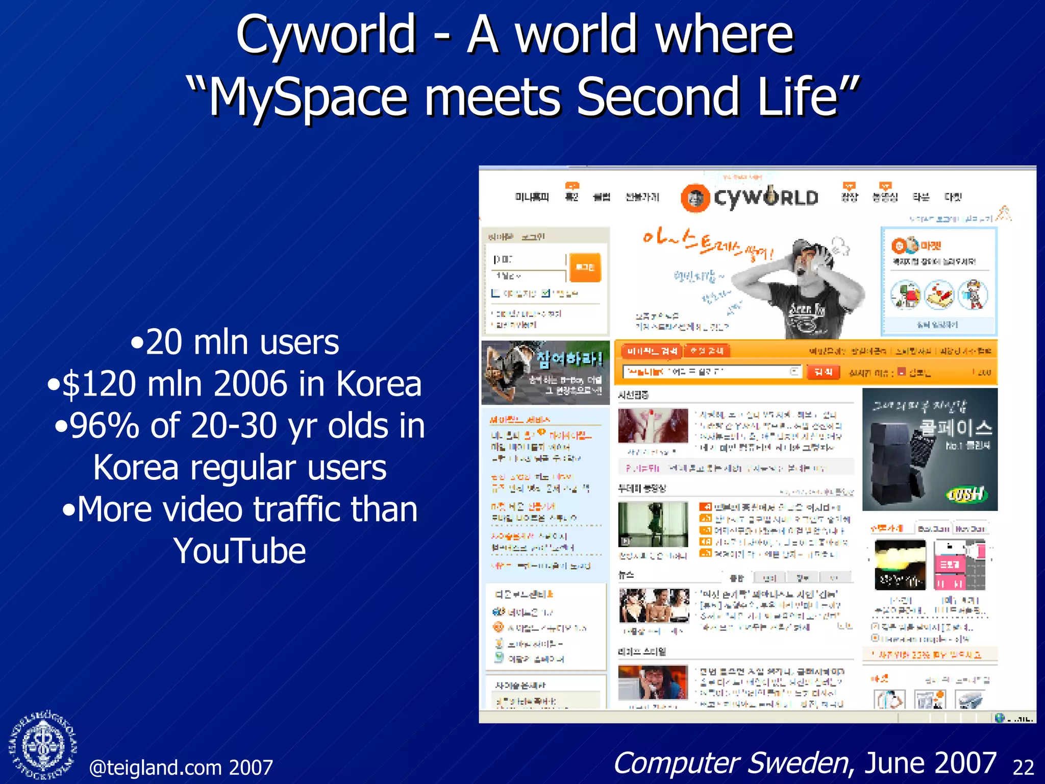 Cyworld - A world where  “MySpace meets Second Life” 20 mln users  $120 mln 2006 in Korea  96% of 20-30 yr olds in Korea regular users More video traffic than YouTube Computer Sweden , June 2007 