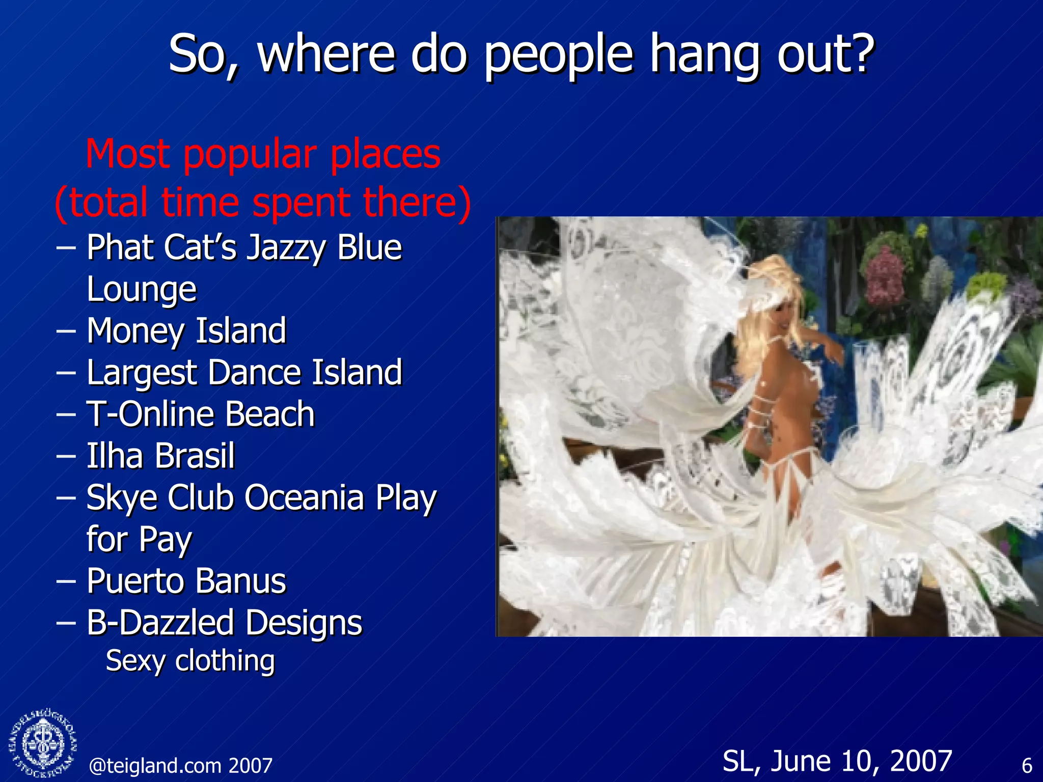So, where do people hang out? Most popular places (total time spent there) Phat Cat’s Jazzy Blue Lounge Money Island  Largest Dance Island T-Online Beach Ilha Brasil Skye Club Oceania Play for Pay Puerto Banus B-Dazzled Designs  Sexy clothing SL, June 10, 2007 