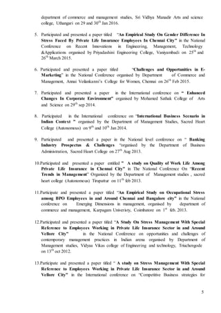 5
department of commerce and management studies, Sri Vidhya Manadir Arts and science
college, Uthangari on 29 and 30th
Jan 2016.
5. Participated and presented a paper titled “An Empirical Study On Gender Difference In
Stress Faced By Private Life Insurance Employees In Chennai City” in the National
Conference on Recent Innovations in Engineering, Management, Technology
&Applications organised by Priyadashini Engineering College, Vaniyambadi on 25th
and
26th
March 2015.
6. Participated and presented a paper titled “Challenges and Opportunities in E-
Marketing” in the National Conference organised by Department of Commerce and
Management, Annai Veilankanni’s College for Women, Chennai on 26th
Feb 2015.
7. Participated and presented a paper in the International conference on “ Enhanced
Changes In Corporate Environment” organised by Mohamed Sathak College of Arts
and Science on 29th
sep 2014.
8. Participated in the International conference on “International Business Scenario in
Indian Context ” organised by the Department of Management Studies, Sacred Heart
College (Autonomous) on 9th
and 10th
Jan 2014.
9. Participated and presented a paper in the National level conference on “ Banking
Industry Prospectus & Challenges “organised by the Department of Business
Administration, Sacred Heart College on 27th
Aug 2013.
10.Participated and presented a paper entitled ” A study on Quality of Work Life Among
Private Life Insurance in Chennai City” in The National Conference On “Recent
Trends in Management” Organized by the Department of Management studies , sacred
heart college (Autonomous) Tirupattur on 11th
feb 2013.
11.Participate and presented a paper titled “An Empirical Study on Occupational Stress
among BPO Employees in and Around Chennai and Bangalore city” in the National
conference on Emerging Dimensions in management, organised by department of
commerce and management, Karpagam Univeristy, Coimbatore on 1st
feb. 2013.
12.Participated and presented a paper titled “A Study On Stress Management With Special
Reference to Employees Working in Private Life Insurance Sector in and Around
Vellore City” in the National Conference on opportunities and challenges of
contemporary management practices in Indian arena organised by Department of
Management studies, Vidyaa Vikas college of Engineering and technology, Triuchengode
on 13th
oct 2012.
13.Participate and presented a paper titled “ A study on Stress Management With Special
Reference to Employees Working in Private Life Insurance Sector in and Around
Vellore City” in the International conference on “Competitive Business strategies for
 