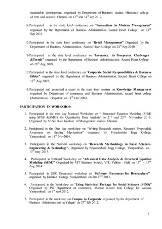 6
sustainable development, organised by Department of Business studies, Hindustan college
of Arts and science, Chennai on 13th
and 14th
sep 2012.
14.Participated in the state level conference on “Innovations in Modern Management”
organised by the Department of Business Administration, Sacred Heart College on 23th
Sep 2011.
15.Participated in the state level conference on “Retail Management” Organised by the
Department of Business Administration, Sacred Heart College on 24th
Sep 2010.
16.Participated in the state level conference on “Insurance, its Prospectus, Challenges
&Trends” organised by the Department of Business Administration, Sacred Heart College
on 28th
Aug 2009.
17.Participated in the state level conference on “Corporate Social Responsibilities & Business
Ethics” organised by the Department of Business Administration, Sacred Heart College on
12th
Aug 2007.
18.Participated and presented a paper in the state level seminar on Knowledge Management
organised by Department of commerce and Business Administration, sacred heart college
(Autonomous) Tirupattur on 11th
Dec 2004.
PARTICIPATION IN WORKSHOP:
1. Participated in the two day National Workshop on “ Structured Equation Modeling (SEM)
using SPSS &AMOS for Quantitative Data Analysis” on 21st and 22nd November 2016.
Organised by Sri Sai Ram Institute of Management studies Chennai.
2. Participated in the One day workshop on “Writing Research papers, Research Proposals&
Awareness on funding Mechanisms” organized by Priyadarshini Engg College,
Vaniyambadi on 11th
Nov2016.
3. Participated in the National workshop on “Research Methodology in Basic Sciences,
Engineering & Technology”. Organised by Priyadarshini Engg College, Vaniyambadi on
13th
may 2015.
4. Participated in National Workshop on “Advanced Data Analysis & Structural Equation
Modeling (SEM)” Organised by VIT Business School, VIT, Vellore . Held on 15th
– 17th
Aug 2014.
5. Participated in UGC Sponsored workshop on “Software Resources for Researchers”
organised by Islamiah College Vaniyambadi on Jan 27th
2013.
6. Participated in the Workshop on “Using Statistical Package for Social Sciences (SPSS)”
Organised by PG Department of commerce, Mardur Kesari Jain College for women,
Vaniyambadi on 1st
sept 2012.
7. Participated in the workshop on Campus to Corporate organised by the department of
Business Administration at Yelagiri on 27th
feb 2012.
 