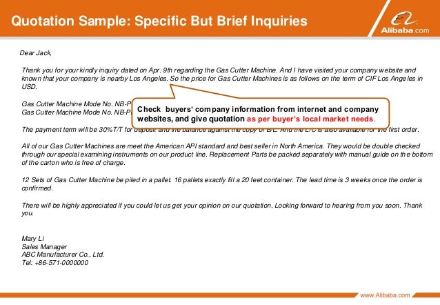how to respond to buyer inquiries alibaba machine quotation format
