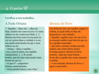 4. O peixe

Verifica o teu trabalho.

A Fada Oriana                            Branca de Neve
“– Espelho – disse ela –, olha-me        Um feiticeiro deu um espelho mágico à
bem, mostra-me como eu sou: vi o meu     rainha, ao qual todos os dias ela
reflexo no rio e achei-me linda. […]     perguntava, com vaidade:
Mostra-me bem como eu sou para eu        – Espelho, espelho meu, diz-me se há
ver se o peixe disse a verdade e se eu   no mundo mulher mais bela do que eu.
sou ainda mais bonita do que o meu       E o espelho respondia:
reflexo no rio.                          – Em todo o mundo, minha querida
– Oriana – disse o espelho –             rainha, não existe beleza maior.
, sou, como já sabes, um espelho         O tempo passou. Branca de Neve
antiquíssimo. […] És muito               cresceu, cada ano mais bonita…
bonita, mas há uma coisa muito mais      E um dia o espelho deu outra resposta
bonita do que tu.                        à rainha.
– O que é? – perguntou                   – A sua enteada, Branca de Neve, é
Oriana, ansiosamente.                    agora a mais bela.
– Uma parede branca, nua e lisa.”
 