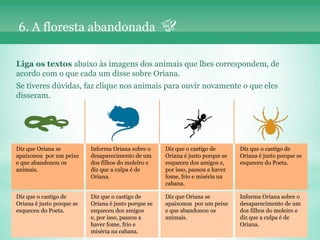 6. A floresta abandonada

Liga os textos abaixo às imagens dos animais que lhes correspondem, de
acordo com o que cada um disse sobre Oriana.
Se tiveres dúvidas, faz clique nos animais para ouvir novamente o que eles
disseram.




Diz que Oriana se          Informa Oriana sobre o     Diz que o castigo de       Diz que o castigo de
apaixonou por um peixe     desaparecimento de um      Oriana é justo porque se   Oriana é justo porque se
e que abandonou os         dos filhos do moleiro e    esqueceu dos amigos e,     esqueceu do Poeta.
animais.                   diz que a culpa é de       por isso, passou a haver
                           Oriana.                    fome, frio e miséria na
                                                      cabana.

Diz que o castigo de       Diz que o castigo de       Diz que Oriana se          Informa Oriana sobre o
Oriana é justo porque se   Oriana é justo porque se   apaixonou por um peixe     desaparecimento de um
esqueceu do Poeta.         esqueceu dos amigos        e que abandonou os         dos filhos do moleiro e
                           e, por isso, passou a      animais.                   diz que a culpa é de
                           haver fome, frio e                                    Oriana.
                           miséria na cabana.
 