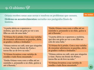9. O abismo
                                                                                      Ver textos
 Oriana recebeu umas asas novas e resolveu os problemas que causara.
 Ordena os acontecimentos narrados nos parágrafos finais da
 história.

“A porta abriu-se e apareceu a              “Então Oriana voou com a velha até ao
moleira, que deu um grito ao ver o seu      caminho e, pousando-a no chão, guiou-a
filho ao colo de uma fada.”                 até à floresta.”
“E Oriana foi à prisão. Com a sua varinha   “A porta abriu-se e apareceu a moleira,
de encantar adormeceu os guardas, abriu     que deu um grito ao ver o seu filho ao
as grades e soltou o lenhador.”             colo de uma fada.”
“Oriana entrou no café, sem que ninguém     “E Oriana foi à prisão. Com a sua varinha
a visse. Parou em frente do Poeta e         de encantar adormeceu os guardas, abriu
tocou-lhe ao de leve na mão.”               as grades e soltou o lenhador.”
“E Oriana levantou a sua varinha de         “Oriana entrou no café, sem que ninguém
condão e tudo ficou encantado.”             a visse. Parou em frente do Poeta e
                                            tocou-lhe ao de leve na mão.”
“Então Oriana voou com a velha até ao
caminho e, pousando-a no chão, guiou-a      “E Oriana levantou a sua varinha de
até à floresta.”                            condão e tudo ficou encantado.”
 