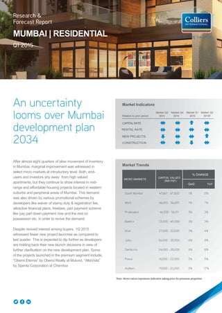 After almost eight quarters of slow movement of inventory
in Mumbai, marginal improvement was witnessed in
select micro markets at introductory level. Both, end-
users and investors shy away from high valued
apartments, but they continue to show interest in mid-
range and affordable housing projects located in western
suburbs and peripheral areas of Mumbai. This demand
was also driven by various promotional schemes by
developers like waiver of stamp duty & registration fee,
attractive financial plans, freebies, part payment scheme
like pay part down payment now and the rest on
possession etc. in order to revive the demand.
Despite revived interest among buyers, 1Q 2015
witnessed fewer new project launches as compared to
last quarter. This is expected to dip further as developers
are holding back their new launch decisions in view of
further clarification on the new development plan. Some
of the projects launched in the premium segment include,
“Oberoi Eternia” by Oberoi Realty at Mulund, “AltaVista”
by Spenta Corporation at Chembur.
Market Indicators
Relative to prior period 2014 2014 2015 2015F
Market Q3 Market Q4 Market Q1 Market Q2
CAPITALRATE
NEW PROJECTS
CONSTRUCTION
RENTAL RATE
MICRO MARKETS
CAPITAL VALUES
(INR PSF)
% CHANGE
QoQ YoY
Market Trends
MUMBAI | RESIDENTIAL
 