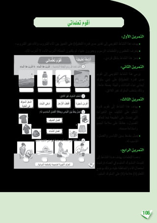 106
‫تعلماتي‬‫أقوم‬�
:‫أول‬‫ل‬‫ا‬‫التمرين‬
‫ال�رشوب؛‬ ‫غري‬ ‫واملاء‬ ‫ال�رشوب‬ ‫املاء‬ ‫بني‬ ‫التمييز‬ ‫على‬ )‫املتعلم(ة‬ ‫قدرة‬ ‫مدى‬ ‫تقدير‬ ‫إىل‬� ‫التقوميي‬ ‫الن�شاط‬ ‫هذا‬ ‫يهدف‬♦
.‫املاء‬ ‫أ�رشب‬� ‫ال‬ ،‫املاء‬ ‫أ�رشب‬� :‫اجلملة‬ ‫يكتبون‬ ‫ثم‬ ،‫عنها‬ ‫ويعربون‬ ‫الر�سوم‬ ‫واملتعلمات‬ ‫املتعلمون‬ ‫يتعرف‬♦
.‫فردي‬ ‫ب�شكل‬ ‫الن�شاط‬ ‫هذا‬ ‫ينجز‬♦
:‫الثاين‬‫التمرين‬
‫تقومي‬ ‫إىل‬� ‫التقوميي‬ ‫الن�شاط‬ ‫هذا‬ ‫يرمي‬
‫�سلوك‬ ‫تبني‬ ‫على‬ )‫املتعلم(ة‬ ‫قدرة‬ ‫مدى‬
،‫عامة‬ ‫ب�صفة‬ ‫والبيئة‬ ‫النباتات‬ ‫جتاه‬ ‫إيجابي‬�
.‫الالئق‬ ‫غري‬ ‫ال�سلوك‬ ‫ب�شطب‬ ‫وذلك‬
:‫الثالث‬‫التمرين‬
‫قدرة‬ ‫تقومي‬ ‫إىل‬� ‫الن�شاط‬ ‫هذا‬ ‫يهدف‬ ♦
‫التغريات‬ ‫مع‬ ‫التكيف‬ ‫على‬ ‫املتعلم‬
‫لتعاقب‬ ‫تبعا‬ ‫الطبيعة‬ ‫على‬ ‫حتدث‬ ‫التي‬
‫اجل�سم‬ ‫�سالمة‬ ‫على‬ ‫حفاظا‬ ،‫الف�صول‬
.‫�صحته‬ ‫وا�ستدامة‬
،‫والف�صل‬ ‫اللبا���س‬ ‫ب�ين‬ ‫بخ��ط‬ ‫ي�صل‬♦
.‫له‬ ‫املنا�سب‬
:‫الرابع‬‫التمرين‬
‫إىل‬� ‫الن�شاط‬ ‫ه��ذا‬ ‫يهدف‬ ‫للتعلمات‬ ‫دعم��ا‬
‫تر�شي��د‬‫اجت��اه‬‫يف‬‫ال�سلي��م‬‫ال�سل��وك‬‫تثبي��ت‬
‫بو�ضع‬‫عليه،وذلك‬‫واملحافظة‬‫املاء‬‫ا�ستعمال‬
.‫ال�سليم‬ ‫ال�سلوك‬ ‫على‬ )X( ‫عالمة‬ )‫(ة‬ ‫املتعلم‬
56
‫ماتي‬ُّ‫ل‬َ‫ع‬َ‫ت‬ ُ‫م‬ِّ‫و‬َ‫ق‬ُ‫أ‬
َ‫ـماء‬ْ‫ل‬‫ٱ‬ ‫ذا‬َ‫ه‬ ُ‫ب‬َ‫ر‬ ْ‫ش‬َ‫أ‬ َ‫ال‬ - َ‫ـماء‬ْ‫ل‬‫ٱ‬ ‫ذا‬َ‫ه‬ ُ‫ب‬َ‫ر‬ ْ‫ش‬َ‫أ‬ : َ‫ة‬َ‫ب‬ ِ‫ناس‬ُ‫م‬‫ـ‬ْ‫ل‬‫ٱ‬ َ‫ة‬َ‫ل‬ْ‫م‬ُ‫ج‬ْ‫ل‬‫ٱ‬ ٍ‫م‬ ْ‫س‬َ‫ر‬ ِّ‫ل‬ُ‫ك‬ َ‫ت‬ْ‫ح‬َ‫ت‬ ُ‫ب‬ُُ‫ت‬ْ‫ك‬َ‫أ‬
:ِ‫ليم‬ َّ‫ٱلس‬ ِ‫لوك‬ ُّ‫ٱلس‬ ‫لى‬َ‫ع‬ )x( َ‫ة‬َ‫م‬‫ال‬َ‫ع‬ ُ‫ع‬ َ‫ض‬َ‫أ‬ ِ‫ـماء‬ْ‫ل‬‫ٱ‬ ‫لى‬َ‫ع‬ ِ‫ة‬َ‫ظ‬َ‫حاف‬ُ‫م‬ْ‫ل‬ِ‫ل‬
:ُ‫ه‬َ‫ل‬ ِ‫ب‬ ِ‫ناس‬ُ‫م‬‫ـ‬ْ‫ل‬‫ٱ‬ ِ‫ل‬ ْ‫ص‬َ‫ف‬ْ‫ل‬‫ٱ‬ ِ‫ة‬َ‫طاق‬ِ‫ب‬َ‫و‬ ِ‫باس‬ِّ‫ل‬‫ٱل‬ َ‫ن‬ْ‫ي‬َ‫ب‬ ٍّ‫ط‬َ‫خ‬ِ‫ب‬ ُ‫ل‬ ِ‫ص‬َ‫أ‬
: ِ‫ق‬ِ‫ئ‬ ّ‫ٱلال‬ َ‫ر‬ْ‫ي‬َ‫غ‬ ‫ـ‬َ‫ك‬‫لو‬ ُّ‫ٱلس‬ ُ‫ب‬ُ‫ط‬ ْ‫ش‬َ‫أ‬
ً‫ة‬َ‫ر‬ْ‫ي‬َ‫ج‬ ُ‫ش‬ ُ‫س‬ِ‫ر‬ ْ‫غ‬َ‫أ‬َ‫ر‬‫ها‬ْ‫ز‬َ ْ‫ٱل‬ ُ‫ف‬ِ‫ط‬ْ‫ق‬َ‫أ‬َ‫بات‬َّ‫ن‬‫ٱل‬ ‫قي‬ ْ‫س‬َ‫أ‬
َ‫د‬ِ‫ق‬ْ‫و‬َ‫م‬‫ـ‬ْ‫ل‬‫ٱ‬ ُ‫ل‬ِ‫ع‬ ْ‫ش‬ُ‫أ‬
ِ‫ة‬َ‫ب‬‫غا‬ْ‫ل‬‫ٱ‬ ‫في‬
ِ‫ف‬ْ‫ي‬ َّ‫ٱلص‬ ُ‫ل‬ ْ‫ص‬َ‫ف‬
ِ‫تاء‬ ِّ‫ٱلش‬ ُ‫ل‬ ْ‫ص‬َ‫ف‬
................................................................................................................................................................
2
3
4
1
.ِ‫ة‬َ‫ي‬ِ‫ل‬‫ُوا‬‫م‬ْ‫ل‬‫ٱ‬ ِ‫ة‬َ‫ح‬ْ‫ف‬َّ‫ص‬‫ٱل‬ِ‫ب‬ َ‫ة‬َ‫َّحيح‬‫ص‬‫ٱل‬ َ‫َة‬‫ب‬ِ‫و‬ْ‫ج‬َ ْ‫ٱل‬ ُ‫ف‬َّ‫َر‬‫ع‬َ‫ت‬َ‫أ‬
‫ة‬َّ‫ي‬ِ‫ق‬‫بي‬ْ‫ط‬َ‫ت‬ ‫ة‬َ‫ط‬ِ‫ش‬ْ‫ن‬َ‫أ‬
 