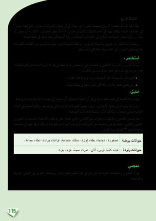 115
:‫الرابع‬ ‫الن�شاط‬
،‫وتنمو‬ ‫حتيا‬ ‫لكي‬ ،‫حتتاج‬ ‫احليوانات‬ ‫�صغار‬ ‫أن‬� ‫يف‬ ‫يتمثل‬ ،‫رابع‬ ‫تعلم‬ ‫بتح�صيل‬ ‫الدر�س‬ ‫عنا�رص‬ ‫الن�شاط‬ ‫هذا‬ ‫يكمل‬
‫أو‬� ‫يعي�ش‬ ‫أن‬� ،‫كالكلب‬ ،‫للحيوان‬ ‫ميكن‬ ‫ال‬ ‫غذاء‬ ‫أبوان.فبدون‬‫ل‬‫ا‬ ‫احلاالت‬ ‫أغلب‬� ‫يف‬ ‫بهما‬ ‫يتكلف‬ ،‫ورعاية‬ ‫غذاء‬ ‫إىل‬�
.‫جيدة‬ ‫�صحة‬ ‫يف‬ ‫وحتيا‬ ‫تنمو‬ ‫لكي‬ ‫أبويها‬� ‫ورعاية‬ ‫واحلماية‬ ‫االهتمام‬ ‫إىل‬� ‫حتتاج‬ ‫احليوانات‬ ‫�صغار‬ ‫أن‬�‫و‬ ...‫يحيا‬
:‫املقرتحة‬ ‫الكلمات‬ ‫من‬ ‫ينا�سب‬ ‫مبا‬ ‫عنها‬ ‫املعربة‬ ‫اجلملة‬ ‫تكملة‬ ‫ثم‬ ،‫الر�سوم‬ ‫مالحظة‬ ‫طريق‬ ‫عن‬ ‫التعلم‬ ‫هذا‬ ‫ويح�صل‬
.‫وينمو‬ ‫يحيا‬ ‫لكي‬ ‫والرعاية‬ ‫الغذاء‬ ‫إىل‬� ‫احليوان‬ ‫�صغري‬ ‫يحتاج‬
:‫أ�ستخل�ص‬�
‫التعلمات‬ ‫أهم‬� ‫ال�ستخال�ص‬ ‫الدر�س‬ ‫هذا‬ ‫يف‬ ‫تعلمه‬ ‫مت‬ ‫ما‬ ‫ا�ستح�ضار‬ ‫على‬ ‫واملتعلمات‬ ‫املتعلمني‬ ‫واملدر�سة‬ ‫املدر�س‬ ‫ي�ساعد‬
:‫الكلمات‬ ‫من‬ ‫ينا�سب‬ ‫مبا‬ ‫الفراغات‬ ‫ملء‬ ‫طريق‬ ‫عن‬ ،‫فيه‬
.‫البقرة‬ ‫مثل‬ ‫ولودة‬ ‫إما‬�‫و‬ ،‫الدجاجة‬ ‫مثل‬ ‫بيو�ضة‬ ‫إما‬� ‫احليوانات‬♦
.‫جيدة‬ ‫�صحة‬ ‫يف‬ ‫وحتيا‬ ‫تنمو‬ ‫لكي‬ ‫وترعاها‬ ‫�صغارها‬ ‫تغذي‬ ‫وهي‬♦
:‫أطبق‬�
.‫بيو�ضة‬‫إما‬�‫و‬‫ولودة‬‫إما‬�‫حيوانات‬‫إىل‬�‫ت�صنف‬‫أن‬�‫ميكن‬‫احليوانات‬‫أن‬�‫هو‬‫مركزي‬‫تعلم‬‫تعميم‬‫إىل‬�‫الن�شاط‬‫هذا‬‫يهدف‬
‫اخلانة‬ ‫يف‬ ‫أ�سمائها‬� ‫وكتابة‬ ،‫يعرفونها‬ ‫التي‬ ‫الولودة‬ ‫احليوانات‬ ‫بع�ض‬ ‫وجرد‬ ،‫االنطالق‬ ‫م�شهد‬ ‫إىل‬� ‫بالعودة‬ ‫ذلك‬ ‫ويتم‬
.‫البيو�ضة‬ ‫للحيوانات‬ ‫بالن�سبة‬ ‫أمر‬‫ل‬‫ا‬ ‫وكذلك‬ ،‫اجلدول‬ ‫يف‬ ‫بها‬ ‫اخلا�صة‬
‫والتعبريين‬‫والت�صنيف‬‫املالحظة‬‫توظيف‬‫على‬‫يقت�رص‬‫الذي‬،‫التق�صي‬‫نهج‬‫خطوات‬‫واملتعلمات‬‫املتعلمون‬‫يتح�س�س‬‫هنا‬
‫مالحظة‬‫إىل‬�‫برجوعهم‬‫وذلك‬،‫البيو�ضة‬‫واحليوانات‬‫الولودة‬‫احليوانات‬‫عن‬‫بالبحث‬‫يقومون‬‫حيث‬ .‫والكتابي‬‫ال�شفهي‬
:‫أخرى‬� ‫مرة‬ ‫االنطالق‬ ‫م�شهد‬ ‫ومعاينة‬
‫بيو�ضة‬ ‫حيوانات‬.‫حمامة‬ ،‫نحلة‬ ،‫فرا�شة،جرادة‬ ،‫�ضفدعة‬ ،‫�سمكة‬ ،‫إوزة‬� ،‫بطة‬ ،‫دجاجة‬ ،‫ع�صفورة‬
‫ولودة‬ ‫حيوانات‬.‫بقرة‬ ،‫هرة‬ ،‫نعجة‬ ،‫عنزة‬ ،‫أثان‬� ،‫فر�س‬ ،‫كلبة‬ ،‫قنية‬
‫معجمي‬
‫العربية‬ ‫اللغتني‬ ‫يف‬ ‫اللغوي‬ ‫ر�صيدهم‬ ‫إغناء‬� ‫ق�صد‬ ‫املعجم‬ ‫هذا‬ ‫يف‬ ‫الواردة‬ ‫املفردات‬ ‫واملتعلمات‬ ‫املتعلمون‬ ‫أ‬�‫يقر‬
.‫والفرن�سية‬
 