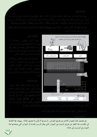 117
:‫أول‬‫ل‬‫ا‬ ‫الن�شاط‬
‫بحيوانات‬ ‫أو‬� ‫باللحم‬ ‫تتغذى‬ ‫حيوانات‬ ‫واللقلق‬ ‫والقط‬ ‫الكلب‬ ‫أن‬� ‫يدركان‬ ‫واملتعلمة‬ ‫املتعلم‬ ‫جعل‬ ‫إىل‬� ‫الن�شاط‬ ‫هذا‬ ‫يهدف‬
‫من‬ ‫ر�سم‬ ‫كل‬ ‫ميثله‬ ‫الذي‬ ‫احليوان‬ ‫يتناوله‬ ‫الذي‬ ‫الغذاء‬ ‫نوع‬ ‫وكتابة‬ ،‫الر�سوم‬ ‫ومالحظة‬ ‫معاينة‬ ‫طريق‬ ‫عن‬ ،‫أخرى‬�
.‫بال�سمكة‬ ‫يتغذى‬ ‫واللقلق‬ ،‫باللحم‬ ‫يتغذى‬ ‫والكلب‬ ،‫أر‬�‫بالف‬ ‫يتغذى‬ ‫والقط‬ ،‫أرنب‬‫ل‬‫با‬ ‫يتغذى‬ ‫ال�صقر‬ :‫أربعة‬‫ل‬‫ا‬ ‫الر�سوم‬
‫كقطع‬ ‫اللحم‬ ‫على‬ ‫إما‬� ‫غذائها‬ ‫يف‬ ‫تعتمد‬ ‫أنها‬‫ل‬ »‫الحمة‬ ‫«حيوانات‬ ‫ت�سمى‬ ‫ولذلك‬ .»‫«اللحم‬ ‫أكل‬�‫ت‬ ‫احليوانات‬ ‫هذه‬ ‫كل‬
.‫أخرى‬� ‫حيوانات‬ ‫أوعلى‬� ،‫و�رشائح‬
:‫الثاين‬ ‫الن�شاط‬
‫أن‬� ‫واملتعلمات‬ ‫املتعلمون‬ ‫أدرك‬� ‫بعدما‬
،‫اللحم‬‫على‬‫غذائها‬‫يف‬‫تعتمد‬‫الالحمة‬‫احليوانات‬
‫تعلم‬ ‫حتقيق‬ ‫إىل‬� ‫يهدف‬ ‫الثاين‬ ‫الن�شاط‬ ‫هذا‬ ‫إن‬�‫ف‬
‫جمهزة‬ ‫الالحمة‬ ‫احليوانات‬ ‫أن‬� ‫يف‬ ‫يتمثل‬ ،‫مكمل‬
.‫باللحم‬ ‫االقتيات‬ ‫على‬ ‫ت�ساعدها‬ ‫أع�ضاء‬�‫ب‬
‫واملتعلمات‬ ‫املتعلمون‬ ‫يعاين‬ ‫لذلك‬ ‫وحت�صيال‬
،‫أ�سنان‬‫ل‬‫ا‬ :‫أع�ضاء‬‫ل‬‫ا‬ ‫هذه‬ ‫ويلونون‬ ‫الر�سوم‬
،‫واحلادة‬ ‫الطويلة‬ ‫أنياب‬‫ل‬‫ا‬ ‫منها‬ ‫وخ�صو�صا‬
‫وذلك‬ .‫منها‬ ‫والطويلة‬ ‫املعقوفة‬ ،‫واملناقري‬
‫ونوع‬ ‫الطعام‬ ‫م�سك‬ ‫أع�ضاء‬� ‫بني‬ ‫العالقة‬ ‫لرت�سيخ‬
.‫الغذاء‬
:‫الثالث‬ ‫الن�شاط‬
‫وتعزيزا‬ ‫تكملة‬ ‫الثالث‬ ‫الن�شاط‬ ‫هذا‬ ‫أتي‬�‫ي‬
‫واملتعلمة‬ ‫املتعلم‬ ‫ي�شطب‬ ‫حيث‬ ،‫الثاين‬ ‫للن�شاط‬
‫ا�سم‬ ‫حتمل‬ ‫التي‬ ‫البطاقة‬ ‫وهي‬ ،‫اخلاطئة‬ ‫البطاقة‬
‫إم�ساك‬‫ل‬‫ا‬ ‫يف‬ ‫الالحم‬ ‫احليوان‬ ‫ي�ستعملها‬ ‫ال‬ ‫أداة‬�
،)‫العظام‬ ‫(لك�شط‬ ‫القواطع‬ ‫وهي‬ ،‫بغذائه‬
‫أما‬� .)‫ابتالعه‬ ‫قبل‬ ‫الطعام‬ ‫(لطحن‬ ‫أ�رضا�س‬‫ل‬‫وا‬
.)‫أنياب‬‫ل‬‫با‬ ‫أي‬�( ‫بها‬ ‫وميزقها‬ ‫فري�سته‬ ‫أو‬� ‫طعامه‬ ‫الالحم‬ ‫احليوان‬ ‫بها‬ ‫مي�سك‬ ‫التي‬ ‫أداة‬‫ل‬‫ا‬ ‫فهي‬ ‫أنياب‬‫ل‬‫ا‬
.‫ابتالعه‬ ‫قبل‬ ‫مناقريها‬ ‫بوا�سطة‬ ‫غذاءها‬ ‫مت�سك‬ ‫إنها‬�‫ف‬ ،‫للطيور‬ ‫بالن�سبة‬
:‫الرابع‬ ‫الن�شاط‬
‫الن�شاط‬ ‫هذا‬ ‫ويهدف‬ .‫غذائه‬ ‫حت�صيل‬ ‫له‬ ‫أتى‬�‫يت‬ ‫ال‬ ‫بدونها‬ ‫إذ‬� ،‫احلوا�س‬ ‫طريق‬ ‫عن‬ ‫الالحم‬ ‫احليوان‬ ‫غذاء‬ ‫حت�صيل‬ ‫يتم‬
‫هذا‬ ‫ي�ستخدمها‬ ‫التي‬ ‫احلوا�س‬ ‫أو‬� ‫واحلا�سة‬ ‫الر�سم‬ ‫ميثل‬ ‫الذي‬ ‫احليوان‬ ‫بني‬ ‫الو�صل‬ ‫طريق‬ ‫عن‬ ‫التعلم‬ ‫هذا‬ ‫اكتن�ساب‬ ‫إىل‬�
:‫غذائه‬ ‫إىل‬� ‫الو�صول‬ ‫يف‬ ‫احليوان‬
63
: ِ‫ة‬َ‫ب‬ ِ‫ناس‬ُ‫م‬‫ـ‬ْ‫ل‬‫ٱ‬ ِ‫ة‬َ‫م‬ِ‫ل‬َ‫ك‬ْ‫ل‬‫ٱ‬ِ‫ب‬ َ‫راغ‬َ‫ف‬ْ‫ل‬‫ٱ‬ ُ َ‫ل‬ْ‫م‬َ‫أ‬َ‫و‬ ُ‫ر‬ِّ‫ك‬َ‫ف‬ُ‫أ‬
. . . . . . . . . . . . . . . . ْ‫و‬َ‫أ‬. . . . . . . . . . . . . . . . ِ‫ة‬َ‫ط‬ ِ‫واس‬ِ‫ب‬ ُ‫ه‬َ‫ذاء‬ِ‫غ‬ ُ‫م‬ِ‫ح‬ ّ‫ٱلال‬ ُ‫وان‬َ‫ي‬َ‫ح‬ْ‫ل‬‫ٱ‬ ُ‫ك‬ ِ‫س‬ْ‫م‬ُ‫ي‬ -
:‫ها‬ِ‫ئ‬‫ذا‬ِ‫غ‬ ْ‫ن‬َ‫ع‬ ِ‫ث‬ْ‫َح‬‫ب‬ْ‫ل‬‫ٱ‬ ‫في‬ ِّ‫واس‬َ‫ح‬ْ‫ل‬‫ٱ‬ ‫لى‬َ‫ع‬ ُ‫ة‬َ‫م‬ِ‫ح‬ ّ‫ٱلال‬ ُ‫وانات‬ََ‫ي‬َ‫ح‬ْ‫ل‬‫ٱ‬ ُ‫د‬ِ‫م‬َ‫ت‬ْ‫ع‬َ‫ت‬ -
‫ها‬ ُ‫ْض‬‫ع‬َ‫ب‬َ‫و‬. . . . . . . . . . . . . . . . َ‫و‬. . . . . . . . . . . . . . . .‫ها‬ ُ‫ْض‬‫ع‬َ‫ب‬َ‫و‬ . . . . . . . . . . . . . . . . ُ‫ل‬ِ‫م‬ْ‫ع‬َ‫ت‬ ْ‫س‬َ‫ي‬ ‫ها‬ ُ‫ْض‬‫ع‬َ‫ب‬
. . . . . . . . . . . . . . . . َ‫و‬ . . . . . . . . . . . . . . . . َ‫و‬. . . . . . . . . . . . . . . . ُ‫ل‬ِ‫م‬ْ‫ع‬َ‫ت‬ ْ‫س‬َ‫ي‬
:ِ‫ن‬َّ‫و‬َ‫ل‬ُ‫م‬‫ـ‬ْ‫ل‬‫ٱ‬ ِ‫د‬‫َمو‬‫ع‬ْ‫ل‬‫ٱ‬ ‫في‬ َ‫ة‬َّ‫ي‬ِّ‫ر‬ ِّ‫ٱلس‬ َ‫ة‬َ‫م‬ِ‫ل‬َ‫ك‬ْ‫ل‬‫ٱ‬ ُ‫ف‬ ِ‫ش‬َ‫ت‬ْ‫ك‬َ‫أ‬َ‫و‬ َ‫ة‬َ‫ك‬َ‫ب‬ َّ‫ٱلش‬ ُ َ‫ل‬ْ‫م‬َ‫أ‬
.ٍّ‫ن‬ ِ‫س‬ ُ‫ْع‬‫م‬َ‫ج‬ - 1
.ِ‫يور‬ُّ‫ٱلط‬ َ‫د‬ْ‫ن‬ِ‫ع‬ ِ‫ذاء‬ِ‫غ‬ْ‫ل‬‫ٱ‬ ‫ـ‬ِ‫ك‬ ْ‫س‬َ‫م‬ ُ‫ضاء‬ ْ‫ع‬َ‫أ‬ - 2
. ِ‫وانات‬َ‫ي‬َ‫ح‬ْ‫ل‬‫ٱ‬ َ‫د‬ْ‫ن‬ِ‫ع‬ ِ‫ذاء‬ِ‫غ‬ْ‫ل‬‫ٱ‬ ِ‫ن‬َ‫ع‬ ِ‫ث‬ْ‫َح‬‫ب‬ْ‫ل‬ِ‫ل‬ ‫ة‬َّ‫ي‬ِ‫رور‬ َ‫ض‬ - 3
.ُ‫ن‬ْ‫ي‬َ‫ع‬ْ‫ل‬‫ٱ‬ ‫ها‬ُ‫و‬ ْ‫ض‬ُ‫ع‬ ‫ة‬ َّ‫حاس‬ - 4
. . . . . . . . . . . . . . . . : َ‫ي‬ِ‫ه‬ ُ‫ة‬َّ‫ي‬ِّ‫ر‬ ِّ‫ٱلس‬ ُ‫ة‬َ‫م‬ِ‫ل‬َ‫ك‬ْ‫ل‬َ‫ا‬ - 5
ُ‫ص‬ِ‫ل‬ ْ‫خ‬َ‫ت‬ ْ‫س‬َ‫أ‬
ُ‫ق‬ِّ‫ب‬َ‫ط‬ُ‫أ‬
.‫رى‬ْ‫خ‬ُ‫أ‬ ٍ‫وانات‬َ‫ي‬َ‫ح‬ ‫ى‬
ُ‫ر‬ َ‫ص‬َ‫ب‬ْ‫ل‬َ‫ا‬ُ‫ر‬ َ‫ص‬َ‫ب‬ْ‫ل‬‫ٱ‬َ‫و‬ ُّ‫م‬ َّ‫لش‬َ‫ا‬ُّ‫م‬ َّ‫ٱلش‬َ‫و‬ ُ‫ر‬ َ‫ص‬َ‫ب‬َْ‫ل‬‫ٱ‬َ‫و‬ ُ‫ْع‬‫م‬ َّ‫لس‬َ‫ا‬
1
2
5
3
4
:‫ها‬ُ‫ل‬ِ‫م‬ْ‫ع‬َ‫ت‬ ْ‫س‬َ‫ي‬ ‫تي‬ََّ‫ل‬‫ٱ‬ ِ‫ه‬ ِّ‫واس‬َ‫ح‬َ‫و‬ ِ‫وان‬َ‫ي‬َ‫ح‬ْ‫ل‬‫ٱ‬ َ‫ن‬ْ‫ي‬َ‫ب‬ ٍّ‫ط‬َ‫خ‬ِ‫ب‬ ُ‫ل‬ ِ‫ص‬َ‫أ‬
.‫ها‬ِ‫ئ‬‫ذا‬ِ‫غ‬ ْ‫ن‬َ‫ع‬ ِ‫ث‬ْ‫ح‬َ‫ب‬ْ‫ل‬‫ٱ‬ ‫في‬ ‫ها‬ ِّ‫واس‬َ‫ح‬ ‫لى‬َ‫ع‬ ُ‫ة‬َ‫م‬ِ‫ح‬ ّ‫ٱلال‬ ُ‫وانات‬َ‫ي‬َ‫ح‬ْ‫ل‬‫ٱ‬ ُ‫د‬ِ‫م‬َ‫ت‬ْ‫ع‬َ‫ت‬ 4
‫ق‬ ‫م‬
‫ي‬
‫س‬
‫ر‬
‫ن‬ ‫س‬
‫مي‬َ‫ج‬ْ‫ع‬ُ‫م‬
les sens : ُّ‫واس‬َ‫ح‬ْ‫ل‬َ‫ا‬ la viande : ُ‫م‬ْ‫ح‬َّ‫ل‬‫َل‬‫ا‬
le bec : ُ‫ر‬‫ْقا‬‫ن‬ِ‫م‬ْ‫ل‬َ‫ا‬ les canines : ُ‫ياب‬ْ‫ن‬َ‫َل‬‫ا‬
 