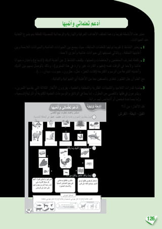 126
‫أمنيها‬�‫و‬‫تعلماتي‬‫أدعم‬�
‫التغذية‬ ‫مبو�ضوع‬ ‫املتعلقة‬ ‫للح�صيلة‬ ‫والوجدانية‬ ‫واملهارية‬ ‫املعرفية‬ ‫أهداف‬‫ل‬‫ا‬ ‫ملختلف‬ ‫ودعما‬ ‫تقوميا‬ ‫أن�شطة‬‫ل‬‫ا‬ ‫هذه‬ ‫تعترب‬
.‫احليوانات‬ ‫عند‬
‫وبني‬ ‫الالحمة‬ ‫واحليوانات‬ ‫العا�شبة‬ ‫احليوانات‬ ‫بني‬ ‫يجمع‬ ‫حيث‬ ،‫ال�سابقة‬ ‫للتعلمات‬ ‫توليفيا‬ ‫تقوميا‬ 1 ‫الن�شاط‬ ‫ويعترب‬. 1
.‫الحمة‬ ‫أخرى‬�‫و‬ ‫عا�شبة‬ ‫حيوانات‬ ‫إىل‬� ‫ت�صنيفها‬ ‫وبالتايل‬ .‫املختلفة‬ ‫أغذيتها‬�
‫حيوانا‬ ‫باعتباره‬ )‫(الدجاج‬ ‫الديك‬ ‫أغذية‬� ‫عن‬ 2 ‫الن�شاط‬ ‫يك�شف‬ ،‫وتنميتها‬ ‫والـمتعلمات‬ ‫الـمتعلمني‬ ‫ملعارف‬ ‫وتكملة‬. 2
‫الديك‬ ‫بني‬ ‫ب�سهم‬ ‫بالو�صل‬ ‫وذلك‬ ،)‫امل�ستوى‬ ‫هذا‬ ‫يف‬ ‫وارد‬ ‫غري‬ ‫القارت‬ ‫(مفهوم‬ ‫نف�سه‬ ‫الوقت‬ ‫يف‬ ‫والحما‬ ‫عا�شبا‬
.)...‫ديدان‬ ،‫حبوب‬ ،‫حلزون‬ ،‫منل‬ ،‫اخلبز‬ ‫(فتات‬ ‫املقرتحة‬ ‫الر�سوم‬ ‫من‬ ‫املتنوعة‬ ‫أغذيته‬�‫و‬
.‫والنباتية‬ ‫احليوانية‬ ‫أي‬� ‫أغذية‬‫ل‬‫ا‬ ‫من‬ ‫معا‬ ‫بال�صنفني‬ ‫تتغذى‬ ‫الطيور‬ ‫جل‬ ‫أن‬� ‫العلم‬ ‫مع‬
،‫التمرين‬ ‫يقدمها‬ ‫التي‬ ‫الثالثة‬ ‫ألغاز‬‫ل‬‫ا‬ ‫ؤون‬�‫يقر‬ ،‫والعلمية‬ ‫واملنطقية‬ ‫الفكرية‬ ‫والتلميذات‬ ‫التالميذ‬ ‫لقدرات‬ ‫تنمية‬. 3
،‫املرئية/ال�سمعية‬‫أو‬�‫املكتوبة‬‫العلمية‬‫واملو�سوعات‬‫الوثائق‬‫يف‬‫بحثا‬‫إما‬�،‫احللول‬‫عن‬‫بالتق�صي‬ ‫فكها‬‫يف‬‫وي�رشعون‬
.‫دراية‬ ‫لهم‬ ‫أ�شخا�ص‬� ‫أو‬� ‫�شخ�ص‬ ‫مب�ساعدة‬ ‫إما‬�‫و‬
‫أنا؟‬� ‫من‬ :‫ألغاز‬‫ل‬‫ا‬ ‫فك‬
69
‫يها‬ّ‫م‬َ‫ن‬ُ‫أ‬َ‫و‬ ‫ي‬ِ‫ت‬‫ما‬ُّ‫ل‬َ‫ع‬َ‫ت‬ ُ‫م‬َ‫ْع‬‫د‬َ‫أ‬
ِ‫راق‬ْ‫و‬َ‫أ‬ ِ‫ع‬ْ‫ط‬َ‫ق‬ِ‫ل‬ ‫ي‬ِ‫م‬‫طو‬ْ‫ر‬ُ‫خ‬ ُ‫ل‬ِ‫م‬ْ‫ع‬َ‫ت‬ ْ‫س‬َ‫أ‬
. ‫مي‬َ‫ف‬ ‫في‬ ِ‫ذاء‬ِ‫غ‬ْ‫ل‬‫ٱ‬ ِ‫ع‬ ْ‫َض‬‫و‬ِ‫ل‬َ‫و‬ ِ‫ر‬َ‫ج‬ َّ‫ٱلش‬
‫ُني‬‫د‬ِ‫ُساع‬‫ي‬ ‫ح‬َ‫ط‬ْ‫ل‬َ‫ف‬ُ‫م‬ ‫ي‬ِ‫قار‬ْ‫ن‬ِ‫م‬
ِ‫ة‬َّ‫ي‬ِ‫ئ‬‫ـما‬ْ‫ل‬‫ٱ‬ ِ‫ش‬ِ‫ئ‬‫شا‬َ‫ح‬ْ‫ل‬‫ٱ‬ ِ‫ع‬ْ‫م‬َ‫ج‬ ‫لى‬َ‫ع‬
.ِ‫ة‬َ‫ر‬‫غي‬ َّ‫ٱلص‬ ‫ـ‬ِ‫ك‬‫ما‬ ْ‫س‬َ ْ‫َٱل‬‫و‬
ُ‫م‬ِ‫ه‬َ‫ت‬ْ‫ل‬َ‫أ‬ ،‫ة‬َ‫ر‬‫ثي‬َ‫ك‬ ‫ناني‬ ْ‫س‬َ‫َأ‬‫و‬ ‫بير‬َ‫ك‬ ‫مي‬َ‫ف‬
.‫ي‬ّ‫ن‬ِ‫م‬ ْ‫َت‬‫ب‬َ‫ر‬َ‫ت‬ْ‫ٱق‬ ٍ‫ة‬َ‫ك‬َ‫م‬ َ‫س‬ َّ‫ل‬ُ‫ك‬
ُ‫م‬‫عو‬َ‫َأ‬‫و‬ ٍ‫د‬‫َعي‬‫ب‬ ْ‫ن‬ِ‫م‬ ِ‫َّم‬‫د‬‫ٱل‬ َ‫ة‬َ‫ِح‬‫ئ‬‫را‬ ُّ‫م‬ ُ‫ش‬َ‫أ‬
. ‫تي‬ َ‫ريس‬َ‫ف‬ ‫لى‬ِ‫إ‬ َ‫ل‬ ِ‫ص‬َ‫أ‬ ‫ى‬ّ‫ت‬َ‫ح‬
:ِ‫ة‬َ‫ب‬ ِ‫ناس‬ُ‫م‬ْ‫ل‬‫ٱ‬ ِ‫ة‬َ‫طاق‬ِ‫ب‬ْ‫ل‬‫ٱ‬ ‫في‬ ‫م‬ِ‫لح‬ ‫؛‬ ‫ب‬ ِ‫عاش‬ ُ‫ب‬ُ‫ت‬ْ‫ك‬َ‫أ‬ َّ‫م‬ُ‫ث‬ ِ‫ه‬ِ‫ئ‬‫ذا‬ِ‫غ‬َ‫و‬ ِ‫وان‬َ‫ي‬َ‫ح‬ْ‫ل‬‫ٱ‬ َ‫ن‬ْ‫ي‬َ‫ب‬ ٍّ‫ط‬َ‫خ‬ِ‫ب‬ ُ‫ل‬ ِ‫ص‬َ‫أ‬ 1
2
3
. . . . . . . . . . . . . . . . . . . . . . .. . . . . . . . . . . . . . . . . . . . . . .. . . . . . . . . . . . . . . . . . . . . . .
: ُ‫ه‬ُ‫ل‬ُ‫ك‬ْ‫أ‬َ‫ي‬ ‫ما‬َ‫و‬ ‫ـ‬ِ‫ك‬‫ّي‬‫د‬‫ٱل‬ َ‫ن‬ْ‫ي‬َ‫ب‬ ٍ‫ُم‬‫ه‬ ْ‫س‬َ‫أ‬ِ‫ب‬ ُ‫ل‬ ِ‫ص‬َ‫أ‬
:‫نا‬َ‫أ‬ ْ‫ن‬َ‫م‬ ُ‫ب‬ُ‫ت‬ْ‫ك‬َ‫أ‬َ‫و‬ َ‫ز‬‫غا‬ْ‫ل‬َ ْ‫ٱل‬ ‫ـ‬ُّ‫ك‬ُ‫ف‬َ‫أ‬َ‫و‬ ُ‫ث‬َ‫ح‬ْ‫ب‬َ‫أ‬
‫َتي‬‫ب‬ِ‫و‬ْ‫ج‬َ‫أ‬ ُ‫ح‬ِّ‫ح‬ َ‫ص‬ُ‫أ‬
:ً‫ا‬‫ئ‬ِ‫خاط‬ ‫ي‬ِ‫واب‬َ‫ج‬ َ‫كان‬ ‫ذا‬ِ‫إ‬ )-( َ‫ة‬َ‫م‬‫ال‬َ‫َع‬‫و‬ ً‫ا‬‫حيح‬ َ‫ص‬ ‫وابي‬َ‫ج‬ َ‫كان‬ ‫ذا‬ِ‫إ‬ )+( َ‫ة‬َ‫م‬‫ال‬َ‫ع‬ ُ‫ب‬ُ‫ت‬ْ‫ك‬َ‫أ‬
‫ة‬َّ‫ي‬ِ‫ف‬‫لي‬ ْ‫و‬َ‫ت‬ ‫ة‬َ‫ط‬ِ‫ش‬ْ‫ن‬َ‫ا‬
‫ي‬ ّ‫ص‬َ‫ق‬َّ‫ت‬‫ٱل‬ ِ‫ج‬ْ‫ه‬َ‫ن‬ ِ‫ات‬َ‫و‬ُ‫ط‬ُ‫خ‬ ِ‫د‬‫ما‬ِ‫ت‬ ْ‫ٱع‬ِ‫ب‬ ُ‫ر‬ِ‫م‬ْ‫ث‬َ‫ت‬ ْ‫س‬َ‫أ‬ ‫القر�ش‬ -‫البطة‬ -‫الفيل‬
 