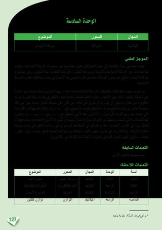 127
‫ال�ساد�سة‬‫الوحدة‬
‫املجال‬‫املحور‬‫املو�ضوع‬
‫امليكانيك‬‫احلركة‬‫أج�سام‬‫ل‬‫ا‬ ‫حركة‬
‫العلمي‬‫الـموجز‬
‫وتكون‬ ،‫االبتدائية‬ ‫املرحلة‬ ‫م�ستويات‬ ‫عرب‬ ‫بتعلماتهما‬ ‫يرتقيان‬ )‫املتعلم(ة‬ ‫جعل‬ ‫إىل‬� ‫امليكانيك‬ ‫جمال‬ ‫م�ضامني‬ ‫تهدف‬
‫مو�ضوع‬ ‫ويف‬ ،‫امل�ستوى‬ ‫بهذا‬ ‫التعلمات‬ ‫بناء‬ ‫إن‬�‫ف‬ ،‫املنظور‬ ‫هذا‬ ‫ومن‬ ،‫والثانوية‬ ‫إعدادية‬‫ل‬‫ا‬ ‫املرحلة‬ ‫عرب‬ ‫امتدادات‬ ‫لها‬
‫باملدر�سة‬ ‫العلوم‬ ‫ديداكتيك‬ ‫جمال‬ ‫يف‬ ‫أبحاث‬‫ل‬‫ا‬ ‫به‬ ‫تو�صي‬ ‫ما‬ ‫مراعاة‬ ‫متت‬ ،‫احلركة‬ ‫حمور‬ ‫عن‬ ‫املنبثق‬ ،‫أج�سام‬‫ل‬‫ا‬ ‫حركة‬
.‫االبتدائية‬
ً‫ا‬‫اعتماد‬ ‫يتم‬ ،‫خا�صة‬ ‫ب�صفة‬ ‫امل�ستوى‬ ‫وبهذا‬ ،‫عامة‬ ‫ب�صفة‬ ‫االبتدائية‬ ‫باملدر�سة‬ ‫امليكانيكية‬ ‫التفاعالت‬ ‫مفهوم‬ ‫تقريب‬ ‫إن‬�
‫يدرك‬ ‫العمرية‬ ‫املرحلة‬ ‫هذه‬ ‫يف‬ ‫فالطفل‬ ،‫معه‬ ‫وتفاعله‬ ‫ملحيطه‬ ‫املتعلم‬ ‫نظرة‬ ،‫االعتبار‬ ‫بعني‬ ‫أخذ‬�‫ت‬ ،‫وظيفية‬ ‫أن�شطة‬� ‫على‬
‫ذلك‬ ‫عن‬ ‫يعرب‬ ‫املبا�رش،حيث‬ ‫حميطه‬ ‫على‬ ‫أثري‬�‫ت‬ ‫من‬ ،‫فعله‬ ‫على‬ ‫يقوى‬ ‫أو‬� ‫به‬ ‫يقوم‬ ‫أن‬� ‫ميكن‬ ‫ما‬ ‫خالل‬ ‫من‬ »‫«القوى‬
‫املقارنات‬‫و‬‫املواجهات‬‫خالل‬‫من‬‫أو‬�،»...‫رفع‬‫أ�ستطيع‬�«،»‫دفع‬‫أ�ستطيع‬�«،»‫جر‬‫أ�ستطيع‬�«‫مثل‬‫من‬‫تعابري‬‫م�ستعمال‬
‫واعتبارا‬ ‫جر...»؛‬ ،...‫رفع‬ ،...‫دفع‬ ‫أ�ستطيع‬� ‫أنني‬‫ل‬ ‫منك‬ ‫أقوى‬� ‫أنا‬� « :‫يقول‬ ‫أن‬�‫ك‬ ‫أقرانه‬� ‫وبني‬ ‫بينه‬ ‫حتدت‬ ‫التي‬
)l’expérience première(‫أوىل‬‫ل‬‫ا‬‫ة‬َ‫للتجرب‬‫إن‬�‫وحيث‬*
)‫الذات‬‫حول‬‫التمركز‬‫من‬‫مرجعيتها‬‫ت�ستمد‬‫(التي‬‫التمثالت‬‫لهذه‬
‫�صياغة‬ ‫إعادة‬� ‫على‬ ‫املتعلم‬ ‫م�ساعدة‬ ‫على‬ ‫املو�ضوع‬ ‫هذا‬ ‫أن�شطة‬� ‫يف‬ ‫الرتكيز‬ ‫مت‬ ‫فقد‬ ،‫التعلمات‬ ‫اكت�ساب‬ ‫يف‬ ‫دورا‬ ‫للطفل‬
– ‫ثقيل‬ – ‫رفع‬ ،‫(دفع-جذب‬ ‫احل�سية‬ ‫مدركاته‬ ‫من‬ ‫انطالقا‬ ،‫القوة‬ ‫مفهوم‬ ‫تقريب‬ ‫،يف‬ ‫به‬ ‫واالنتقال‬ ،‫أولية‬‫ل‬‫ا‬ ‫متثالته‬
.)‫والثانوي‬ ‫إعدادي‬‫ل‬‫(ا‬ ‫الحقا‬ ‫العليا‬ ‫امل�ستويات‬ ‫يف‬ ‫للقوة‬ ‫املجرد‬ ‫املفهوم‬ ‫إىل‬� )...‫خفيف‬
‫ال�سابقة‬‫التعلمات‬
‫أوىل‬‫ل‬‫ا‬ ‫بالتعليم‬ ‫حت�صيله‬ ‫مامت‬
:‫الالحقة‬‫التعلمات‬
‫ال�سنة‬‫الوحدة‬‫املجال‬‫املحور‬‫املو�ضوع‬
‫الثانية‬
‫الثالثة‬
‫ة‬َ‫ابع‬ َّ‫الر‬
‫اخلام�سة‬
‫الثالثة‬
‫الرابعة‬
‫ال�ساد�سة‬
‫الرابعة‬
‫امليكانيك‬
‫امليكانيك‬
‫امليكانيك‬
‫امليكانيك‬
‫اجل�سم‬ ‫حركة‬
)‫احلركة(القوى‬
‫احلركة‬
‫التوازن‬
‫القوة‬ ‫مفعول‬
‫امليكانيكية‬ ‫أثريات‬�‫الت‬
‫أج�سام‬‫ل‬‫وا‬ ‫القوى‬
‫كثلتني‬ ‫توازن‬
‫ـــــــــــــــــــــــــــــــ‬
.‫بياجيه‬ ‫نظرية‬ ،‫ألة‬�‫س‬�‫امل‬ ‫هذه‬ ‫يف‬ ‫يراجع‬ *
 