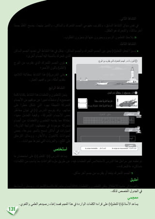 131
.‫الثاين‬ ‫الن�شاط‬
‫ا‬ً‫ج�سم‬ ُ‫َم‬‫ل‬ْ‫َع‬‫مل‬‫ا‬ ‫ي�صبح‬ ،‫بينهما‬ ‫والتميز‬ ،‫وال�ساكن‬ ‫املتحرك‬ ‫اجل�سم‬ ‫مفهومي‬ ‫ولتقريب‬ ،‫ال�سابق‬ ‫الن�شاط‬ ‫�سياق‬ ‫نف�س‬ ‫يف‬
.‫الطفل‬ ‫هو‬ ‫واملتحرك‬ ،ً‫ا‬‫�ساكن‬ ‫آخر‬�
.‫املطلوب‬ ‫ينجزون‬ ‫ثم‬ ‫عنها‬ ‫ويعربون‬ ‫الر�سوم‬ ‫املتعلمون‬ ‫يالحظ‬ ❒
.‫الثالث‬ ‫الن�شاط‬
‫ال�ساكن‬ ‫اجل�سم‬ ‫حتديد‬ ‫اىل‬ ‫الن�شاط‬ ‫هذا‬ ‫يف‬ ‫ينتقل‬ ،‫ال�ساكن‬ ‫واجل�سم‬ ‫املتحرك‬ ‫اجل�سم‬ ‫بني‬ ‫مييز‬ )‫املتعلم(ة‬ ‫جلعل‬ ‫ا‬ً‫تي�سري‬ ♦
‫أخرى؛‬� ‫أج�سام‬� ‫اليه‬ ‫بالن�سبة‬ ‫تتحرك‬ ‫الذي‬
‫الربج‬ ‫من‬ ‫يقرتب‬ ‫الذي‬ ‫املتحرك‬ ‫اجل�سم‬ ‫يلون‬ ♦
‫أحمر؛‬‫ل‬‫ا‬ ‫باللون‬ )ْ‫َم‬‫ل‬ْ‫َع‬‫مل‬‫(ا‬
‫التالميذ‬ ‫مبطالبة‬ ‫الن�شاط‬ ‫هذا‬ )‫املدر�س(ة‬ ‫يغني‬♦
.‫املعي�ش‬ ‫واقعهم‬ ‫من‬ ،‫أمثلة‬� ‫بتقدمي‬
.‫الرابع‬ ‫الن�شاط‬
‫كلمة‬‫بكتابة‬ ‫الن�شاط‬‫هذا‬‫واملتعلمات‬‫املتعلمون‬‫ينجز‬
‫أج�سام‬‫ل‬‫ا‬‫من‬‫موقفهم‬‫عن‬‫تعبريا‬»‫أ‬�‫أو«خط‬�»‫«�صحيح‬
‫على‬ ‫خطرا‬ ‫ت�شكل‬ ‫التي‬ ،‫بهم‬ ‫املحيطة‬ ‫املتحركة‬
‫خماطر‬ ‫تبيان‬ ‫يف‬ )‫(ة‬ ‫املدر�س‬ ‫يتو�سع‬ ‫وقد‬ .‫حياتهم‬
،‫معها‬ ‫التعامل‬ ‫وكيفية‬ ،‫املتحركة‬ ‫أج�سام‬‫ل‬‫ا‬ ‫بع�ض‬
‫أج�سام‬� ‫من‬ ‫واملتعلمات‬ ‫املتعلمون‬ ‫يقدمه‬ ‫مما‬ ‫انطالقا‬
،‫النارية‬ ‫الدراجة‬ :‫حميطهم‬ ‫يف‬ ‫موجودة‬ ‫متحركة‬
‫بع�ض‬ ،‫ب�رسعة‬ ‫بال�سري‬ ‫ت�سمح‬ ‫أماكن‬� ‫يف‬ ‫ال�سيارات‬
‫التزحلق‬ ‫وو�سائل‬ ،‫أبقار‬‫ل‬‫وا‬ ‫كاخليول‬ ‫احليوانات‬
...‫حيوانات‬ ‫جترها‬ ‫التي‬ ‫والعربات‬ ،‫الثلج‬ ‫على‬
‫أ�ستخل�ص‬�
‫ما‬ ‫ا�ستح�ضار‬ ‫على‬ )‫(ة‬ ‫املتعلم‬ )‫(ة‬ ‫املدر�س‬ ‫ي�ساعد‬
:‫الكلمات‬ ‫من‬ ‫ينا�سب‬ ‫مبا‬ ‫الفراغات‬ ‫ملء‬ ‫طريق‬ ‫عن‬ ،‫فيه‬ ‫التعلمات‬ ‫أهم‬� ‫ال�ستخال�ص‬ ‫الدر�س‬ ‫هذا‬ ‫مراحل‬ ‫عرب‬ ‫تعلمه‬ ‫مت‬
،»‫«املتحرك‬ »‫«�ساكن‬
.‫�ساكن‬ ‫آخر‬� ‫ج�سم‬ ‫من‬ ‫يقرتب‬ ‫أو‬� ‫يبتعد‬ ‫املتحرك‬ ‫اجل�سم‬ ❒
‫أطبق‬�
‫أ�سماءها‬�‫وي�سجلون‬ ،‫لل�شجرة‬‫بالن�سبة‬‫متحركة‬‫أج�سام‬�‫ثالثة‬‫واملتعلمات‬‫املتعلمون‬‫ينتقي‬‫االنطالق‬‫م�شهد‬‫إىل‬�‫بالعودة‬
.‫لذلك‬ ‫املخ�ص�ص‬ ‫اجلدول‬ ‫يف‬
‫معجمي‬
.‫واللغوي‬ ‫العلمي‬ ‫ر�صيدهم‬ ‫إغناء‬� ‫ق�صد‬ ‫املعجم‬ ‫هذا‬ ‫يف‬ ‫الواردة‬ ‫الكلمات‬ ‫قراءة‬ ‫على‬ )‫املتعلم(ة‬ )‫أ�ستاذ(ة‬‫ل‬‫ا‬ ‫ي�ساعد‬
73
:ِ‫ل‬َ‫م‬ُ‫ج‬ْ‫ل‬‫ٱ‬ َ‫م‬‫ما‬َ‫أ‬ »‫أ‬َ‫ط‬َ‫«خ‬ ْ‫و‬َ‫أ‬ »‫حيح‬ َ‫«ص‬ ُ‫ب‬ُ‫ت‬ْ‫ك‬َ‫أ‬
: ِ‫رج‬ُ‫ب‬ْ‫ل‬‫ٱ‬ َ‫ن‬ِ‫م‬ ُ‫ب‬ِ‫ر‬َ‫ت‬ْ‫ق‬َ‫ي‬ ِ‫ذي‬َّ‫ل‬‫ٱ‬ ‫ـ‬َ‫ك‬ِّ‫ر‬َ‫ح‬َ‫ت‬ُ‫م‬ْ‫ل‬‫ٱ‬ َ‫م‬ ْ‫س‬ِ‫ج‬ْ‫ل‬‫ٱ‬ ِ‫ر‬َ‫م‬ْ‫ح‬َ ْ‫ٱل‬ِ‫ب‬ ُ‫ن‬ِ‫و‬َ‫ل‬ُ‫أ‬
4
3
ً‫ة‬َ‫ن‬ِ‫ك‬‫سا‬ ْ‫ت‬َ‫ن‬‫كا‬ ُ‫َّة‬‫ي‬ِ‫ار‬ّ‫ن‬‫ٱل‬ ُ‫ة‬َ‫ّاج‬‫ر‬َّ‫د‬‫ل‬َ‫ا‬ -
ٍ‫ة‬َ‫ع‬ْ‫ر‬ ُ‫س‬ِ‫ب‬ ً‫ة‬َ‫ك‬ِّ‫ر‬َ‫ح‬َ‫ت‬ُ‫م‬ ْ‫ت‬َ‫ن‬‫كا‬ ُ‫َّة‬‫ي‬ِ‫ار‬ّ‫ن‬‫ٱل‬ ُ‫ة‬َ‫ّاج‬‫ر‬َّ‫د‬‫ل‬َ‫ا‬ -
...................
...................
‫ـ‬ُ‫ك‬ِّ‫ر‬َ‫ح‬َ‫ت‬ُ‫م‬ْ‫ل‬‫ٱ‬ - ٍ‫ن‬ِ‫ك‬‫سا‬ : ُ‫ب‬ ِ‫ناس‬ُ‫ي‬ ‫ما‬ ُ‫ب‬ُ‫ت‬ْ‫ك‬َ‫أ‬
ِ‫د‬‫دي‬ْ‫ح‬َ‫ت‬ ِ‫ة‬َ‫م‬‫َال‬‫ع‬ِ‫ل‬ ِ‫ة‬َ‫ب‬ ْ‫س‬ِّ‫ن‬‫ٱل‬ِ‫ب‬ ٍ‫ة‬َ‫ك‬ِّ‫ر‬َ‫ح‬َ‫ت‬ُ‫م‬ ٍ‫سام‬ْ‫ج‬َ‫أ‬ َ‫ة‬َ‫الث‬َ‫ث‬ ِ‫الق‬ِ‫ط‬ْ‫ن‬ِ ْ‫ٱل‬ ِ‫د‬َ‫ه‬ ْ‫ش‬َ‫م‬ ْ‫ن‬ِ‫م‬ ُ‫ر‬‫تا‬ْ‫خ‬َ‫أ‬
:ِ‫ة‬َ‫ع‬ْ‫ر‬ ُّ‫ٱلس‬
ُ‫ص‬ِ‫ل‬ ْ‫خ‬َ‫ت‬ ْ‫س‬َ‫أ‬
ُ‫ق‬ِّ‫ب‬َ‫ط‬ُ‫أ‬
........َ‫ر‬َ‫آخ‬ ٍ‫م‬ ْ‫س‬ِ‫ج‬ ْ‫ن‬ِ‫م‬ ُ‫ب‬ِ‫ر‬َ‫ت‬ْ‫ق‬َ‫ي‬ ْ‫و‬َ‫أ‬ ُ‫د‬ِ‫ع‬َ‫ت‬ْ‫ب‬َ‫ي‬.............ُ‫م‬ ْ‫س‬ِ‫ج‬ْ‫ل‬َ‫ا‬
....................-....................-.................... ‫ـ‬ُ‫ك‬ِّ‫ر‬َ‫ح‬َ‫ت‬ُ‫م‬‫ـ‬ْ‫ل‬‫ٱ‬ ُ‫م‬ ْ‫س‬ِ‫ج‬ْ‫ل‬َ‫ا‬
‫مي‬َ‫ْج‬‫ع‬ُ‫م‬
le corps immobile : ُ‫ِن‬‫ك‬‫ّا‬‫س‬‫ٱل‬ ُ‫م‬ْ‫س‬ِ‫ج‬ْ‫ل‬َ‫ا‬ le corps en mouvement : ‫ُـ‬‫ك‬ِّ‫ر‬َ‫ح‬َ‫ت‬ُ‫م‬ْ‫ل‬‫ٱ‬ ُ‫م‬ْ‫س‬ِ‫ج‬ْ‫ل‬َ‫ا‬
 