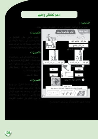 139
‫أمنيها‬�‫و‬‫تعلماتي‬‫أدعم‬�
:1 ‫التمرين‬
.‫تعلماته‬ ‫ا�ستثمار‬ ‫على‬ ‫املتعلم‬ ‫قدرة‬ ‫لدعم‬ )‫للمتعلم(ة‬ ‫املعي�ش‬ ‫الواقع‬ ‫من‬ ‫م�شهد‬
:2 ‫التمرين‬
‫من‬ )‫املتعلم(ة‬ ‫ميكن‬ ‫توليفي‬ ‫ن�شاط‬
‫من‬ ‫ألوفة؛‬�‫م‬ ‫و�ضعية‬ ‫يف‬ ‫ا�ستثمارالتعلمات‬
‫بتحديد‬ ‫الهوائية‬ ‫الدراجة‬ ‫مب�ضخة‬ ‫اللعب‬ ‫خالل‬
.‫جذب‬‫قوة‬‫أو‬�‫دفع‬‫قوة‬‫فيها‬‫يطبق‬‫التي‬‫احلركة‬
:3 ‫التمرين‬
‫التعلمات‬‫ودعم‬‫تقومي‬‫إىل‬�‫الن�شاط‬‫هذا‬‫يرمي‬
‫وقوع‬ ‫«حتمية‬ ‫فكرة‬ )‫املتعلم(ة‬ ‫لدى‬ ‫يثبت‬ ‫حيث‬
‫فمن‬ ،»‫حتريكها‬ ‫عند‬ ‫أر�ض‬‫ل‬‫ا‬ ‫على‬ ‫أج�سام‬‫ل‬‫ا‬
‫يختار‬ ‫و�ضعية‬ ‫كل‬ ‫حول‬ ‫ؤل‬�‫الت�سا‬ ‫خالل‬
:‫املنا�سبة‬ ‫البطاقة‬ )‫املتعلم(ة‬
.‫ي�سقط‬ ‫-ال‬ ‫ي�سقط‬
:4 ‫التمرين‬
‫تو�سيع‬ ‫من‬ )‫املتعلم(ة‬ ‫الن�شاط‬ ‫هذا‬ ‫ميكن‬
‫�صغر‬ ‫رغم‬ ،‫العلماء‬ ‫بع�ض‬ ‫وتعرف‬ ‫مداركه‬
‫الزمان‬ ‫مفهوم‬ ‫بعد‬ ‫ي�ستوعب‬ ‫مل‬ ‫الذي‬ ‫�سنه‬
‫الن�شاط‬ ‫هذا‬ ‫يف‬ ‫أولوية‬‫ل‬‫ا‬ ‫إذ‬� ،)‫(املا�ضي‬ ‫البعيد‬
‫املعلومات‬ ‫ا�ستق�صاء‬ ‫على‬ ‫املتعلم‬ ‫تعويد‬ ‫هو‬
.‫باملو�ضوع‬ ‫إملام‬� ‫لهم‬ ْ‫ن‬َ‫م‬ ْ‫ن‬ِ‫م‬ ‫أو‬� )‫أنرتنيت‬‫ل‬‫(ا‬ ‫الويب‬ ‫باعتماد‬
81
:ٍّ‫ط‬َ‫خ‬ِ‫ب‬ ُ‫ل‬ ِ‫ص‬َ‫أ‬
ٍ‫ب‬ْ‫ذ‬َ‫ج‬ - ٍ‫ع‬ْ‫َف‬‫د‬ : ُ‫ب‬ ِ‫ناس‬ُ‫ي‬ ‫ما‬ ُ‫ب‬ُ‫ت‬ْ‫ك‬َ‫أ‬
.ِ‫ة‬َّ‫خ‬ َ‫ض‬ِ‫م‬‫ـ‬ْ‫ل‬‫ٱ‬ ِ‫س‬َ‫ب‬ْ‫ك‬ِ‫م‬ ‫لى‬َ‫..........ع‬َ‫ة‬َّ‫و‬ُ‫ق‬ ُ‫ق‬ِّ‫ب‬َ‫ط‬ُ‫أ‬.ِ‫ة‬َّ‫خ‬ َ‫ض‬ِ‫م‬‫ـ‬ْ‫ل‬‫ٱ‬ ِ‫س‬َ‫ب‬ْ‫ك‬ِ‫م‬ ‫لى‬َ‫..........ع‬َ‫ة‬َّ‫و‬ُ‫ق‬ ُ‫ق‬ِّ‫ب‬َ‫ط‬ُ‫أ‬
ُ‫ط‬ُ‫ق‬ ْ‫س‬َ‫ت‬
ُ‫ط‬ُ‫ق‬ ْ‫س‬َ‫ي‬
ُ‫ط‬ُ‫ق‬ ْ‫س‬َ‫ت‬ ‫ل‬
ُ‫ط‬ُ‫ق‬ ْ‫س‬َ‫ي‬ ‫ل‬
‫لى‬ ْ‫ع‬َ ْ‫ٱل‬ َ‫و‬ْ‫ح‬َ‫ن‬ ً‫ة‬َّ‫و‬ُ‫ق‬ ُ‫ح‬ ّ‫ال‬َ‫ف‬ْ‫ل‬‫ٱ‬ ُ‫ق‬ِّ‫ب‬َ‫ط‬ُ‫ي‬
ٍ‫ع‬ْ‫َف‬‫د‬ َ‫ة‬َّ‫و‬ُ‫ق‬ ُ‫ح‬ ّ‫ال‬َ‫ف‬ْ‫ل‬‫ٱ‬ ُ‫ق‬ِّ‫ب‬َ‫ط‬ُ‫ي‬
:َ‫ة‬َ‫حيح‬ َّ‫ٱلص‬ َ‫ة‬َ‫طاق‬ِ‫ب‬ْ‫ل‬‫ٱ‬ ُ‫ن‬ِّ‫و‬َ‫ل‬ُ‫أ‬
1
2
3
4
‫يها‬ّ‫م‬َ‫ن‬ُ‫أ‬َ‫و‬ ‫ماتي‬ُّ‫ل‬َ‫ع‬َ‫ت‬ ُ‫م‬َ‫ْع‬‫د‬َ‫أ‬
:‫يوتون‬ْ‫ن‬ ُ‫م‬ِ‫ل‬‫عا‬ْ‫ل‬‫ٱ‬ َ‫و‬ُ‫ه‬ ْ‫ن‬َ‫م‬ َ‫ف‬َّ‫ر‬َ‫ع‬َ‫ت‬َ ِ‫ل‬ ُ‫ث‬َ‫ح‬ْ‫ب‬َ‫أ‬
‫تي‬َ‫ب‬ِ‫و‬ْ‫ج‬َ‫أ‬ ُ‫ح‬ِّ‫ح‬ َ‫ص‬ُ‫أ‬
:ً‫ا‬‫ئ‬ِ‫خاط‬ ‫وابي‬َ‫ج‬ َ‫كان‬ ‫ذا‬ِ‫إ‬ )-( َ‫ة‬َ‫م‬‫ال‬َ‫َع‬‫و‬ ً‫ا‬‫يح‬ِ‫ح‬ َ‫ص‬ ‫وابي‬َ‫ج‬ َ‫كان‬ ‫ذا‬ِ‫إ‬ )+( َ‫ة‬َ‫م‬‫ال‬َ‫ع‬ ُ‫ب‬ُ‫ت‬ْ‫ك‬َ‫أ‬
‫ة‬َّ‫ي‬ِ‫ف‬‫لي‬ ْ‫و‬َ‫ت‬ ‫ة‬َ‫ط‬ِ‫ش‬ْ‫ن‬َ‫أ‬
‫ي‬ ّ‫ص‬َ‫ق‬َّ‫ت‬‫ٱل‬ ِ‫ج‬ْ‫ه‬َ‫ن‬ ِ‫وات‬ُ‫ط‬ُ‫خ‬ ِ‫د‬‫ما‬ِ‫ت‬ ْ‫ٱع‬ِ‫ب‬ ُ‫ر‬ِ‫م‬ْ‫ث‬َ‫ت‬ ْ‫أس‬
 