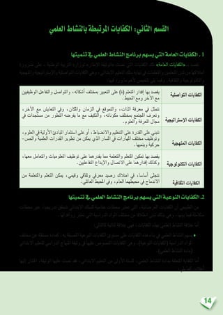 14
‫العلمي‬‫بالن�شاط‬‫املرتبطة‬‫الكفايات‬:‫الثاين‬‫الق�سم‬
‫تنميتها‬‫يف‬‫العلمي‬‫الن�شاط‬‫برنامج‬‫ي�سهم‬‫التي‬‫العامة‬‫الكفايات‬ . 1
‫�رضورة‬ ‫على‬ ، ‫الوطنية‬ ‫الرتبية‬ ‫لوزارة‬ »‫إطار‬‫ل‬‫ا‬ ‫«الوثيقة‬ ‫ن�صت‬ ‫التي‬ ‫الكفايات‬ ‫تلك‬ »‫العامة‬ ‫بــ«الكفايات‬ ‫نق�صد‬
‫واملنهجية‬‫إ�سرتاتيجية‬‫ل‬‫وا‬‫التوا�صلية‬‫الكفايات‬‫وهي‬،‫االبتدائي‬‫التعليم‬‫�سلك‬‫نهاية‬‫يف‬‫واملتعلمات‬‫املتعلمني‬‫لدن‬‫من‬‫امتالكها‬
:‫فيها‬ ‫ورد‬ ‫ما‬ ‫أهم‬‫ل‬ ‫تلخي�ص‬ ‫يلي‬ ‫وفيما‬ .‫والثقافية‬ ‫والتكنولوجية‬
‫التوا�صلية‬ ‫الكفايات‬
‫الوظيفيني‬ ‫والتفاعل‬ ‫والتوا�صل‬ ،‫أ�شكاله‬� ‫مبختلف‬ ‫التعبري‬ ‫على‬ )‫(ة‬ ‫املتعلم‬ ‫إقدار‬� ‫بها‬ ‫يق�صد‬
.‫املحيط‬ ‫ومع‬ ‫آخر‬‫ل‬‫ا‬ ‫مع‬
‫إ�سرتاتيجية‬‫ل‬‫ا‬ ‫الكفايات‬
،‫آخر‬‫ل‬‫ا‬ ‫مع‬ ‫التعاي�ش‬ ‫ويف‬ ،‫واملكان‬ ‫الزمان‬ ‫يف‬ ‫والتموقع‬ ،‫الذات‬ ‫معرفة‬ ‫يف‬ ‫تتمثل‬
‫يف‬ ‫م�ستجدات‬ ‫من‬ ‫التطور‬ ‫يفر�ضه‬ ‫ما‬ ‫مع‬ ‫والتكيف‬ ،‫مكوناته‬ ‫مبختلف‬ ‫املجتمع‬ ‫وتعرف‬
.‫والعلوم‬ ‫املعرفة‬ ‫جمال‬
‫املنهجية‬ ‫الكفايات‬
،‫العلوم‬ ‫يف‬ ‫أولية‬‫ل‬‫ا‬ ‫املبادئ‬ ‫ا�ستثمار‬ ‫على‬ ‫أو‬� ،‫واالن�ضباط‬ ‫التنظيم‬ ‫على‬ ‫القدرة‬ ‫على‬ ‫تنبني‬
–‫واحل�س‬ ‫العلمية‬ ‫القدرات‬ ‫تطوير‬ ‫من‬ ‫ميكن‬ ‫الذي‬ ‫امل�سار‬ ‫يف‬ ‫املهارات‬ ‫خمتلف‬ ‫وتوظيف‬
.‫وينميها‬ ‫حركية‬
‫التكنولوجية‬ ‫الكفايات‬
،‫معها‬ ‫والتعامل‬ ‫املعلوميات‬ ‫توظيف‬ ‫على‬ ‫يقدرهما‬ ‫مما‬ ‫واملتعلمة‬ ‫املتعلم‬ ‫متكني‬ ‫بها‬ ‫يق�صد‬
.‫التفاعليني‬ ‫إبداع‬‫ل‬‫وا‬ ‫االت�صال‬ ‫على‬ ‫إقدارهما‬� ‫وكذلك‬
‫الثقافية‬ ‫الكفايات‬
‫من‬ ‫واملتعلمة‬ ‫املتعلم‬ ‫ميكن‬ ،‫وقيمي‬ ‫وثقايف‬ ‫معريف‬ ‫ر�صيد‬ ‫امتالك‬ ‫يف‬ ،‫أ�سا�سا‬� ‫تتجلى‬
.‫العائلي‬ ‫املحيط‬ ‫ويف‬ ،‫العام‬ ‫حميطهما‬ ‫يف‬ ‫االندماج‬
‫تنميتها‬‫يف‬‫العلمي‬‫الن�شاط‬‫برنامج‬‫ي�سهم‬‫التي‬‫النوعية‬‫الكفايات‬.2
‫حمطات‬ ‫عرب‬ ،‫تدريجيا‬ ‫تتحقق‬ ‫االبتدائي‬ ‫لل�سلك‬ ‫ختامية‬ ‫حمطات‬ ‫تعترب‬ ‫التي‬ ،‫العر�ضانية‬ ‫الكفايات‬ ‫أن‬� ‫الطبيعي‬ ‫من‬
.‫لها‬ ‫روافد‬ ‫تعترب‬ ‫التي‬ ‫الدرا�سية‬ ‫املواد‬ ‫خمتلف‬ ‫من‬ ‫انطالقا‬ ‫تبنى‬ ‫بذلك‬ ‫وهي‬ ،‫بينها‬ ‫فيما‬ ‫متكاملة‬
:‫كالتايل‬ ‫ثنائية‬ ‫عالقة‬ ‫فهي‬ ،‫الكفايات‬ ‫بهذه‬ ‫العلمي‬ ‫الن�شاط‬ ‫عالقة‬ ‫أما‬�
‫خمتلف‬ ‫عن‬ ‫م�ستقلة‬ ‫كمادة‬ ،‫به‬ ‫الل�صيقة‬ ‫النوعية‬ ‫الكفايات‬ ‫م�ستوى‬ ‫على‬ ‫الكفايات‬ ‫هذه‬ ‫بناء‬ ‫يف‬ ‫العلمي‬ ‫الن�شاط‬ ‫ي�سهم‬♦
‫االبتدائي‬ ‫للتعليم‬ ‫الدرا�سي‬ ‫املنهاج‬ ‫وثيقة‬ ‫يف‬ ‫عليها‬ ‫املن�صو�ص‬ ‫الكفايات‬ ‫وهي‬ .)‫النوعية‬ ‫(الكفايات‬ ‫الدرا�سية‬ ‫املواد‬
.)‫العلمي‬ ‫الن�شاط‬ ‫(مادة‬
‫إليها‬� ‫امل�شار‬ ،‫الوثيقة‬ ‫عليها‬ ‫ن�صت‬ ‫فقد‬ ،‫االبتدائي‬ ‫التعليم‬ ‫من‬ ‫أوىل‬‫ل‬‫ا‬ ‫لل�سنة‬ ،‫العلمي‬ ‫الن�شاط‬ ‫مبادة‬ ‫املتعلقة‬ ‫الكفاية‬ ‫أما‬�
:‫يلي‬ ‫كما‬ ،‫أعاله‬�
 