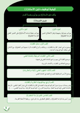 5
)‫أ�ستاذ(ة‬‫ل‬‫ا‬‫دليل‬‫توظيف‬‫كيفية‬
‫أق�سام‬� ‫وخم�سة‬ ‫أين‬�‫جز‬ ‫من‬ )‫أ�ستاذ(ة‬‫ل‬‫ا‬ ‫دليل‬ ‫ألف‬�‫يت‬
)‫أ�ستــــاذ(ة‬‫ل‬‫ا‬‫دليــــل‬
‫الكفايات‬ ‫مدخل‬ :‫أول‬‫ل‬‫ا‬ ‫الق�سم‬
‫االنفتاح‬ ‫مع‬ ،)‫املتعلم(ة‬ ‫لدى‬ ‫تنميتها‬ ‫املراد‬ ‫الكفايات‬ ‫أنواع‬�‫و‬ ‫ووظائف‬ ،‫بالكفايات‬ ‫املقاربة‬ ‫اختيار‬ ‫دواعي‬ ‫يو�ضح‬
.‫امل�ساعدة‬ ‫البيداغوجيات‬ ‫خمتلف‬ ‫على‬
‫بالكفابات‬ ‫املقاربة‬ ‫بيداغوجيات‬ :‫الرابع‬ ‫الق�سم‬
‫املرتبط‬ ،‫التعلمي‬ ‫الفعل‬ ُ‫ر‬ِ‫ـ‬ ّ‫تي�س‬ ‫التي‬ ‫بالكفايات‬ ‫املقاربة‬ ‫يف‬ ‫املعتمدة‬ ‫البيداغوجيات‬ ‫أهم‬� ‫حول‬ ‫موجزة‬ ‫و�صالت‬ ‫يقدم‬
)....،‫التق�صي‬ ‫بيداغوجيا‬ ،‫الفارقية‬ ‫البيداغوجيا‬ ،‫امل�رشوع‬ ‫بيداغوجيا‬ ،‫إ‬�‫اخلط‬ ‫(بيداغوجيا‬ :‫العلمي‬ ‫بالن�شاط‬
‫العلمي‬ ‫بالن�شاط‬ ‫املرتبطة‬ ‫الكفايات‬ :‫الثاين‬ ‫الق�سم‬
‫تنميتها؛‬ ‫يف‬ ‫العلمي‬ ‫الن�شاط‬ ‫برنامج‬ ‫ي�سهم‬ ‫التي‬ ‫الكفاية‬ ‫يو�ضح‬ ♦
.‫الرتبوية‬ ‫أهداف‬‫ل‬‫وا‬ ‫الكفايات‬ ‫بني‬ ‫العالقة‬ ‫يو�ضح‬ ♦
)‫واملقاربات‬ ‫(البناء‬ :‫العلمي‬ ‫املفهوم‬ :‫الثالث‬ ‫الق�سم‬
.‫العلمي‬ ‫الن�شاط‬ ‫يف‬ ‫املعتمد‬ ‫للنموذج‬ ‫الديدكتيكية‬ ‫أ�س�س‬‫ل‬‫ا‬ ‫يو�ضح‬
)‫(ة‬ ‫املتعلم‬ ‫كرا�سة‬ ‫تقدمي‬ :‫اخلام�س‬ ‫الق�سم‬
.‫املقرتحة‬ ‫أن�شطة‬‫ل‬‫ا‬ ‫ووظيفة‬ ،‫الربنامج‬ ‫بناء‬ ‫يف‬ ‫املتحكم‬ ‫واملنطلق‬ ،)‫(ة‬ ‫املتعلم‬ ‫كرا�سة‬ ‫بناء‬ ‫أ�س�س‬� ‫يربز‬
:‫الثاين‬ ‫اجلزء‬
‫الفعلي‬ ‫التدبري‬ ‫على‬ )‫أ�ستاذ(ة‬‫ل‬‫ا‬ ‫ت�ساعد‬ ‫عملية‬ ‫جوانب‬
)‫املتعلم(ة‬ ‫لكرا�سة‬
:‫أول‬‫ل‬‫ا‬ ‫اجلزء‬
‫لتدبري‬ ‫االنطالق‬ ‫ؤهل‬�‫ت‬ ‫ومنهجية‬ ‫معرفية‬ ‫جوانب‬
)‫املتعلم(ة‬ ‫كرا�سة‬
 