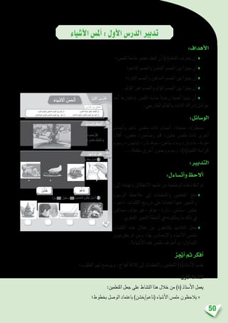 50
‫أ�شياء‬‫ل‬‫ا‬‫أمل�س‬�:‫أول‬‫ل‬‫ا‬‫الدر�س‬‫تدبري‬
:‫أهداف‬‫ل‬‫ا‬
‫اللم�س؛‬ ‫حا�سة‬ ‫ع�ضو‬ ‫اجللد‬ ‫أن‬� )‫املتعلم(ة‬ ‫يتعرف‬ ‫أن‬� ♦
‫الناعم؛‬ ‫واجل�سم‬ ‫اخل�شن‬ ‫اجل�سم‬ ‫بني‬ ‫مييزا‬ ‫أن‬� ♦
‫البارد؛‬ ‫واجل�سم‬ ‫ال�ساخن‬ ‫اجل�سم‬ ‫بني‬ ‫مييزا‬ ‫أن‬� ♦
.‫ؤمل‬�‫امل‬ ‫غري‬ ‫واجل�سم‬ ‫ؤمل‬�‫امل‬ ‫اجل�سم‬ ‫بني‬ ‫مييزا‬ ‫أن‬� ♦
‫أحد‬� ‫باعتبارها‬ ‫اللم�س‬ ‫حا�سة‬ ‫رعاية‬ ‫أهمية‬� ‫يتبينا‬ ‫أن‬� ♦
.‫اخلارجي‬ ‫والعامل‬ ‫الذات‬ ‫إدراك‬� ‫عوامل‬
:‫الو�سائل‬
‫أج�سام‬�‫و‬ ‫ناعم‬ ‫ملم�س‬ ‫ذات‬ ‫أج�سام‬� ،‫ممحاة‬ ،‫م�سطرة‬
‫أقالم‬� ،‫مق�ص‬ ،‫ر�صا�ص‬ ‫قلم‬ ،‫خ�شن‬ ‫ملم�س‬ ‫ذات‬ ‫أخرى‬�
‫ر�سوم‬ ،‫دبابي�س‬ ،‫نار‬ ‫موقد‬ ،‫�ساخن‬ ‫وماء‬ ‫بارد‬ ‫ماء‬ ،‫ملونة‬
...‫مكملة‬ ‫أخرى‬� ‫و�صور‬ ‫ر�سوم‬ ،)‫التلميذ(ة‬ ‫كرا�سة‬
:‫التدبري‬
:‫أت�ساءل‬�‫و‬‫أالحظ‬�
:‫إىل‬� ‫وتهدف‬ ‫االنطالق‬ ‫م�شهد‬ ‫من‬ ‫الو�ضعية‬ ‫هذه‬ ‫انتقاء‬ ‫مت‬
‫الر�سوم‬ ‫مالحظة‬ ‫إىل‬� ‫واملتعلمات‬ ‫املتعلمني‬ ‫دفع‬♦
– ‫ناعم‬ :‫الكلمات‬ ‫ترويج‬ ‫على‬ ‫اعتمادا‬ ‫عنها‬ ‫والتعبري‬
‫حماكني‬،‫ؤمل‬�‫م‬‫غري‬–‫ؤمل‬�‫م‬–‫بارد‬–‫�ساخن‬–‫خ�شن‬
.‫ال�شفوي‬ ‫التعبري‬ ‫أن�شطة‬� ‫يف‬ ‫ي�سلكونه‬ ‫ما‬ ‫ذلك‬ ‫يف‬
‫الكلمات‬ ‫هذه‬ ‫خالل‬ ‫من‬ ‫يكت�شفون‬ ‫التالميذ‬ ‫جعل‬♦
‫يطرحون‬ ‫ثم‬ ‫ومن‬ ،‫بها‬ ‫إح�سا�س‬‫ل‬‫وا‬ ‫أ�شياء‬‫ل‬‫ا‬ ‫ملم�س‬
.‫أ�شياء؟‬‫ل‬‫ا‬ ‫هذه‬ ‫ملم�س‬ ‫أتعرف‬� ‫مب‬ :‫ؤل‬�‫الت�سا‬
‫أجنز‬�‫ثم‬‫أفكر‬�
:‫املطلوب‬ ‫لهم‬ ‫ويو�ضح‬ ،‫أفواج‬� ‫ثالثة‬ ‫إىل‬� ‫واملتعلمات‬ ‫املتعلمني‬ )‫أ�ستاد(ة‬‫ل‬‫ا‬ ‫يق�سم‬
:‫أول‬‫ل‬‫ا‬ ‫الن�شاط‬
:‫املتعلمني‬ ‫جعل‬ ‫على‬ ‫الن�شاط‬ ‫هذا‬ ‫خالل‬ ‫من‬ )‫(ة‬ ‫أ�ستاذ‬‫ل‬‫ا‬ ‫يعمل‬
‫بخطوط؛‬ ‫الو�صل‬ ‫باعتماد‬ )‫(ناعم/خ�شن‬ ‫أ�شياء‬‫ل‬‫ا‬ ‫ملم�س‬ ‫يالحظون‬ ♦
10
: ِ‫س‬ْ‫َّر‬‫د‬‫ٱل‬ َ‫ن‬ِ‫م‬ ‫دافي‬ْ‫ه‬َ‫أ‬
َ‫ء‬‫يا‬ْ‫ش‬َ ْ‫ٱل‬ ُ‫س‬َ‫م‬‫ـ‬ْ‫ل‬َ‫أ‬
ُ‫ل‬َ‫ساء‬َ‫ت‬َ‫أ‬َ‫و‬ ُ‫ظ‬ِ‫الح‬ُ‫أ‬
ُ‫ز‬ِ‫ج‬ْ‫ن‬ُ‫أ‬ َّ‫م‬ُ‫ث‬ ُ‫ر‬ِّ‫ك‬َ‫ف‬ُ‫أ‬
:ِ‫ة‬َ‫طاق‬ِ‫ب‬ْ‫ل‬‫ٱ‬َ‫و‬ ِ‫م‬ ْ‫س‬َّ‫ر‬‫ٱل‬ َ‫ن‬ْ‫ي‬َ‫ب‬ ٍّ‫ط‬َ‫خ‬ِ‫ب‬ ُ‫ل‬ ِ‫ص‬َ‫أ‬
: ِ‫ب‬ ِ‫ناس‬ُ‫م‬ْ‫ل‬‫ٱ‬ ِ‫ن‬ْ‫و‬َّ‫ل‬‫ٱل‬ِ‫ب‬ ُ‫ن‬ِّ‫و‬‫ــ‬َ‫ل‬ُ‫أ‬
‫ِ؛‬‫د‬ِ‫بار‬ْ‫ل‬‫ٱ‬ ِ‫م‬ ْ‫س‬ِ‫ج‬ْ‫ل‬‫وٱ‬ ِ‫ن‬ِ‫اخ‬ ّ‫ٱلس‬ ِ‫م‬ ْ‫س‬ِ‫ج‬ْ‫ل‬‫ٱ‬ َ‫ْن‬‫ي‬َ‫ب‬ َ‫ز‬ِّ‫ي‬َ‫م‬ُ‫أ‬ ْ‫ن‬َ‫أ‬ - ‫؛‬ ِ‫ْس‬‫م‬َّ‫ل‬‫ٱل‬ ِ‫ة‬ َّ‫حاس‬ َ‫و‬ ْ‫ض‬ُ‫ع‬ َ‫ف‬ ِ‫ش‬َ‫ت‬ْ‫ك‬َ‫أ‬ ْ‫ن‬َ‫أ‬ -
.ِ‫ِم‬‫ل‬ْ‫ؤ‬ُ‫م‬‫ـ‬ْ‫ل‬‫ٱ‬ِ‫ْر‬‫ي‬َ‫غ‬ ِ‫م‬ ْ‫س‬ِ‫ج‬ْ‫ل‬‫وٱ‬ ِ‫ِم‬‫ل‬ْ‫ؤ‬ُ‫م‬‫ـ‬ْ‫ل‬‫ٱ‬ ِ‫م‬ ْ‫س‬ِ‫ج‬ْ‫ل‬‫ٱ‬ َ‫ْن‬‫ي‬َ‫ب‬ َ‫ز‬ِّ‫ي‬َ‫م‬ُ‫أ‬ ْ‫ن‬َ‫أ‬ - ‫؛‬ِ‫م‬ِ‫اع‬ّ‫ن‬‫ٱل‬ ِ‫م‬ ْ‫س‬ِ‫ج‬ْ‫ل‬‫وٱ‬ ِ‫ن‬ ِ‫ش‬َ‫خ‬ْ‫ل‬‫ٱ‬ ِ‫م‬ ْ‫س‬ِ‫ج‬ْ‫ل‬‫ٱ‬ َ‫ْن‬‫ي‬َ‫ب‬ َ‫ز‬ِّ‫ي‬َ‫م‬ُ‫أ‬ ْ‫ن‬َ‫أ‬ -
.‫س‬َ‫م‬ْ‫ل‬َ‫م‬ ٍ‫م‬ ْ‫س‬ِ‫ج‬ ِّ‫ل‬ُ‫ك‬ِ‫ل‬
‫؟‬ِ‫سام‬ْ‫ج‬َ ْ‫ٱل‬ ِ‫ه‬ِ‫ذ‬َ‫ه‬ َ‫س‬َ‫م‬ْ‫ل‬َ‫م‬ ُ‫ف‬َّ‫ر‬َ‫ع‬َ‫ت‬َ‫أ‬ َ‫م‬ِ‫ب‬
1
2‫ِن‬‫خ‬‫سا‬‫د‬ِ‫بار‬
‫ن‬ِ‫ش‬َ‫خ‬ ‫م‬ِ‫ناع‬
ُ‫ل‬ َّ‫و‬َ ْ‫ٱل‬ ُ‫س‬ْ‫َّر‬‫د‬‫ل‬َ‫ا‬
 