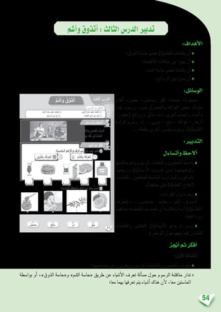 54
‫أ�شم‬�‫و‬‫أتذوق‬�:‫الثالث‬‫الدر�س‬‫تدبري‬
:‫أهداف‬‫ل‬‫ا‬
‫الذوق؛‬ ‫حا�سة‬ ‫ع�ضو‬ )‫املتعلم(ة‬ ‫يكت�شف‬ ‫أن‬� ♦
‫أطعمة؛‬‫ل‬‫ا‬ ‫مذاقات‬ ‫بني‬ ‫مييزا‬ ‫أن‬� ♦
‫ال�شم؛‬ ‫حا�سة‬ ‫ع�ضو‬ ‫يكت�شفا‬ ‫أن‬� ♦
‫الروائح؛‬ ‫بني‬ ‫مييزا‬ ‫أن‬� ♦
:‫الو�سائل‬
‫أقالم‬� ،‫مق�ص‬ ،‫ر�صا�ص‬ ‫قلم‬ ،‫ممحاة‬ ،‫م�سطرة‬
،‫لها‬ ‫ور�سوم‬ ‫�صور‬ ‫أو‬�‫رض‬�‫واخل‬ ‫الفواكه‬ ‫بع�ض‬ ،‫ملونة‬
-‫(عطور‬ ‫وروائح‬ ‫مذاق‬ ‫ذات‬ ‫أخرى‬� ‫أج�سام‬�‫و‬ ‫أ�شياء‬�‫و‬
‫كرا�سة‬ ‫ر�سوم‬ ،)...‫مربى‬ – ‫ملح‬ – ‫فواكه‬ – ‫أزهار‬�
...‫مكملة‬ ‫أخرى‬� ‫و�صور‬ ‫ر�سوم‬ ،)‫التلميذ(ة‬
:‫التدبري‬
‫أت�ساءل‬�‫و‬‫أالحظ‬�
‫مناق�شتها‬‫وتتم‬‫الر�سوم‬‫واملتعلمات‬‫املتعلمون‬‫يالحظ‬♦
‫أ�ستاذ(ة)،وربطه��ا‬‫ل‬‫ا‬ ‫ط��رف‬ ‫م��ن‬ ‫وتو�ضيحه��ا‬
‫واملتعلمات‬ ‫للمتعلمني‬ ‫اخلا�صة‬ ‫وبالتج��ارب‬ ‫بالواقع‬
.)‫بيئتهما‬ ‫على‬ )‫املتعلم(ة‬ ‫(انفتاح‬
:‫املفردات‬ ‫تداول‬ ‫ويتم‬ ♦
‫ليتعرف‬ ،...‫حام���ض‬ – ‫أ�شم...حل��و‬� – ‫أت��ذوق‬�
‫مبذاقه��ا‬ ‫أطعمت��ه‬� ‫يتع��رف‬ ‫أن‬� ‫إمكان��ه‬�‫ب‬ ‫أن��ه‬� )‫املتعل��م(ة‬
‫وروائحها؛‬
‫واملتعلمات‬ ‫املتعلمني‬ )‫أ�ستاذ(ة‬‫ل‬‫ا‬ ‫يدعو‬ ‫ثم‬ ‫ومن‬ ♦
.‫املو�ضوع‬ ‫حول‬ ‫بينهم‬ ‫فيما‬ ‫للتحاور‬
‫أجنز‬�‫ثم‬‫أفكر‬�
:‫أول‬‫ل‬‫ا‬ ‫الن�شاط‬
‫م�ضامينها؛‬ ‫عن‬ ‫ويعربون‬ ‫الر�سوم‬ ‫واملتعلمات‬ ‫املتعلمون‬ ‫يتعرف‬♦
‫بوا�سطة‬ ‫أو‬� ،»‫الذوق‬ ‫و«حا�سة‬ »‫ال�شم‬ ‫«حا�سة‬ ‫طريق‬ ‫عن‬ ‫أ�شياء‬‫ل‬‫ا‬ ‫تعرف‬ ‫ألة‬�‫س‬�‫م‬ ‫حول‬ ‫الر�سوم‬ ‫مناق�شة‬ ‫تدار‬♦
‫معا؛‬ ‫بهما‬ ‫تعرفها‬ ‫يتم‬ ‫أ�شياء‬� ‫هناك‬ ‫أن‬‫ل‬ ،‫معا‬ ‫احلا�ستني‬
14
: ِ‫س‬ْ‫َّر‬‫د‬‫ٱل‬ َ‫ن‬ِ‫م‬ ‫دافي‬ْ‫ه‬َ‫أ‬
ُّ‫م‬ ُ‫ش‬َ‫أ‬َ‫و‬ ُ‫ق‬َّ‫و‬َ‫ذ‬َ‫ت‬َ‫أ‬
:ِ‫ة‬َ‫ب‬ ِ‫ناس‬ُ‫م‬ْ‫ل‬‫ٱ‬ ِ‫ة‬َ‫طاق‬ِ‫ب‬ْ‫ل‬‫ٱ‬َ‫و‬ ِ‫م‬ْ‫ق‬َّ‫ر‬‫ٱل‬ َ‫ن‬ْ‫ي‬َ‫ب‬ ٍّ‫ط‬َ‫خ‬ِ‫ب‬ ُ‫ل‬ ِ‫ص‬َ‫أ‬ 2
ِ‫ق‬ْ‫و‬َّ‫ٱلذ‬ِ‫ب‬ ُ‫ه‬ُ‫ف‬َّ‫ر‬َ‫ع‬َ‫ت‬َ‫أ‬ ِّ‫م‬ َّ‫ٱلش‬ِ‫ب‬ ُ‫ه‬ُ‫ف‬َّ‫ر‬َ‫ع‬َ‫ت‬َ‫أ‬
‫و‬ْ‫ل‬ُ‫ح‬ّ‫ر‬ُ‫م‬‫ح‬ِ‫ل‬‫ما‬‫ض‬ِ‫م‬‫حا‬
ُ‫ِث‬‫ل‬‫ا‬ّ‫ث‬‫ٱل‬ ُ‫س‬ْ‫َّر‬‫د‬‫ل‬َ‫ا‬
ُ‫ل‬َ‫ساء‬َ‫ت‬َ‫أ‬َ‫و‬ ُ‫ظ‬ِ‫الح‬ُ‫أ‬
ُ‫ز‬ِ‫ج‬ْ‫ن‬ُ‫أ‬ َّ‫م‬ُ‫ث‬ ُ‫ر‬ِّ‫ك‬َ‫ف‬ُ‫أ‬
:َ‫ة‬َ‫ب‬ ِ‫ناس‬ُ‫م‬‫ـ‬ْ‫ل‬‫ٱ‬ َ‫م‬‫قا‬ْ‫ر‬َ ْ‫ٱل‬ِ‫و‬َ‫أ‬ َ‫م‬ْ‫ق‬َّ‫ر‬‫ٱل‬ ٍ‫م‬ ْ‫س‬َ‫ر‬ ِّ‫ل‬ُ‫ك‬ َ‫ت‬ْ‫ح‬َ‫ت‬ ُ‫ب‬ُ‫ت‬ْ‫ك‬َ‫أ‬
.‫ها‬ِ‫ح‬ِ‫ئ‬‫وا‬َ‫ر‬َ‫و‬ ‫ها‬ِ‫ق‬‫ذا‬َ‫م‬ِ‫ب‬ ‫ي‬ِ‫ت‬َ‫م‬ِ‫ع‬ْ‫ط‬َ‫أ‬ ُ‫ف‬َّ‫ر‬َ‫ع‬َ‫ت‬َ‫أ‬
.‫قائي‬ِ‫د‬ ْ‫ص‬َ‫أ‬ َ‫َع‬‫م‬ َ‫ك‬ِ‫ل‬َ‫ذ‬ ‫ي‬ِ‫ف‬ ُ‫َّث‬‫د‬َ‫ح‬َ‫ت‬َ‫أ‬
1
12
....... ....... ....... ....... .......
‫؛‬ِ‫م‬ َّ‫ٱلش‬ ِ‫ة‬ َّ‫حاس‬ َ‫و‬ ْ‫ض‬ُ‫ع‬ َ‫ف‬ ِ‫ش‬َ‫ت‬ْ‫ك‬َ‫أ‬ ْ‫ن‬َ‫أ‬ - ‫؛‬ ِ‫ق‬ْ‫و‬َّ‫ٱلذ‬ ِ‫ة‬ َّ‫حاس‬ َ‫و‬ ْ‫ض‬ُ‫ع‬ َ‫ف‬ ِ‫ش‬َ‫ت‬ْ‫ك‬َ‫أ‬ ْ‫ن‬َ‫أ‬ -
.ِ‫ِح‬‫ئ‬‫َّوا‬‫ر‬‫ال‬ َ‫ْن‬‫ي‬َ‫ب‬ َ‫ز‬ِّ‫ي‬َ‫م‬ُ‫أ‬ ْ‫ن‬َ‫أ‬ - ‫ِ؛‬‫ة‬َ‫م‬ِ‫ع‬ْ‫ط‬َ ْ‫ٱل‬ ِ‫َذاق‬‫م‬ َ‫ْن‬‫ي‬َ‫ب‬ َ‫ز‬ِّ‫ي‬َ‫م‬ُ‫أ‬ ْ‫ن‬َ‫أ‬ -
 