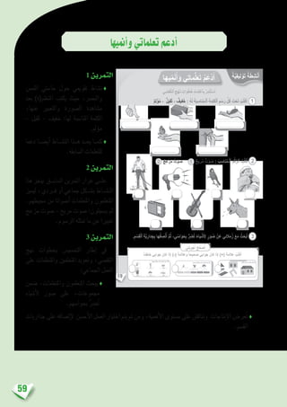 59
‫أمنيها‬�‫و‬‫تعلماتي‬‫أدعم‬�
1 ‫التمرين‬
‫اللم�س‬ ‫حا�ستي‬ ‫حول‬ ‫تقوميي‬ ‫ن�شاط‬♦
‫بعد‬ )‫املتعلم(ة‬ ‫يكتب‬ ‫حيث‬ ،‫والب�رص‬
،‫عنها‬ ‫والتعبري‬ ‫ال�صورة‬ ‫م�شاهدة‬
– ‫ثقيل‬ – ‫خفيف‬ :‫لها‬ ‫املنا�سبة‬ ‫الكلمة‬
.‫ؤمل‬�‫م‬
‫دعما‬ ‫أي�ض��ا‬� ‫الن�ش��اط‬ ‫ه��ذا‬ ‫يع��د‬ ‫كم��ا‬♦
.‫ال�سابقة‬ ‫للتعلمات‬
2 ‫التمرين‬
‫هذا‬ ‫ينجز‬ ‫ال�ساب��ق‬ ‫التمرين‬ ‫غرار‬ ‫عل��ى‬
‫ليميز‬ ،‫ف��ردي‬ ‫أو‬� ‫جماعي‬ ‫ب�ش��كل‬ ‫الن�ش��اط‬
.‫حميطهم‬ ‫من‬ ‫أ�صواتا‬� ‫واملتعلمات‬ ‫املتعلمون‬
‫مزعج‬ ‫�صوت‬ – ‫مريح‬ ‫�صوت‬ :‫ي�سجلون‬ ‫ثم‬
.‫الر�سوم‬ ‫متثله‬ ‫ما‬ ‫عن‬ ‫تعبريا‬
3 ‫التمرين‬
‫نهج‬ ‫بخطوات‬ ‫التح�سي�س‬ ‫إطار‬� ‫يف‬
‫على‬ ‫واملتعلمات‬ ‫املتعلمني‬ ‫وتعويد‬ ،‫التق�صي‬
:‫اجلماعي‬ ‫العمل‬
‫�ضمن‬ ،‫واملتعلمات‬ ‫املتعلمون‬ ‫يبحث‬ ♦
‫أ�شياء‬‫ل‬ ‫�صور‬ ‫على‬ ،‫جمموعات‬
.‫بحوا�سهم‬ ُِّ‫�ضر‬ُ‫ت‬
‫جداريات‬ ‫على‬ ‫إل�صاقه‬‫ل‬ ‫أح�سن‬‫ل‬‫ا‬ ‫العمل‬ ‫اختيار‬ ‫يتم‬ ‫ثم‬ ‫ومن‬ ،‫أهمية‬‫ل‬‫ا‬ ‫م�ستوى‬ ‫على‬ ‫وتناق�ش‬ ‫إنتاجات‬‫ل‬‫ا‬ ‫عر�ض‬ُ‫ت‬♦
.‫الق�سم‬
19
‫يها‬ّ‫م‬َ‫ن‬ُ‫أ‬َ‫و‬ ‫ماتي‬ُّ‫ل‬َ‫ع‬َ‫ت‬ ُ‫م‬َ‫ْع‬‫د‬َ‫أ‬
.ِ‫م‬ ْ‫س‬ِ‫ق‬ْ‫ل‬‫ٱ‬ ِ‫ة‬َّ‫ي‬ِ‫دار‬ِ‫ج‬ِ‫ب‬ ‫ها‬ُ‫ق‬ ِ‫ص‬ْ‫ل‬ُ‫أ‬ َّ‫م‬ُ‫ث‬ ،‫ي‬ ّ‫اس‬َ‫و‬َ‫ح‬ِ‫ب‬ ُّ‫ر‬ ِ‫ض‬ُ‫ت‬ َ‫ياء‬ ْ‫ش‬َ ِ‫ل‬ ٍ‫ر‬َ‫و‬ ُ‫ص‬ ْ‫ن‬َ‫ع‬ ‫الئي‬َ‫م‬ُ‫ز‬ َ‫َع‬‫م‬ ُ‫ث‬َ‫ح‬ْ‫ب‬َ‫أ‬
‫تي‬َ‫ب‬ِ‫و‬ْ‫ج‬َ‫أ‬ ُ‫ح‬ِّ‫ح‬ َ‫ص‬ُ‫أ‬
ً‫ا‬‫ئ‬ِ‫خاط‬ ‫ي‬ِ‫واب‬َ‫ج‬ َ‫كان‬ ‫ذا‬ِ‫إ‬ )-( َ‫ة‬َ‫م‬‫ال‬َ‫ع‬َ‫و‬ ً‫ا‬‫حيح‬ َ‫ص‬ ‫وابي‬َ‫ج‬ َ‫كان‬ ‫ذا‬ِ‫إ‬ )+( َ‫ة‬َ‫م‬‫ال‬َ‫ع‬ ُ‫ب‬ُ‫ت‬ْ‫ك‬َ‫أ‬
‫م‬ِ‫ل‬ْ‫ؤ‬ُ‫م‬ - ‫قيل‬َ‫ث‬ - ‫فيف‬َ‫خ‬ : ُ‫ه‬َ‫ل‬ َ‫ة‬َ‫ب‬ ِ‫ناس‬ُ‫م‬‫ـ‬ْ‫ل‬‫ٱ‬ َ‫ة‬َ‫م‬ِ‫ل‬َ‫ك‬ْ‫ل‬‫ٱ‬ ٍ‫م‬ ْ‫س‬َ‫ر‬ ِّ‫ل‬ُ‫ك‬ َ‫ت‬ْ‫ح‬َ‫ت‬ ُ‫ب‬ُ‫ت‬ْ‫ك‬َ‫أ‬
......................... .........................
.........................
.........................
.........................
1
‫ج‬ِ‫ع‬ْ‫ز‬ُ‫م‬ ‫ت‬ْ‫و‬ َ‫ص‬ ‫ريح‬ُ‫م‬ ‫ت‬ْ‫و‬ َ‫ص‬ : َ‫ب‬ ِ‫ناس‬ُ‫م‬‫ـ‬ْ‫ل‬‫ٱ‬ َ‫م‬ْ‫ق‬َّ‫ر‬‫ٱل‬ ُ‫ب‬ُ‫ت‬ْ‫ك‬َ‫أ‬12 2
3
‫ة‬َّ‫ي‬ِ‫ف‬‫لي‬ ْ‫و‬َ‫ت‬ ‫ة‬َ‫ط‬ِ‫ش‬ْ‫ن‬َ‫أ‬
‫ي‬ ّ‫ص‬َ‫ق‬َّ‫ت‬‫ٱل‬ ِ‫ج‬ْ‫ه‬َ‫ن‬ ِ‫وات‬ُ‫ط‬ُ‫خ‬ ِ‫د‬‫ما‬ِ‫ت‬ ْ‫ٱع‬ِ‫ب‬ ُ‫ر‬ِ‫م‬ْ‫ث‬َ‫ت‬ ْ‫س‬َ‫أ‬
 