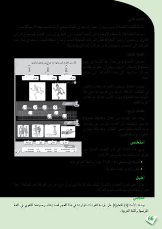 66
:‫الثاين‬ ‫الن�شاط‬
.‫املنا�سب‬ ‫الر�سم‬ ‫حتت‬ ‫املنا�سب‬ ‫الرقم‬ ‫بو�ضع‬ ‫الن�شاط‬ ‫ينجزان‬ ‫ثم‬ ،‫عنها‬ ‫ويعربان‬ ‫الر�سوم‬ ‫واملتعلمة‬ ‫املتعلم‬ ‫يالحظ‬
‫الدر�س‬ ‫(مو�ضوع‬ ‫املفا�صل‬ ‫دور‬ ‫إىل‬� ‫التطرق‬ ‫دون‬ ،‫اجل�سم‬ ‫أخذها‬�‫ي‬ ‫التي‬ ‫أو�ضاع‬‫ل‬‫ا‬ ‫خمتلف‬ ‫ملقارنة‬ ‫املناق�شة‬ ‫وتوجه‬
‫هذه‬ ‫إجناز‬� ‫يف‬ ‫وي�ستند‬ ،‫للج�سم‬ ‫خمتلفة‬ ‫أو�ضاع‬� ‫لتج�سيد‬ ‫امل�ستهدفة‬ ‫احلركات‬ ‫بع�ض‬ )‫املتعلم(ة‬ ‫ينجز‬ ‫أن‬� ‫وي�ستح�سن‬ .)‫الثاين‬
.‫البدنية‬ ‫الرتبية‬ ‫أثناء‬� ‫حركات‬ ‫من‬ ‫به‬ ‫يقومان‬ ‫ما‬ ‫ا�ستح�ضار‬ ‫إىل‬� ‫احلركات‬
:‫الثالث‬ ‫الن�شاط‬
‫جعل‬ ‫إىل‬� ‫الن�شاط‬ ‫هذا‬ ‫خالل‬ ‫من‬ )‫أ�ستاذ(ة‬‫ل‬‫ا‬ ‫يحر�ص‬
‫يقلدانها‬ ‫ثم‬ ‫عنها‬ ‫ويعربان‬ ‫الر�سوم‬ ‫يالحظان‬ )‫املتعلم(ة‬
‫حركها‬ ‫التي‬ ‫أطراف‬‫ل‬‫ا‬ ‫يحددا‬ ‫لكي‬ ،‫مت�شابهة‬ ‫بحركات‬
.‫أحمد‬�
‫الناق�ص‬ ‫إكمال‬�‫ب‬ ‫أطراف‬‫ل‬‫ا‬ ‫وي�سميان‬ ‫الن�شاط‬ ‫ينجزان‬
‫هذا‬ ‫ينمي‬ ‫مما‬ ‫بتلوينها‬ ‫يقومان‬ ‫ثم‬ ،‫املرافقة‬ ‫البطاقات‬ ‫يف‬
‫أهداف‬� ‫مع‬ ‫تكامليا‬ ‫التلوين‬ ‫مهارة‬ )‫املتعلم(ة‬ ‫عند‬ ‫الن�شاط‬
.‫الفنية‬ ‫الرتبية‬
:‫الرابع‬ ‫الن�شاط‬
)‫املتعلم(ة‬ ‫مالحظة‬ ‫خالل‬ ‫من‬ ‫الن�شاط‬ ‫هذا‬ ‫يهدف‬
‫مكونات‬ ‫بني‬ ‫من‬ ‫أن‬� ‫التعرف‬ ‫اىل‬ ‫وحتليلهما‬ ‫الر�سمني‬
‫ينجزان‬ ‫ذلك‬ ‫وبعد‬ .‫العظام‬ ‫ت�سمى‬ ‫�صلبة‬ ‫أج�سام‬� ‫توجد‬
.‫التلوين‬ ‫بوا�سطة‬ ‫املطلوب‬
‫أ�ستخل�ص‬�
‫عن‬ ‫اجلديدة‬ ‫التعلمات‬ ‫بناء‬ ‫إىل‬� ‫الن�شاط‬ ‫هذا‬ ‫يرمي‬
:‫أرقام‬‫ل‬‫ا‬ ‫من‬ ‫ينا�سب‬ ‫مبا‬ ‫اجلمل‬ ‫إمتام‬� ‫طريق‬
‫؛‬)4( ‫أطرايف‬� ‫بوا�سطة‬ ‫جريا‬ ‫أو‬� ‫قفزا‬ ‫أو‬� )1( ‫حميطي‬ ‫يف‬ ‫أحترك‬� ♦
.)3( ‫منها‬ ‫أجزاء‬� ‫من‬ )2( ‫تتكون‬ ♦
‫أطبق‬�
‫وهنا‬ .‫ال�سباحة‬ ‫وهو‬ ‫احلركة‬ ‫من‬ ‫آخر‬� ‫نوع‬ ‫إبراز‬� ‫إىل‬� ‫املرحلة‬ ‫هذه‬ ‫تهدف‬ ،‫املكت�سبة‬ ‫التعلمات‬ ‫تعزيز‬ ‫على‬ ‫عالوة‬
.‫احلركة‬ ‫لنوع‬ ‫املنا�سب‬ ‫الو�سط‬ ‫إ�شكالية‬� ‫نطرح‬
‫معجمي‬
‫اللغة‬ ‫يف‬ ‫اللغوي‬ ‫ر�صيدهما‬ ‫إغناء‬� ‫ق�صد‬ ‫املعجم‬ ‫هذا‬ ‫يف‬ ‫الواردة‬ ‫املفردات‬ ‫قراءة‬ ‫على‬ )‫املتعلم(ة‬ )‫أ�ستاذ(ة‬‫ل‬‫ا‬ ‫ي�ساعد‬
.‫العربية‬ ‫واللغة‬ ‫الفرن�سية‬
23
. ‫رافي‬ْ‫ط‬َ‫أ‬ ِ‫ة‬َ‫ط‬ ِ‫واس‬ِ‫ب‬ ً‫ا‬‫ي‬ْ‫ر‬َ‫ج‬ْ‫و‬َ‫أ‬ ً‫ا‬‫ز‬ْ‫ف‬َ‫ق‬ ْ‫و‬َ‫أ‬ ‫حيطي‬ُ‫م‬ ‫في‬ ُ‫ك‬َّ‫ر‬َ‫ح‬َ‫ت‬َ‫أ‬ - 1
. ‫ها‬ْ‫ن‬ِ‫م‬ ٍ‫زاء‬ْ‫ج‬َ‫أ‬ ْ‫ن‬ِ‫م‬ ُ‫ن‬َّ‫و‬َ‫ك‬َ‫ت‬َ‫ت‬ - 2
:ِ‫ة‬َ‫ب‬ ِ‫ناس‬ُ‫م‬ْ‫ل‬‫ٱ‬ ِ‫ة‬َ‫م‬ِ‫ل‬َ‫ك‬ْ‫ل‬‫ٱ‬ َ‫م‬ْ‫ق‬َ‫ر‬ ٍ‫ة‬َ‫ل‬ْ‫م‬ُ‫ج‬ ِّ‫ل‬ُ‫ك‬ ‫ي‬ِ‫ف‬ ُ‫ب‬ُ‫ت‬ْ‫ك‬َ‫أ‬
4 ِ‫ة‬َّ‫ي‬ِ‫ل‬ْ‫ف‬ ُّ‫ٱلس‬ - 3 ُ‫م‬‫ظا‬ِ‫ع‬ْ‫ل‬‫ٱ‬ - 2 ‫رافي‬ْ‫ط‬َ‫أ‬ - 1 ً‫ا‬‫ي‬ ْ‫ش‬َ‫م‬
:‫ها‬ُ‫ن‬ِّ‫و‬َ‫ل‬ُ‫أ‬ َّ‫م‬ُ‫ث‬ ‫ها‬ِ‫ت‬َ‫ب‬‫تا‬ِ‫ك‬ِ‫ب‬ ِ‫سوم‬ُّ‫ر‬‫ٱل‬ ‫في‬ ُ‫د‬َ‫م‬ْ‫ح‬َ‫أ‬ ‫ها‬َ‫ك‬َّ‫ر‬َ‫ح‬ ‫تي‬َّ‫ل‬‫ٱ‬ َ‫راف‬ْ‫ط‬َ ْ‫ٱل‬ ‫ي‬ّ‫م‬ َ‫س‬ُ‫أ‬
:‫رافي‬ْ‫ط‬َ ِ‫ل‬ َ‫َة‬‫ب‬ْ‫ل‬ َُّ‫ٱلص‬ َ‫زاء‬ْ‫ج‬َ ْ‫ٱل‬ ُ‫ن‬ِّ‫و‬َ‫ل‬ُ‫أ‬
3
4
ُ‫ص‬ِ‫ل‬ ْ‫خ‬َ‫ت‬ ْ‫س‬َ‫أ‬
.......................... ‫اف‬َ‫ر‬ْ‫ط‬َ‫أ‬......................... ‫ف‬َ‫ر‬َ‫ط‬......................... ِ‫فان‬َ‫ر‬َ‫ط‬
ُ‫ق‬ِّ‫ب‬َ‫ط‬ُ‫أ‬
‫ي‬ْ‫ر‬َ‫ج‬‫ي‬ ْ‫ش‬َ‫م‬‫ز‬ْ‫ف‬َ‫ق‬‫ة‬َ‫اح‬َ‫ب‬ ِ‫س‬
:ُ‫ه‬َ‫ل‬ ِ‫ة‬َ‫ب‬ ِ‫ناس‬ُ‫م‬‫ـ‬ْ‫ل‬‫ٱ‬ ِ‫ة‬َ‫طاق‬ِ‫ب‬ْ‫ل‬‫ٱ‬َ‫و‬ ِ‫م‬ ْ‫س‬َّ‫ر‬‫ٱل‬ َ‫ن‬ْ‫ي‬َ‫ب‬ ٍّ‫ط‬َ‫خ‬ِ‫ب‬ ُ‫ل‬ ِ‫ص‬َ‫أ‬
‫ي‬ِ‫م‬َ‫ْج‬‫ع‬ُ‫م‬
la course : ُ‫ي‬ْ‫ر‬َ‫ج‬ْ‫ل‬َ‫ا‬ la marche : ُ‫ي‬ْ‫ش‬َ‫م‬‫ـ‬ْ‫ل‬َ‫ا‬ le mouvement : ُ‫َة‬‫ك‬َ‫ر‬َ‫ح‬ْ‫ل‬َ‫ا‬
Les membres : ُ‫راف‬ْ‫ط‬َ ْ‫َل‬‫ا‬ Les os : ُ‫م‬‫ِظا‬‫ع‬ْ‫ل‬َ‫ا‬ le saut : ُ‫ز‬ْ‫ف‬َ‫ق‬ْ‫ل‬َ‫ا‬
 