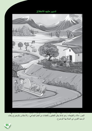 95
‫االنطالق‬‫م�شهد‬‫تدبري‬
‫هذا‬ ‫يف‬ ‫جديدة‬ ‫تعلمات‬ ‫بناء‬ ‫ق�صد‬ ‫ف�ضولهم‬ ‫إثارة‬�‫و‬ ،‫واملتعلمات‬ ‫املتعلمني‬ ‫لتحفيز‬ ‫انطالق‬ ‫و�ضعية‬ ‫الن�شاط‬ ‫يعتربهذا‬
‫إغناء‬�‫و‬ ‫باملو�ضوع‬ ‫واال�ستئنا�س‬ ،‫اجلماعي‬ ‫العمل‬ ‫من‬ ‫واملتعلمات‬ ‫املتعلمني‬ ‫ميكن‬ ‫ن�شاط‬ ‫وهو‬ ،»‫والطبيعة‬ ‫«املاء‬ :‫املحور‬
.‫املو�ضوع‬ ‫بهذا‬ ‫ال�صلة‬ ‫ذي‬ ‫اللغوي‬ ‫الر�صيد‬
 