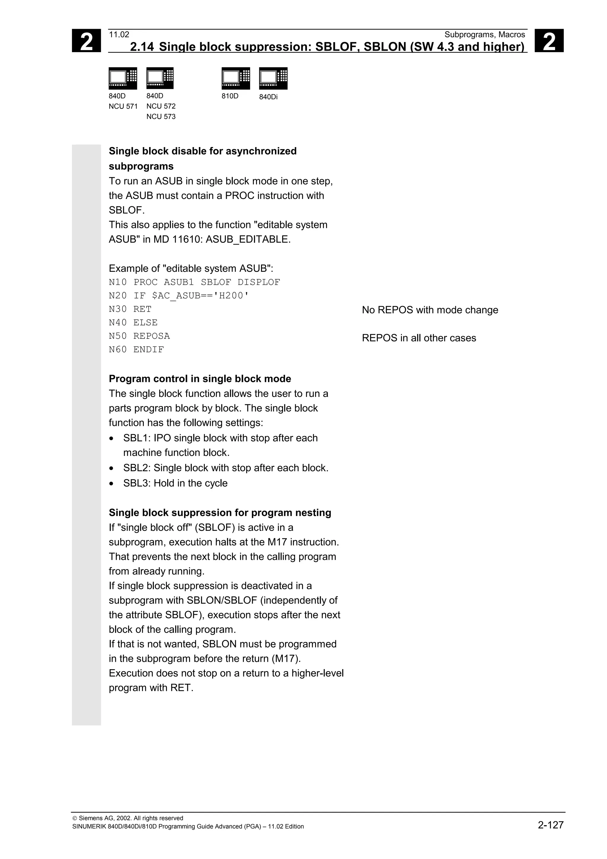 2
11.02 Subprograms, Macros
2.14 Single block suppression: SBLOF, SBLON (SW 4.3 and higher) 2
840D
NCU 571
840D
NCU 572
NCU 573
810D 840Di
 Siemens AG, 2002. All rights reserved
SINUMERIK 840D/840Di/810D Programming Guide Advanced (PGA) – 11.02 Edition 2-127
Single block disable for asynchronized
subprograms
To run an ASUB in single block mode in one step,
the ASUB must contain a PROC instruction with
SBLOF.
This also applies to the function "editable system
ASUB" in MD 11610: ASUB_EDITABLE.
Example of "editable system ASUB":
N10 PROC ASUB1 SBLOF DISPLOF
N20 IF $AC_ASUB=='H200'
N30 RET
N40 ELSE
N50 REPOSA
N60 ENDIF
No REPOS with mode change
REPOS in all other cases
Program control in single block mode
The single block function allows the user to run a
parts program block by block. The single block
function has the following settings:
• SBL1: IPO single block with stop after each
machine function block.
• SBL2: Single block with stop after each block.
• SBL3: Hold in the cycle
Single block suppression for program nesting
If "single block off" (SBLOF) is active in a
subprogram, execution halts at the M17 instruction.
That prevents the next block in the calling program
from already running.
If single block suppression is deactivated in a
subprogram with SBLON/SBLOF (independently of
the attribute SBLOF), execution stops after the next
block of the calling program.
If that is not wanted, SBLON must be programmed
in the subprogram before the return (M17).
Execution does not stop on a return to a higher-level
program with RET.
 