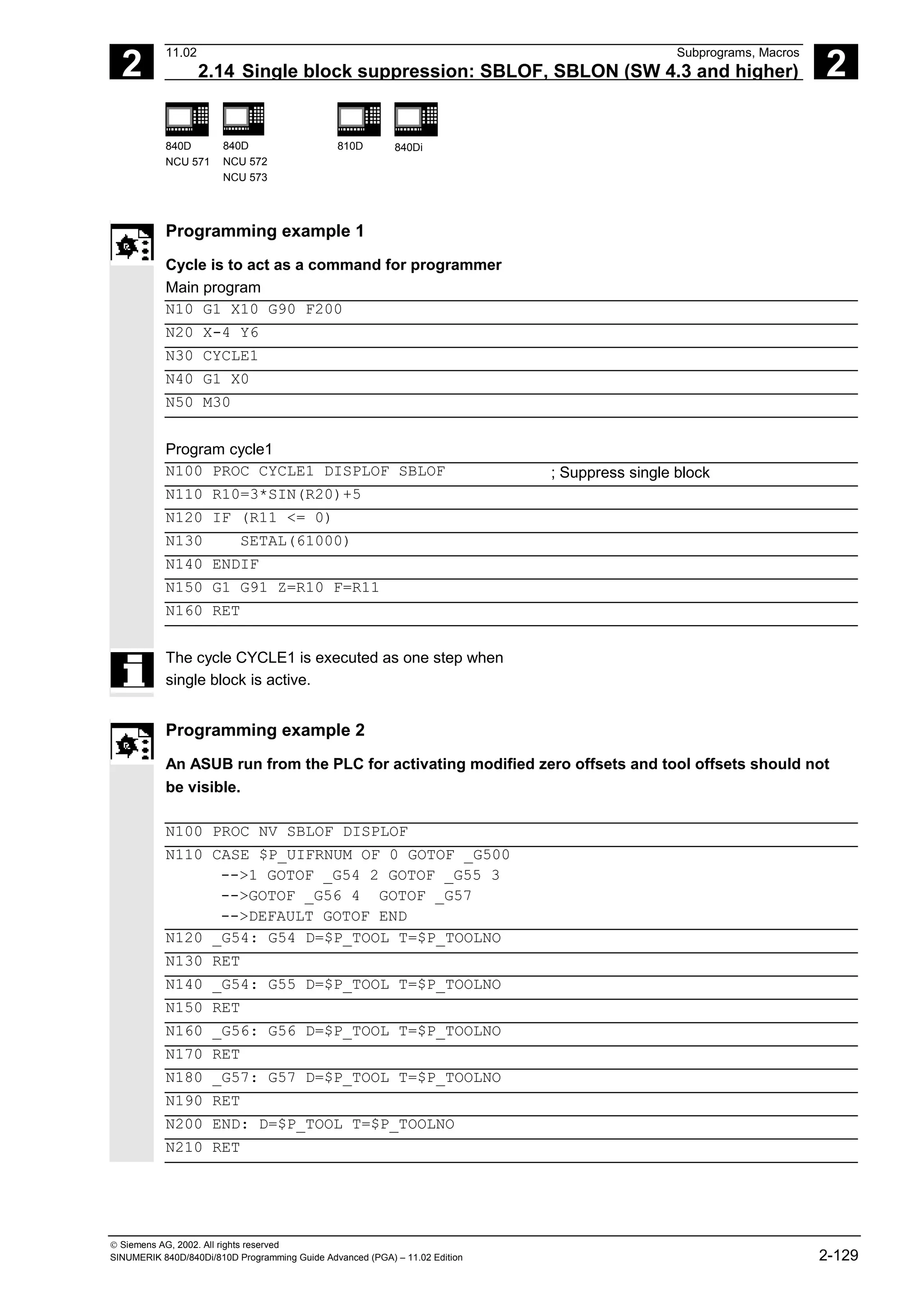 2
11.02 Subprograms, Macros
2.14 Single block suppression: SBLOF, SBLON (SW 4.3 and higher) 2
840D
NCU 571
840D
NCU 572
NCU 573
810D 840Di
 Siemens AG, 2002. All rights reserved
SINUMERIK 840D/840Di/810D Programming Guide Advanced (PGA) – 11.02 Edition 2-129
Programming example 1
Cycle is to act as a command for programmer
Main program
N10 G1 X10 G90 F200
N20 X-4 Y6
N30 CYCLE1
N40 G1 X0
N50 M30
Program cycle1
N100 PROC CYCLE1 DISPLOF SBLOF ; Suppress single block
N110 R10=3*SIN(R20)+5
N120 IF (R11 <= 0)
N130 SETAL(61000)
N140 ENDIF
N150 G1 G91 Z=R10 F=R11
N160 RET
The cycle CYCLE1 is executed as one step when
single block is active.
Programming example 2
An ASUB run from the PLC for activating modified zero offsets and tool offsets should not
be visible.
N100 PROC NV SBLOF DISPLOF
N110 CASE $P_UIFRNUM OF 0 GOTOF _G500
-->1 GOTOF _G54 2 GOTOF _G55 3
-->GOTOF _G56 4 GOTOF _G57
-->DEFAULT GOTOF END
N120 _G54: G54 D=$P_TOOL T=$P_TOOLNO
N130 RET
N140 _G54: G55 D=$P_TOOL T=$P_TOOLNO
N150 RET
N160 _G56: G56 D=$P_TOOL T=$P_TOOLNO
N170 RET
N180 _G57: G57 D=$P_TOOL T=$P_TOOLNO
N190 RET
N200 END: D=$P_TOOL T=$P_TOOLNO
N210 RET
 