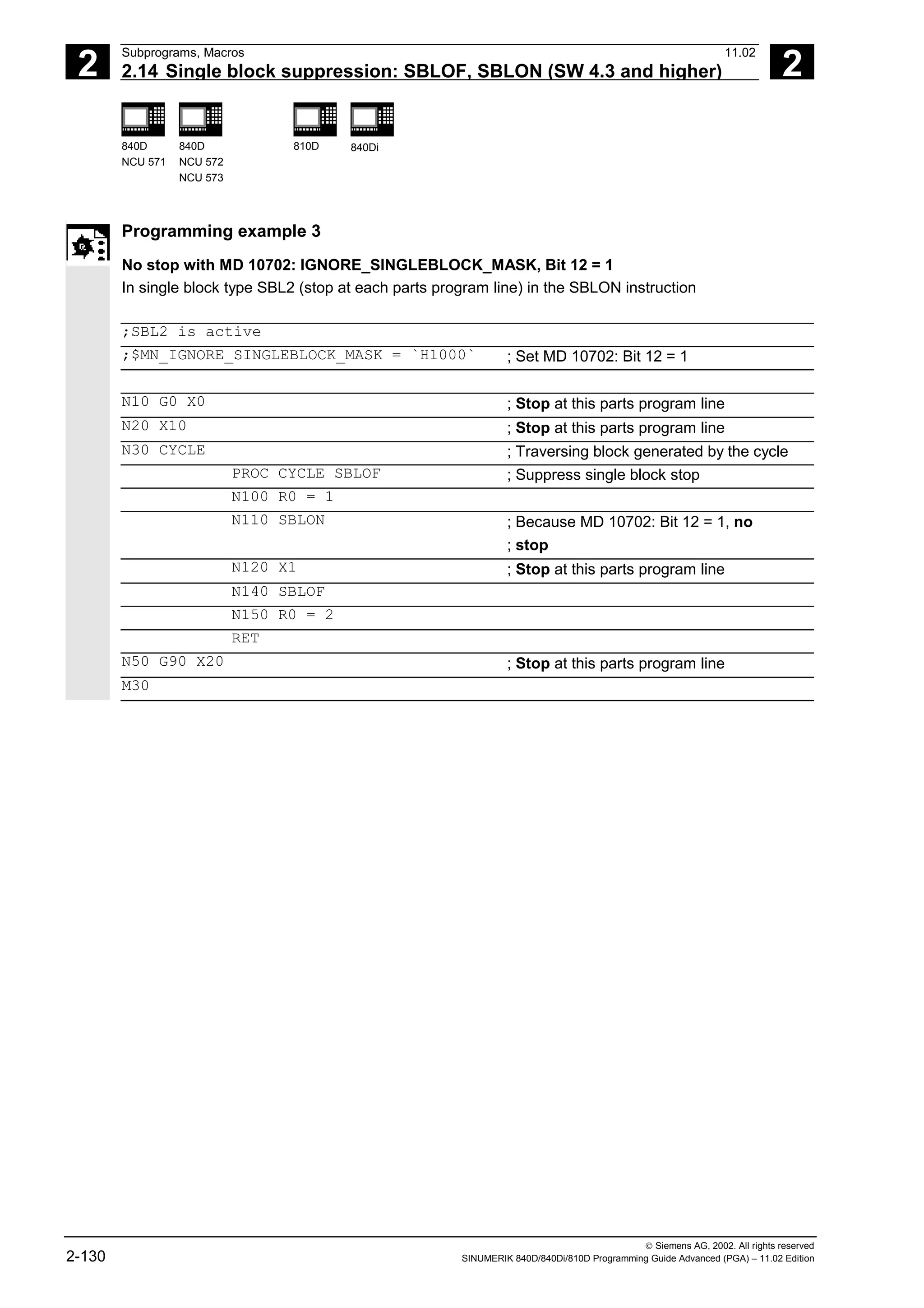 2
Subprograms, Macros 11.02
2.14 Single block suppression: SBLOF, SBLON (SW 4.3 and higher) 2
840D
NCU 571
840D
NCU 572
NCU 573
810D 840Di
 Siemens AG, 2002. All rights reserved
2-130 SINUMERIK 840D/840Di/810D Programming Guide Advanced (PGA) – 11.02 Edition
Programming example 3
No stop with MD 10702: IGNORE_SINGLEBLOCK_MASK, Bit 12 = 1
In single block type SBL2 (stop at each parts program line) in the SBLON instruction
;SBL2 is active
;$MN_IGNORE_SINGLEBLOCK_MASK = `H1000` ; Set MD 10702: Bit 12 = 1
N10 G0 X0 ; Stop at this parts program line
N20 X10 ; Stop at this parts program line
N30 CYCLE ; Traversing block generated by the cycle
PROC CYCLE SBLOF ; Suppress single block stop
N100 R0 = 1
N110 SBLON ; Because MD 10702: Bit 12 = 1, no
; stop
N120 X1 ; Stop at this parts program line
N140 SBLOF
N150 R0 = 2
RET
N50 G90 X20 ; Stop at this parts program line
M30
 
