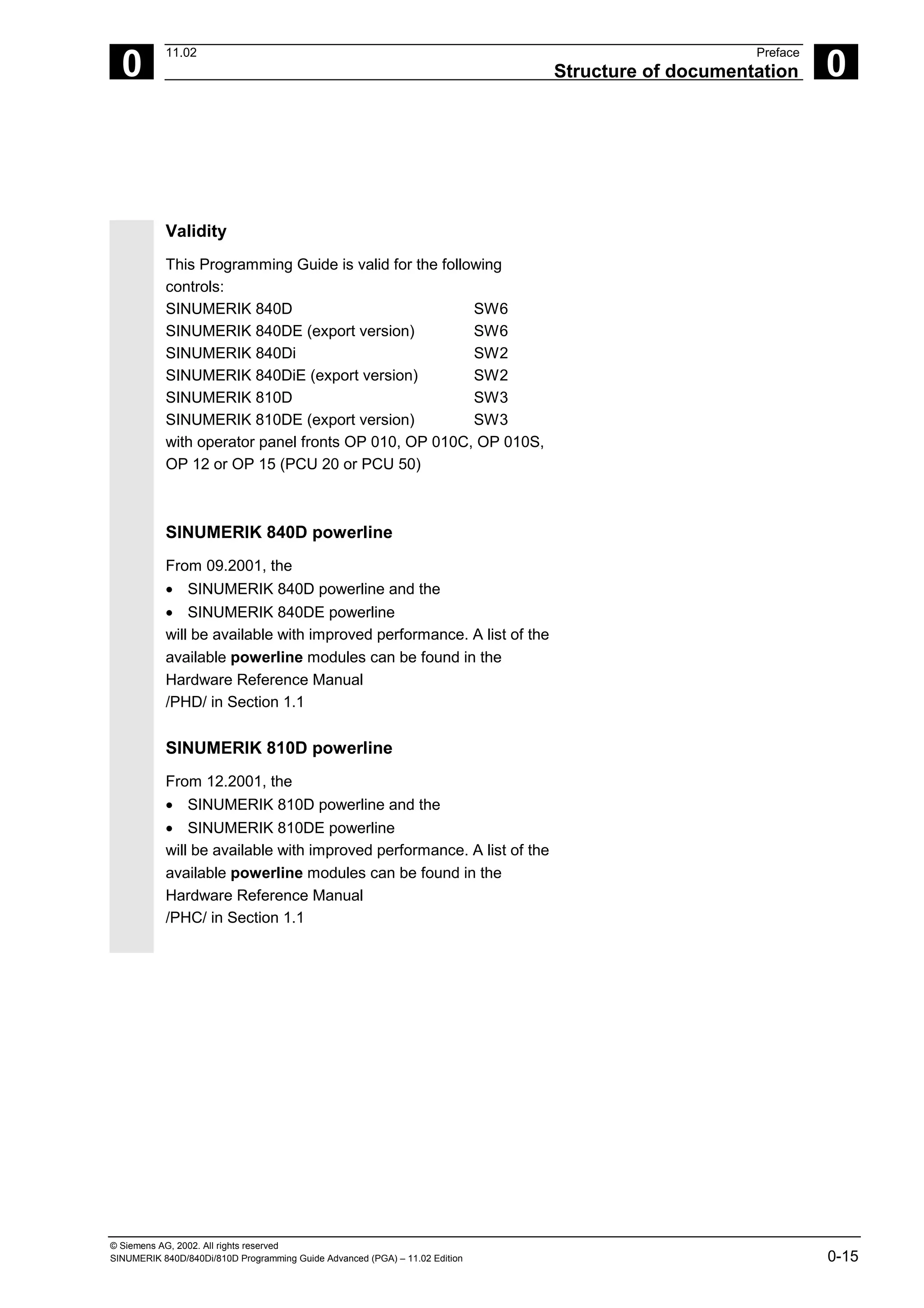 © Siemens AG, 2002. All rights reserved
SINUMERIK 840D/840Di/810D Programming Guide Advanced (PGA) – 11.02 Edition 0-15
0
11.02 Preface
Structure of documentation 0
Validity
This Programming Guide is valid for the following
controls:
SINUMERIK 840D SW6
SINUMERIK 840DE (export version) SW6
SINUMERIK 840Di SW2
SINUMERIK 840DiE (export version) SW2
SINUMERIK 810D SW3
SINUMERIK 810DE (export version) SW3
with operator panel fronts OP 010, OP 010C, OP 010S,
OP 12 or OP 15 (PCU 20 or PCU 50)
SINUMERIK 840D powerline
From 09.2001, the
• SINUMERIK 840D powerline and the
• SINUMERIK 840DE powerline
will be available with improved performance. A list of the
available powerline modules can be found in the
Hardware Reference Manual
/PHD/ in Section 1.1
SINUMERIK 810D powerline
From 12.2001, the
• SINUMERIK 810D powerline and the
• SINUMERIK 810DE powerline
will be available with improved performance. A list of the
available powerline modules can be found in the
Hardware Reference Manual
/PHC/ in Section 1.1
 