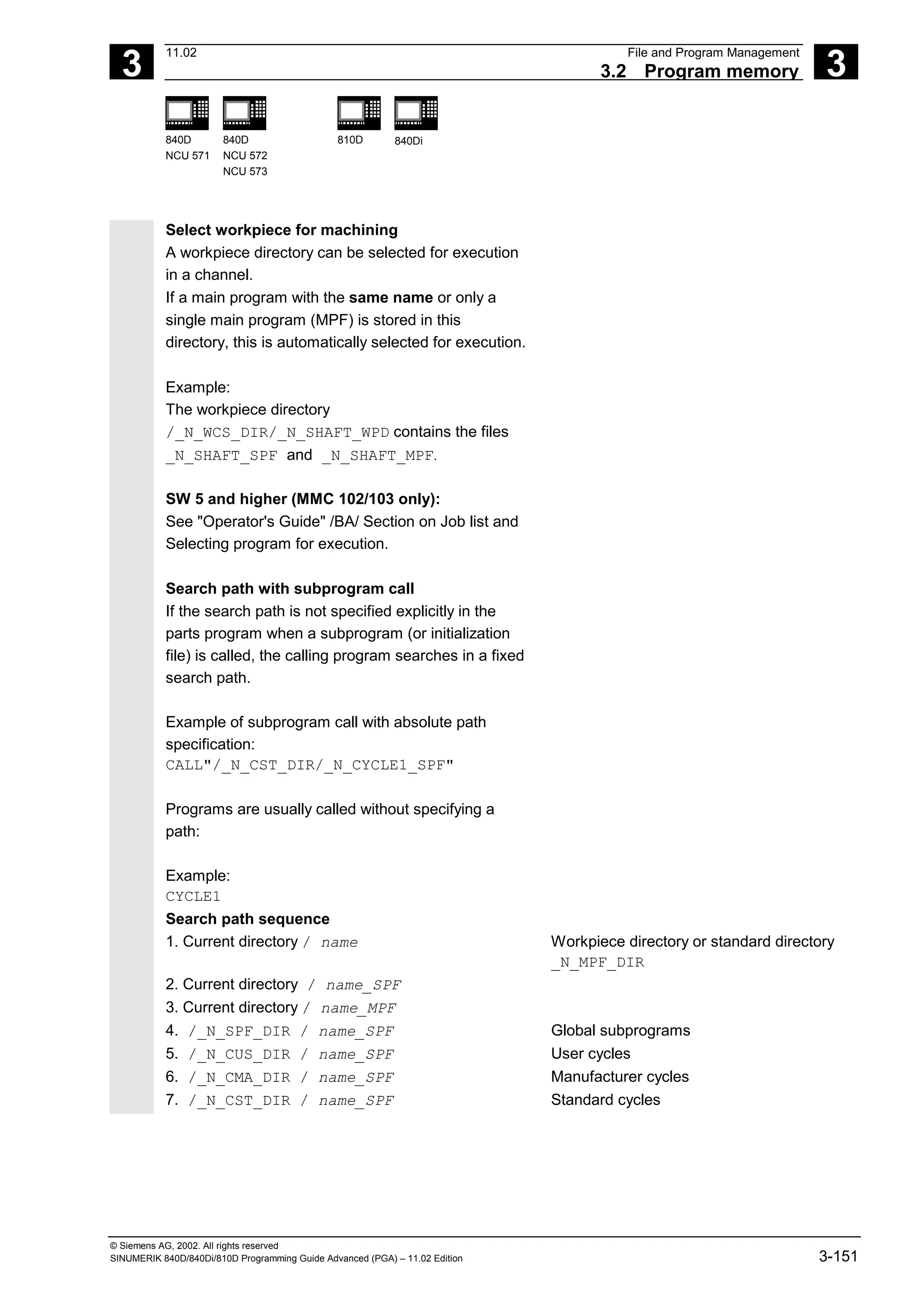 3
11.02 File and Program Management
3.2 Program memory 3
840D
NCU 571
840D
NCU 572
NCU 573
810D 840Di
© Siemens AG, 2002. All rights reserved
SINUMERIK 840D/840Di/810D Programming Guide Advanced (PGA) – 11.02 Edition 3-151
Select workpiece for machining
A workpiece directory can be selected for execution
in a channel.
If a main program with the same name or only a
single main program (MPF) is stored in this
directory, this is automatically selected for execution.
Example:
The workpiece directory
/_N_WCS_DIR/_N_SHAFT_WPD contains the files
_N_SHAFT_SPF and _N_SHAFT_MPF.
SW 5 and higher (MMC 102/103 only):
See "Operator's Guide" /BA/ Section on Job list and
Selecting program for execution.
Search path with subprogram call
If the search path is not specified explicitly in the
parts program when a subprogram (or initialization
file) is called, the calling program searches in a fixed
search path.
Example of subprogram call with absolute path
specification:
CALL"/_N_CST_DIR/_N_CYCLE1_SPF"
Programs are usually called without specifying a
path:
Example:
CYCLE1
Search path sequence
1. Current directory / name Workpiece directory or standard directory
_N_MPF_DIR
2. Current directory / name_SPF
3. Current directory / name_MPF
4. /_N_SPF_DIR / name_SPF Global subprograms
5. /_N_CUS_DIR / name_SPF User cycles
6. /_N_CMA_DIR / name_SPF Manufacturer cycles
7. /_N_CST_DIR / name_SPF Standard cycles
 