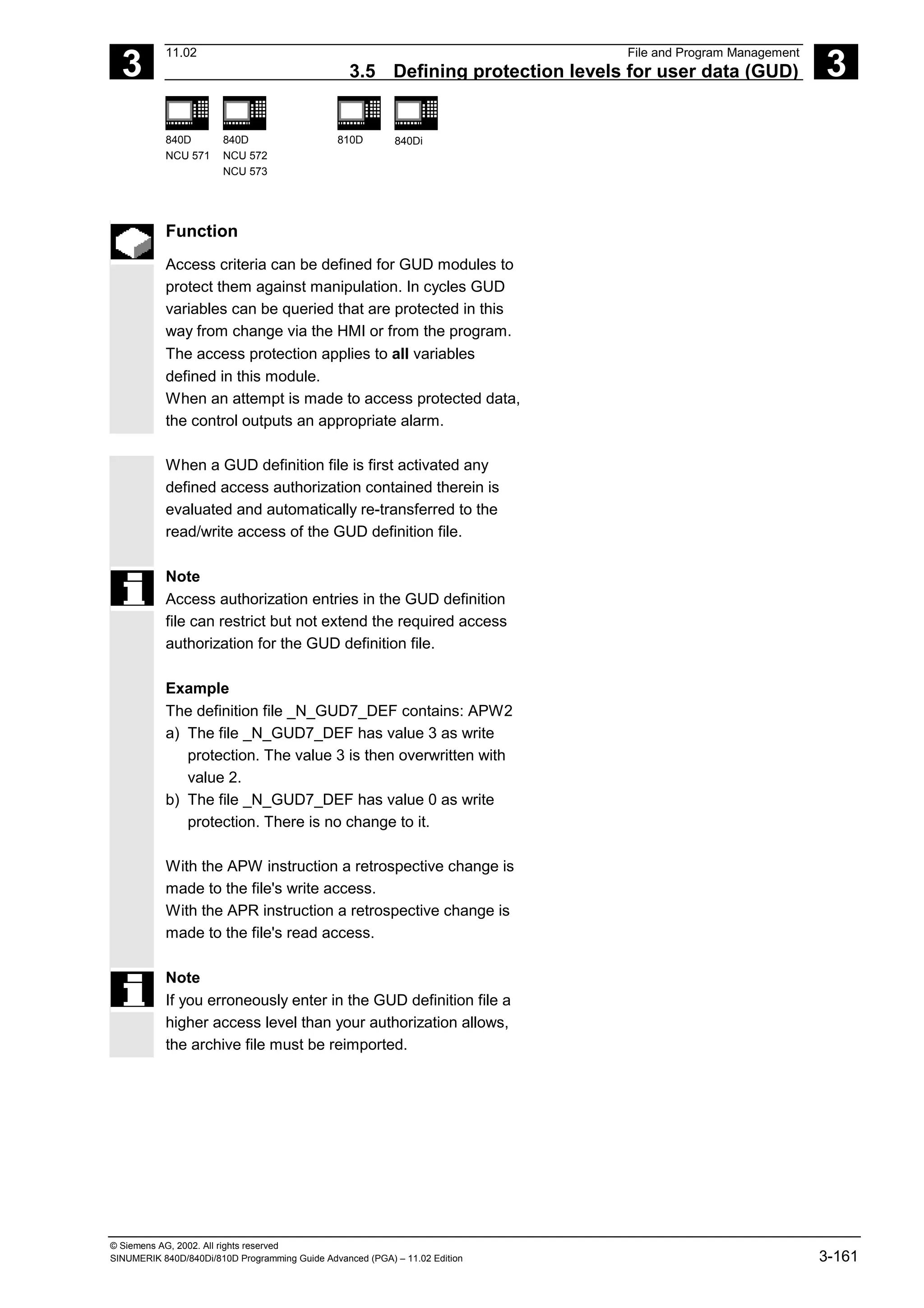 3
11.02 File and Program Management
3.5 Defining protection levels for user data (GUD) 3
840D
NCU 571
840D
NCU 572
NCU 573
810D 840Di
© Siemens AG, 2002. All rights reserved
SINUMERIK 840D/840Di/810D Programming Guide Advanced (PGA) – 11.02 Edition 3-161
Function
Access criteria can be defined for GUD modules to
protect them against manipulation. In cycles GUD
variables can be queried that are protected in this
way from change via the HMI or from the program.
The access protection applies to all variables
defined in this module.
When an attempt is made to access protected data,
the control outputs an appropriate alarm.
When a GUD definition file is first activated any
defined access authorization contained therein is
evaluated and automatically re-transferred to the
read/write access of the GUD definition file.
Note
Access authorization entries in the GUD definition
file can restrict but not extend the required access
authorization for the GUD definition file.
Example
The definition file _N_GUD7_DEF contains: APW2
a) The file _N_GUD7_DEF has value 3 as write
protection. The value 3 is then overwritten with
value 2.
b) The file _N_GUD7_DEF has value 0 as write
protection. There is no change to it.
With the APW instruction a retrospective change is
made to the file's write access.
With the APR instruction a retrospective change is
made to the file's read access.
Note
If you erroneously enter in the GUD definition file a
higher access level than your authorization allows,
the archive file must be reimported.
 