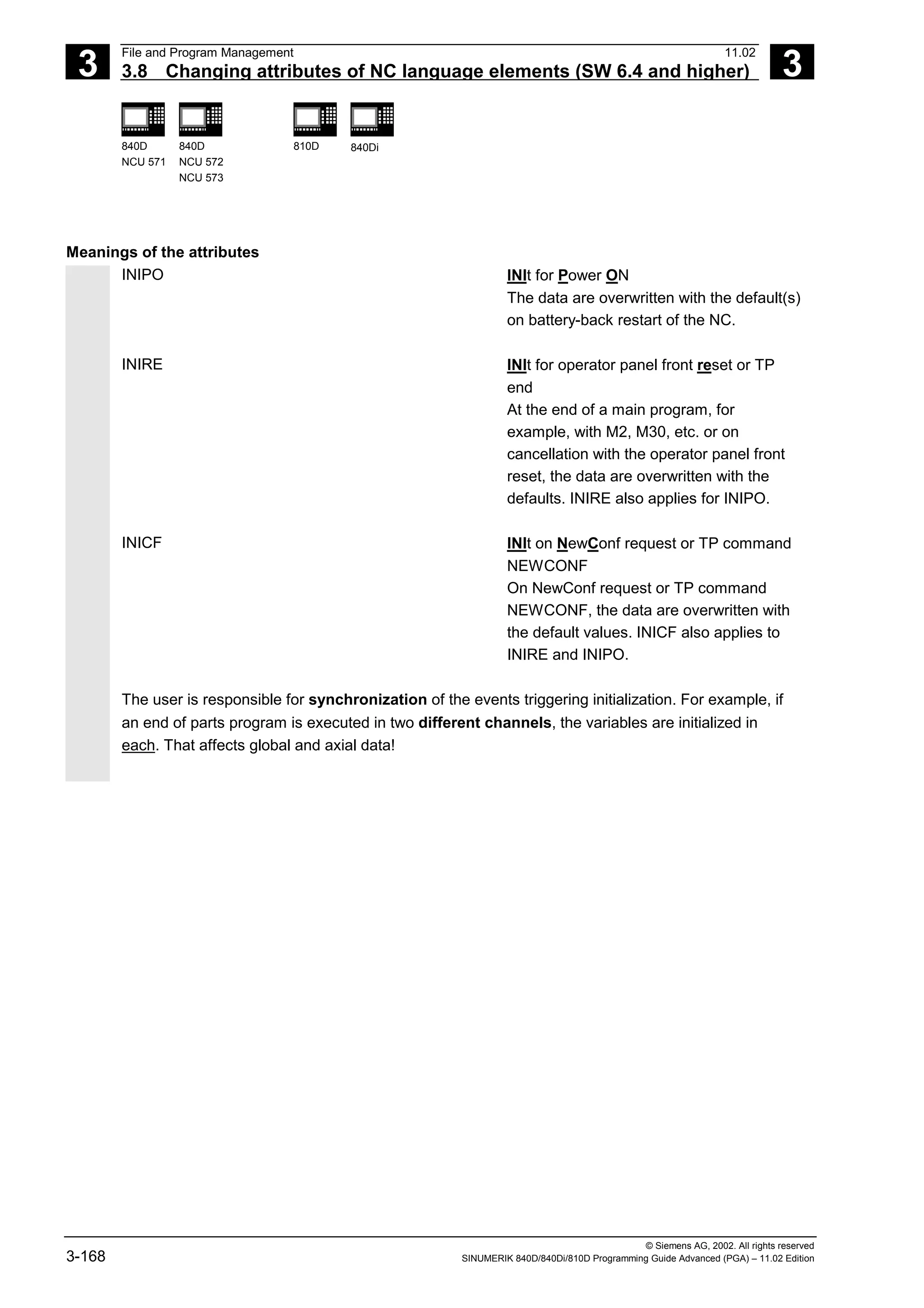 3
File and Program Management 11.02
3.8 Changing attributes of NC language elements (SW 6.4 and higher) 3
840D
NCU 571
840D
NCU 572
NCU 573
810D 840Di
© Siemens AG, 2002. All rights reserved
3-168 SINUMERIK 840D/840Di/810D Programming Guide Advanced (PGA) – 11.02 Edition
Meanings of the attributes
INIPO INIt for Power ON
The data are overwritten with the default(s)
on battery-back restart of the NC.
INIRE INIt for operator panel front reset or TP
end
At the end of a main program, for
example, with M2, M30, etc. or on
cancellation with the operator panel front
reset, the data are overwritten with the
defaults. INIRE also applies for INIPO.
INICF INIt on NewConf request or TP command
NEWCONF
On NewConf request or TP command
NEWCONF, the data are overwritten with
the default values. INICF also applies to
INIRE and INIPO.
The user is responsible for synchronization of the events triggering initialization. For example, if
an end of parts program is executed in two different channels, the variables are initialized in
each. That affects global and axial data!
 
