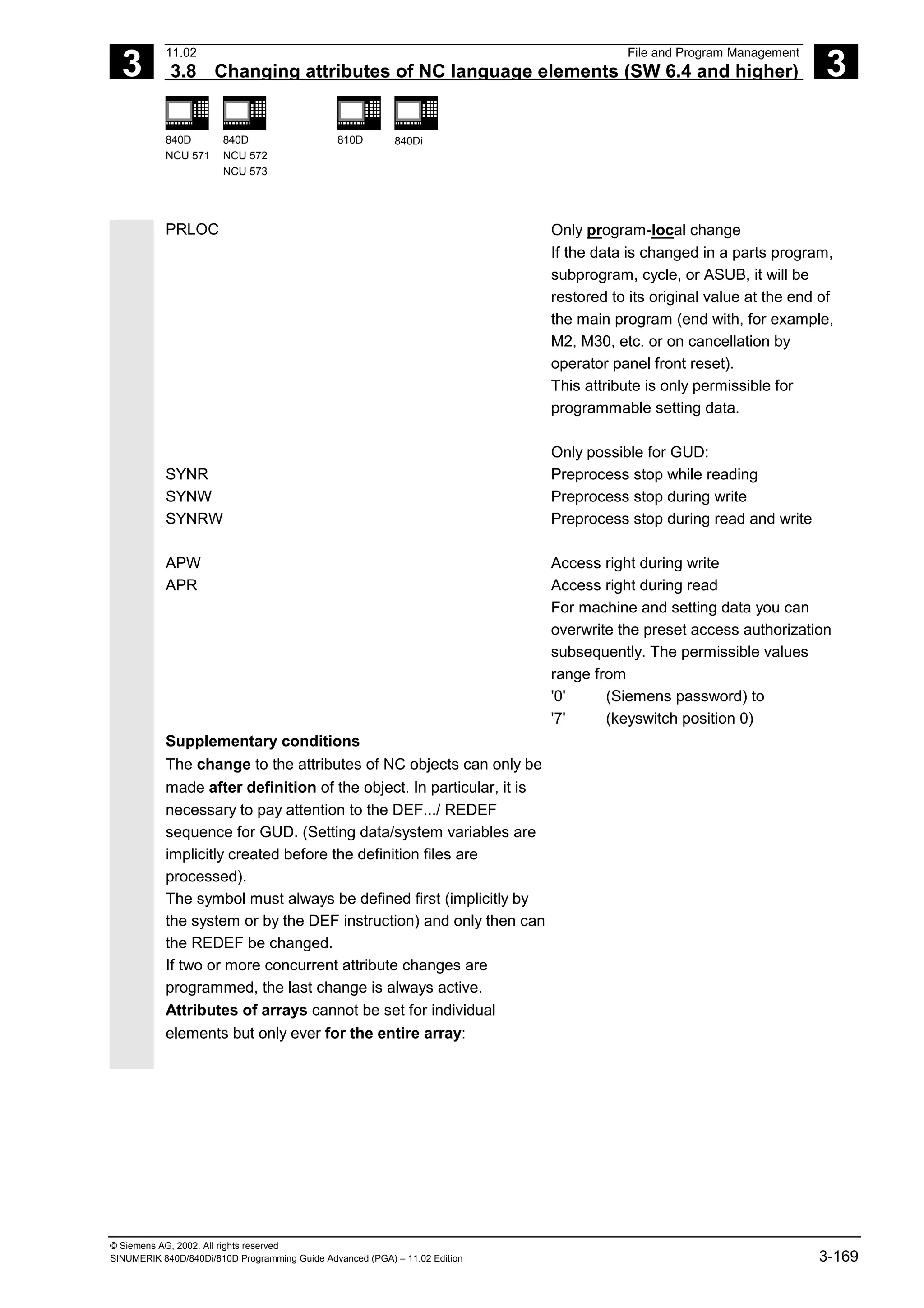 3
11.02 File and Program Management
3.8 Changing attributes of NC language elements (SW 6.4 and higher) 3
840D
NCU 571
840D
NCU 572
NCU 573
810D 840Di
© Siemens AG, 2002. All rights reserved
SINUMERIK 840D/840Di/810D Programming Guide Advanced (PGA) – 11.02 Edition 3-169
PRLOC Only program-local change
If the data is changed in a parts program,
subprogram, cycle, or ASUB, it will be
restored to its original value at the end of
the main program (end with, for example,
M2, M30, etc. or on cancellation by
operator panel front reset).
This attribute is only permissible for
programmable setting data.
SYNR
SYNW
SYNRW
Only possible for GUD:
Preprocess stop while reading
Preprocess stop during write
Preprocess stop during read and write
APW
APR
Access right during write
Access right during read
For machine and setting data you can
overwrite the preset access authorization
subsequently. The permissible values
range from
'0' (Siemens password) to
'7' (keyswitch position 0)
Supplementary conditions
The change to the attributes of NC objects can only be
made after definition of the object. In particular, it is
necessary to pay attention to the DEF.../ REDEF
sequence for GUD. (Setting data/system variables are
implicitly created before the definition files are
processed).
The symbol must always be defined first (implicitly by
the system or by the DEF instruction) and only then can
the REDEF be changed.
If two or more concurrent attribute changes are
programmed, the last change is always active.
Attributes of arrays cannot be set for individual
elements but only ever for the entire array:
 