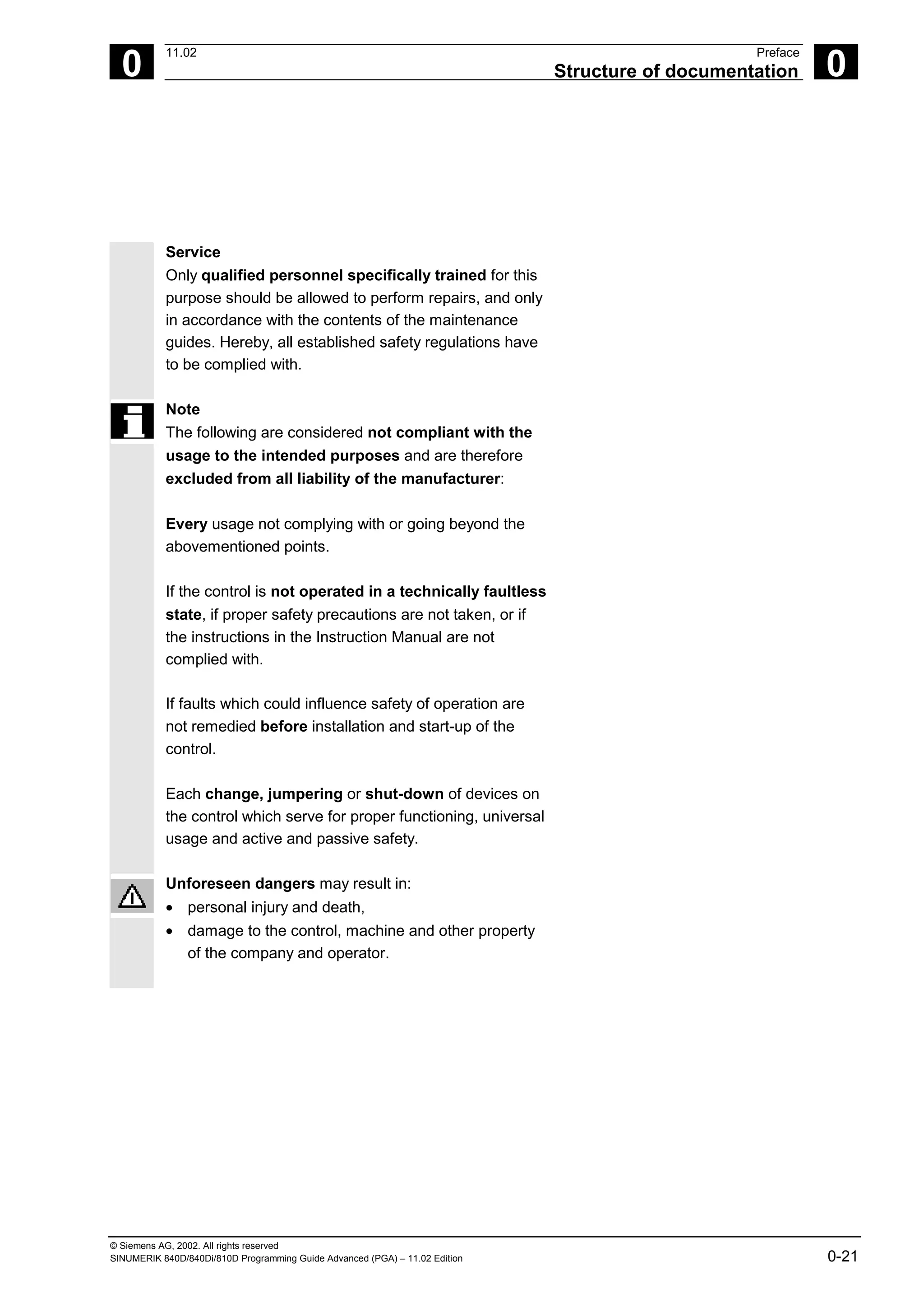 © Siemens AG, 2002. All rights reserved
SINUMERIK 840D/840Di/810D Programming Guide Advanced (PGA) – 11.02 Edition 0-21
0
11.02 Preface
Structure of documentation 0
Service
Only qualified personnel specifically trained for this
purpose should be allowed to perform repairs, and only
in accordance with the contents of the maintenance
guides. Hereby, all established safety regulations have
to be complied with.
Note
The following are considered not compliant with the
usage to the intended purposes and are therefore
excluded from all liability of the manufacturer:
Every usage not complying with or going beyond the
abovementioned points.
If the control is not operated in a technically faultless
state, if proper safety precautions are not taken, or if
the instructions in the Instruction Manual are not
complied with.
If faults which could influence safety of operation are
not remedied before installation and start-up of the
control.
Each change, jumpering or shut-down of devices on
the control which serve for proper functioning, universal
usage and active and passive safety.
Unforeseen dangers may result in:
• personal injury and death,
• damage to the control, machine and other property
of the company and operator.
 