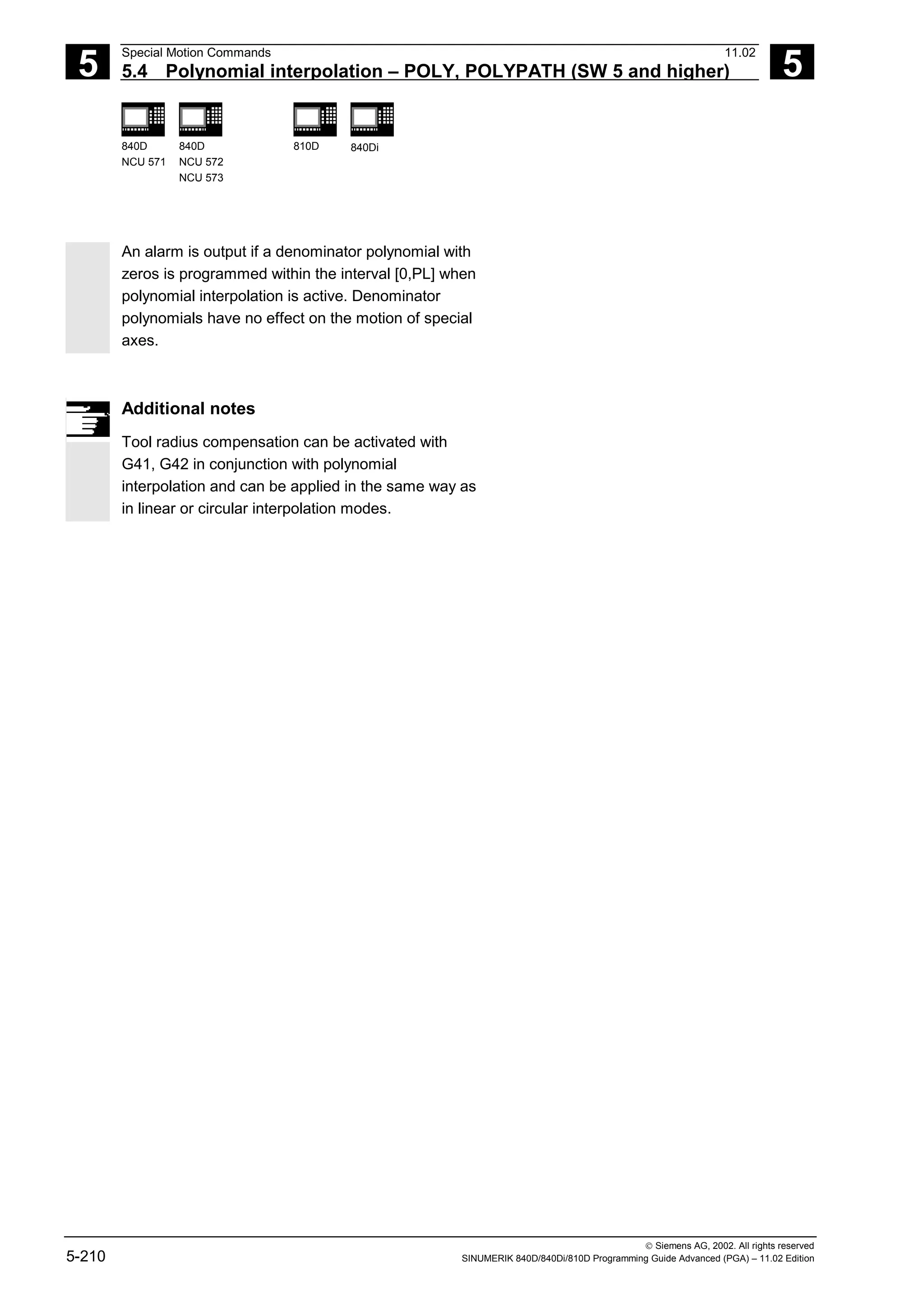 5
Special Motion Commands 11.02
5.4 Polynomial interpolation – POLY, POLYPATH (SW 5 and higher) 5
840D
NCU 571
840D
NCU 572
NCU 573
810D 840Di
 Siemens AG, 2002. All rights reserved
5-210 SINUMERIK 840D/840Di/810D Programming Guide Advanced (PGA) – 11.02 Edition
An alarm is output if a denominator polynomial with
zeros is programmed within the interval [0,PL] when
polynomial interpolation is active. Denominator
polynomials have no effect on the motion of special
axes.
Additional notes
Tool radius compensation can be activated with
G41, G42 in conjunction with polynomial
interpolation and can be applied in the same way as
in linear or circular interpolation modes.
 