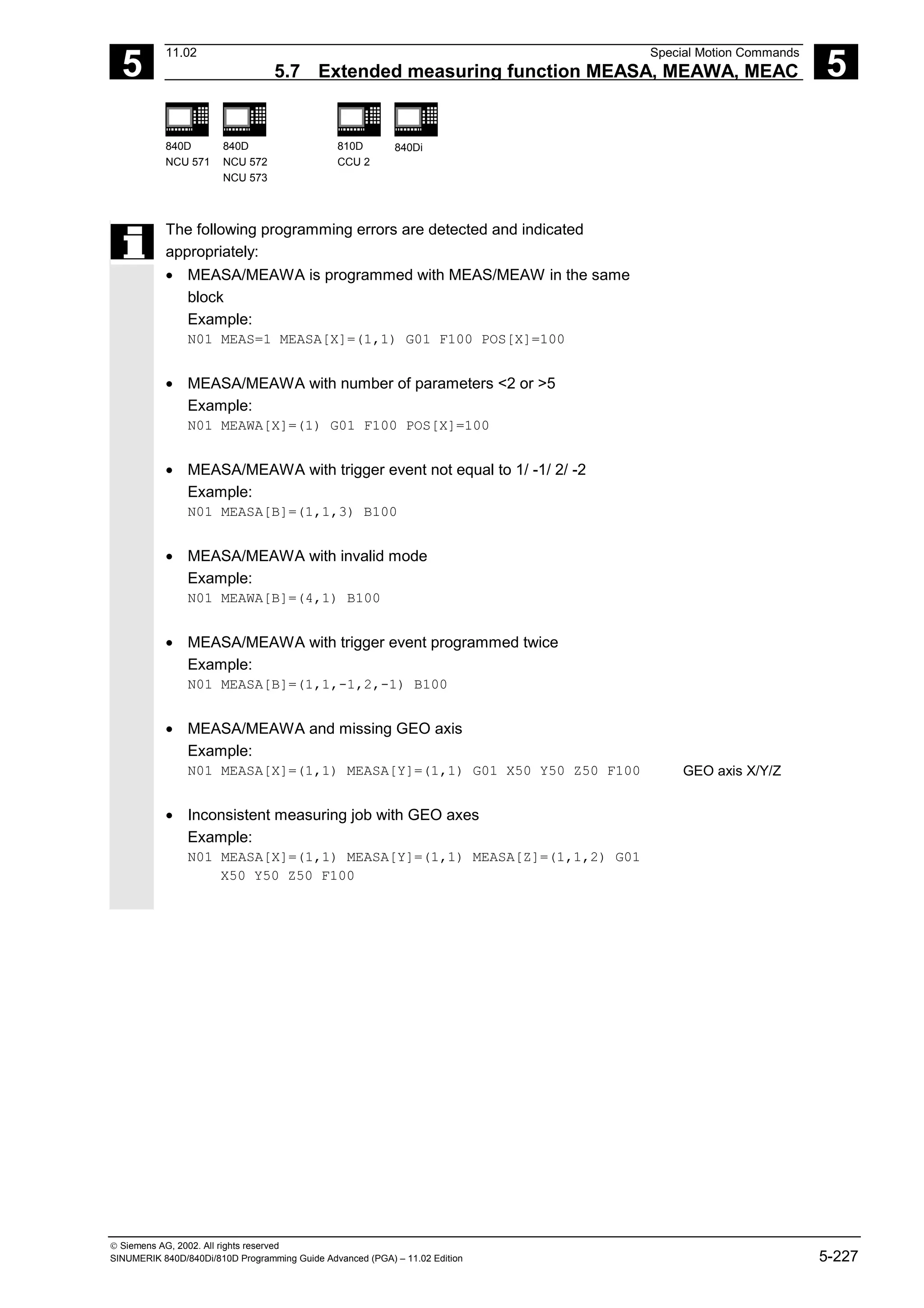 5
11.02 Special Motion Commands
5.7 Extended measuring function MEASA, MEAWA, MEAC 5
840D
NCU 571
840D
NCU 572
NCU 573
810D
CCU 2
840Di
 Siemens AG, 2002. All rights reserved
SINUMERIK 840D/840Di/810D Programming Guide Advanced (PGA) – 11.02 Edition 5-227
The following programming errors are detected and indicated
appropriately:
• MEASA/MEAWA is programmed with MEAS/MEAW in the same
block
Example:
N01 MEAS=1 MEASA[X]=(1,1) G01 F100 POS[X]=100
• MEASA/MEAWA with number of parameters <2 or >5
Example:
N01 MEAWA[X]=(1) G01 F100 POS[X]=100
• MEASA/MEAWA with trigger event not equal to 1/ -1/ 2/ -2
Example:
N01 MEASA[B]=(1,1,3) B100
• MEASA/MEAWA with invalid mode
Example:
N01 MEAWA[B]=(4,1) B100
• MEASA/MEAWA with trigger event programmed twice
Example:
N01 MEASA[B]=(1,1,-1,2,-1) B100
• MEASA/MEAWA and missing GEO axis
Example:
N01 MEASA[X]=(1,1) MEASA[Y]=(1,1) G01 X50 Y50 Z50 F100
• Inconsistent measuring job with GEO axes
Example:
N01 MEASA[X]=(1,1) MEASA[Y]=(1,1) MEASA[Z]=(1,1,2) G01
X50 Y50 Z50 F100
GEO axis X/Y/Z
 