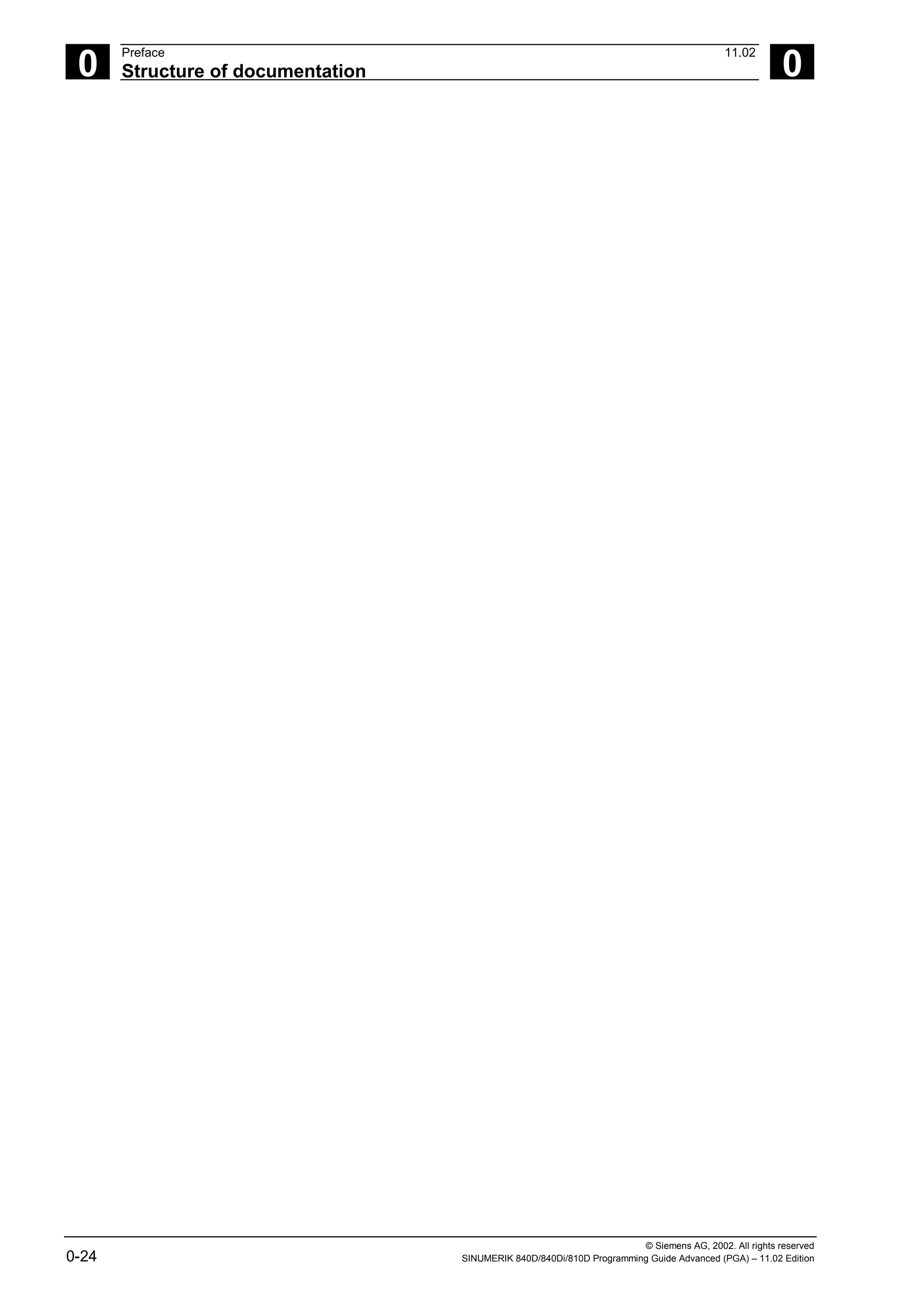 © Siemens AG, 2002. All rights reserved
0-24 SINUMERIK 840D/840Di/810D Programming Guide Advanced (PGA) – 11.02 Edition
0
Preface 11.02
Structure of documentation 0
 