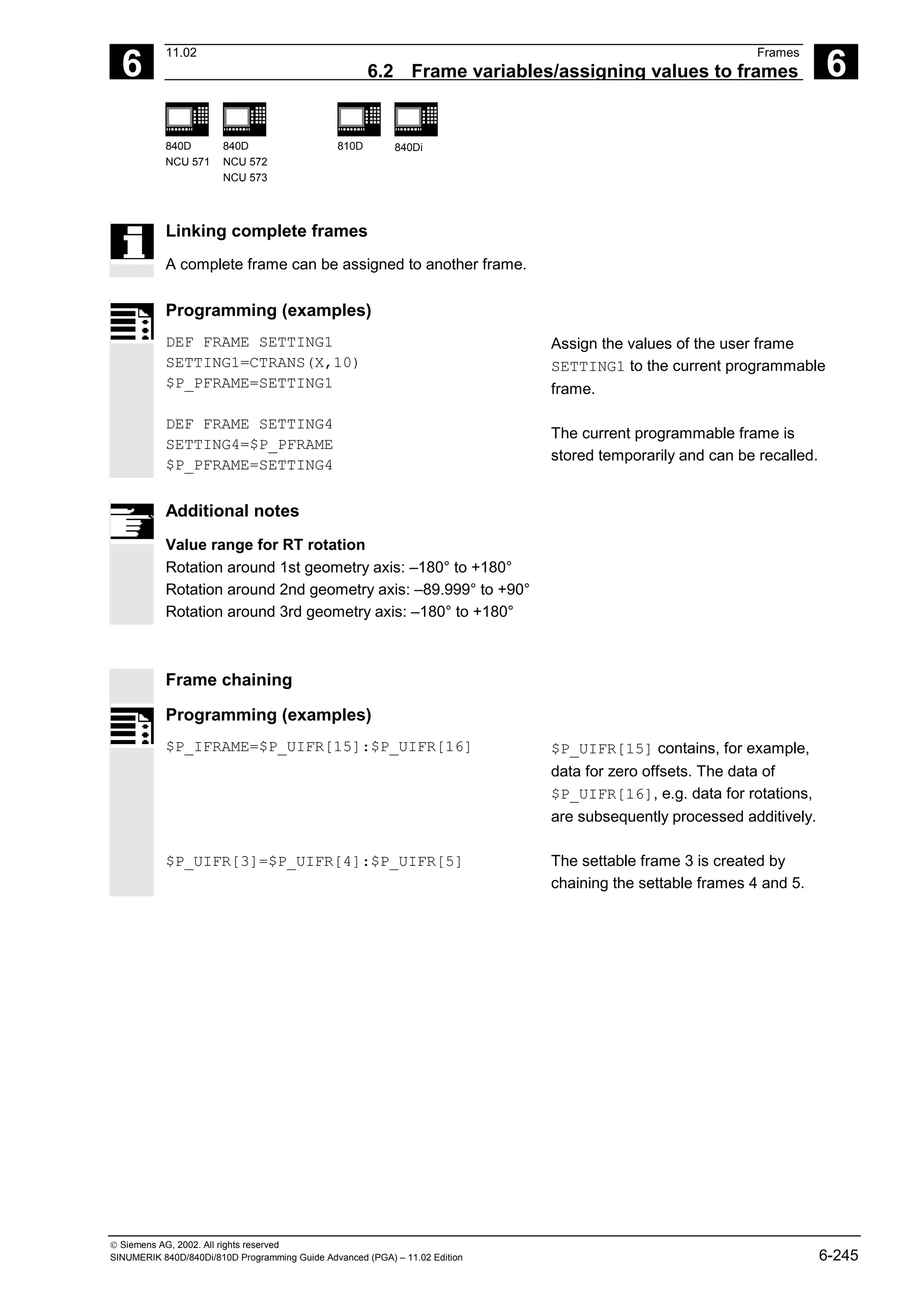 6
11.02 Frames
6.2 Frame variables/assigning values to frames 6
840D
NCU 571
840D
NCU 572
NCU 573
810D 840Di
 Siemens AG, 2002. All rights reserved
SINUMERIK 840D/840Di/810D Programming Guide Advanced (PGA) – 11.02 Edition 6-245
Linking complete frames
A complete frame can be assigned to another frame.
Programming (examples)
DEF FRAME SETTING1
SETTING1=CTRANS(X,10)
$P_PFRAME=SETTING1
DEF FRAME SETTING4
SETTING4=$P_PFRAME
$P_PFRAME=SETTING4
Assign the values of the user frame
SETTING1 to the current programmable
frame.
The current programmable frame is
stored temporarily and can be recalled.
Additional notes
Value range for RT rotation
Rotation around 1st geometry axis: –180° to +180°
Rotation around 2nd geometry axis: –89.999° to +90°
Rotation around 3rd geometry axis: –180° to +180°
Frame chaining
Programming (examples)
$P_IFRAME=$P_UIFR[15]:$P_UIFR[16]
$P_UIFR[3]=$P_UIFR[4]:$P_UIFR[5]
$P_UIFR[15] contains, for example,
data for zero offsets. The data of
$P_UIFR[16], e.g. data for rotations,
are subsequently processed additively.
The settable frame 3 is created by
chaining the settable frames 4 and 5.
 