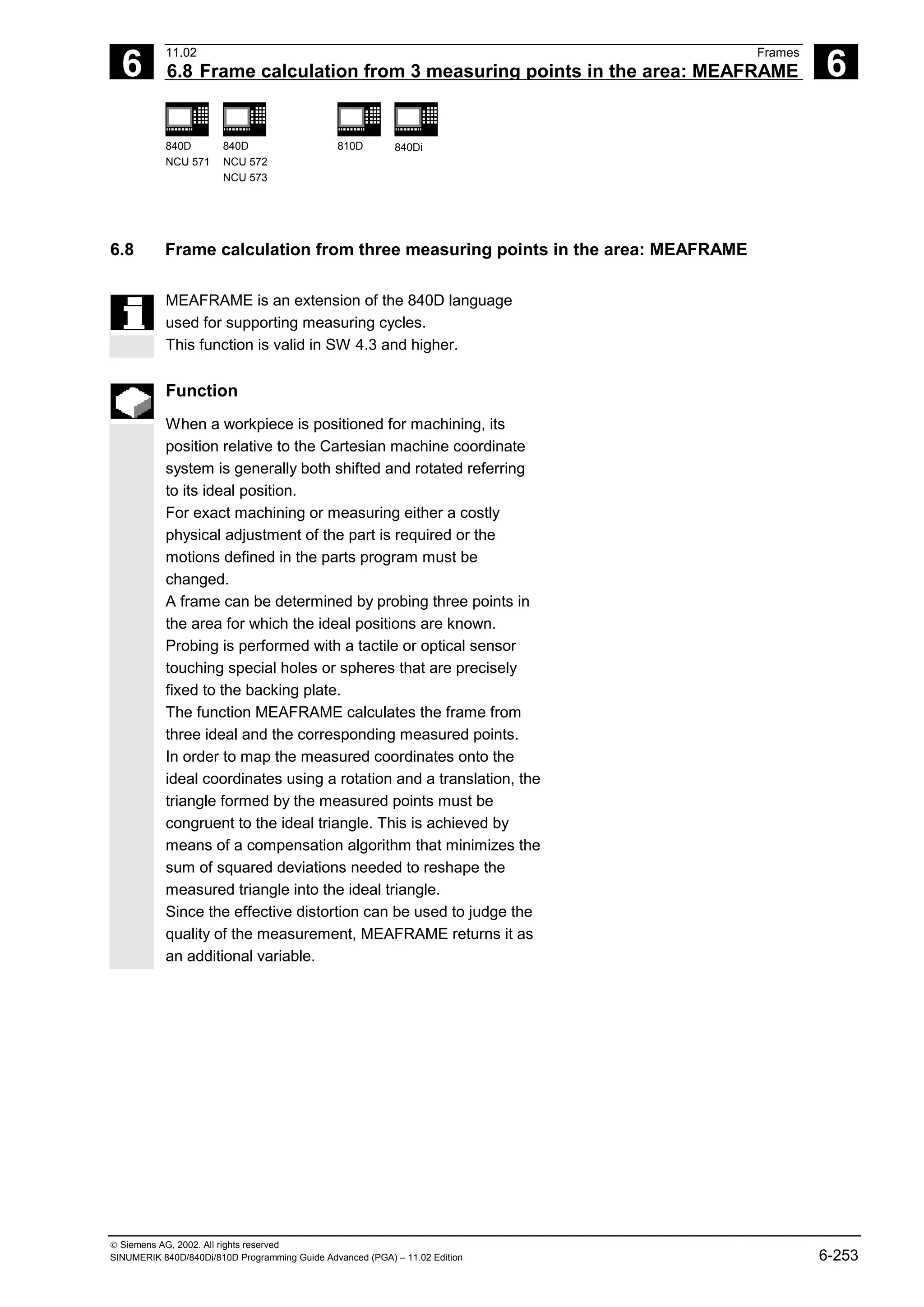 6
11.02 Frames
6.8 Frame calculation from 3 measuring points in the area: MEAFRAME 6
840D
NCU 571
840D
NCU 572
NCU 573
810D 840Di
 Siemens AG, 2002. All rights reserved
SINUMERIK 840D/840Di/810D Programming Guide Advanced (PGA) – 11.02 Edition 6-253
6.8 Frame calculation from three measuring points in the area: MEAFRAME
MEAFRAME is an extension of the 840D language
used for supporting measuring cycles.
This function is valid in SW 4.3 and higher.
Function
When a workpiece is positioned for machining, its
position relative to the Cartesian machine coordinate
system is generally both shifted and rotated referring
to its ideal position.
For exact machining or measuring either a costly
physical adjustment of the part is required or the
motions defined in the parts program must be
changed.
A frame can be determined by probing three points in
the area for which the ideal positions are known.
Probing is performed with a tactile or optical sensor
touching special holes or spheres that are precisely
fixed to the backing plate.
The function MEAFRAME calculates the frame from
three ideal and the corresponding measured points.
In order to map the measured coordinates onto the
ideal coordinates using a rotation and a translation, the
triangle formed by the measured points must be
congruent to the ideal triangle. This is achieved by
means of a compensation algorithm that minimizes the
sum of squared deviations needed to reshape the
measured triangle into the ideal triangle.
Since the effective distortion can be used to judge the
quality of the measurement, MEAFRAME returns it as
an additional variable.
 
