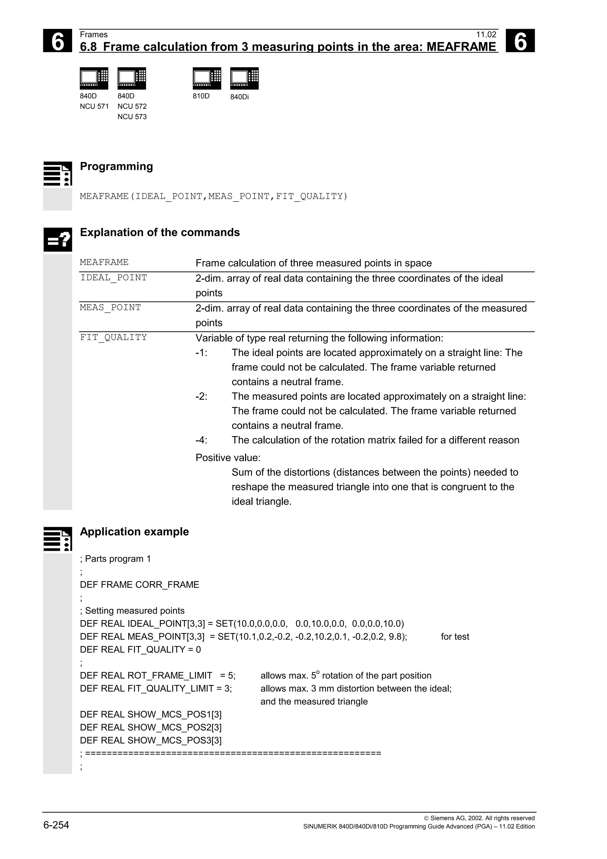 6
Frames 11.02
6.8 Frame calculation from 3 measuring points in the area: MEAFRAME 6
840D
NCU 571
840D
NCU 572
NCU 573
810D 840Di
 Siemens AG, 2002. All rights reserved
6-254 SINUMERIK 840D/840Di/810D Programming Guide Advanced (PGA) – 11.02 Edition
Programming
MEAFRAME(IDEAL_POINT,MEAS_POINT,FIT_QUALITY)
Explanation of the commands
MEAFRAME Frame calculation of three measured points in space
IDEAL_POINT 2-dim. array of real data containing the three coordinates of the ideal
points
MEAS_POINT 2-dim. array of real data containing the three coordinates of the measured
points
FIT_QUALITY Variable of type real returning the following information:
-1: The ideal points are located approximately on a straight line: The
frame could not be calculated. The frame variable returned
contains a neutral frame.
-2: The measured points are located approximately on a straight line:
The frame could not be calculated. The frame variable returned
contains a neutral frame.
-4: The calculation of the rotation matrix failed for a different reason
Positive value:
Sum of the distortions (distances between the points) needed to
reshape the measured triangle into one that is congruent to the
ideal triangle.
Application example
; Parts program 1
;
DEF FRAME CORR_FRAME
;
; Setting measured points
DEF REAL IDEAL_POINT[3,3] = SET(10.0,0.0,0.0, 0.0,10.0,0.0, 0.0,0.0,10.0)
DEF REAL MEAS_POINT[3,3] = SET(10.1,0.2,-0.2, -0.2,10.2,0.1, -0.2,0.2, 9.8); for test
DEF REAL FIT_QUALITY = 0
;
DEF REAL ROT_FRAME_LIMIT = 5; allows max. 5
o
rotation of the part position
DEF REAL FIT_QUALITY_LIMIT = 3; allows max. 3 mm distortion between the ideal;
and the measured triangle
DEF REAL SHOW_MCS_POS1[3]
DEF REAL SHOW_MCS_POS2[3]
DEF REAL SHOW_MCS_POS3[3]
; =======================================================
;
 