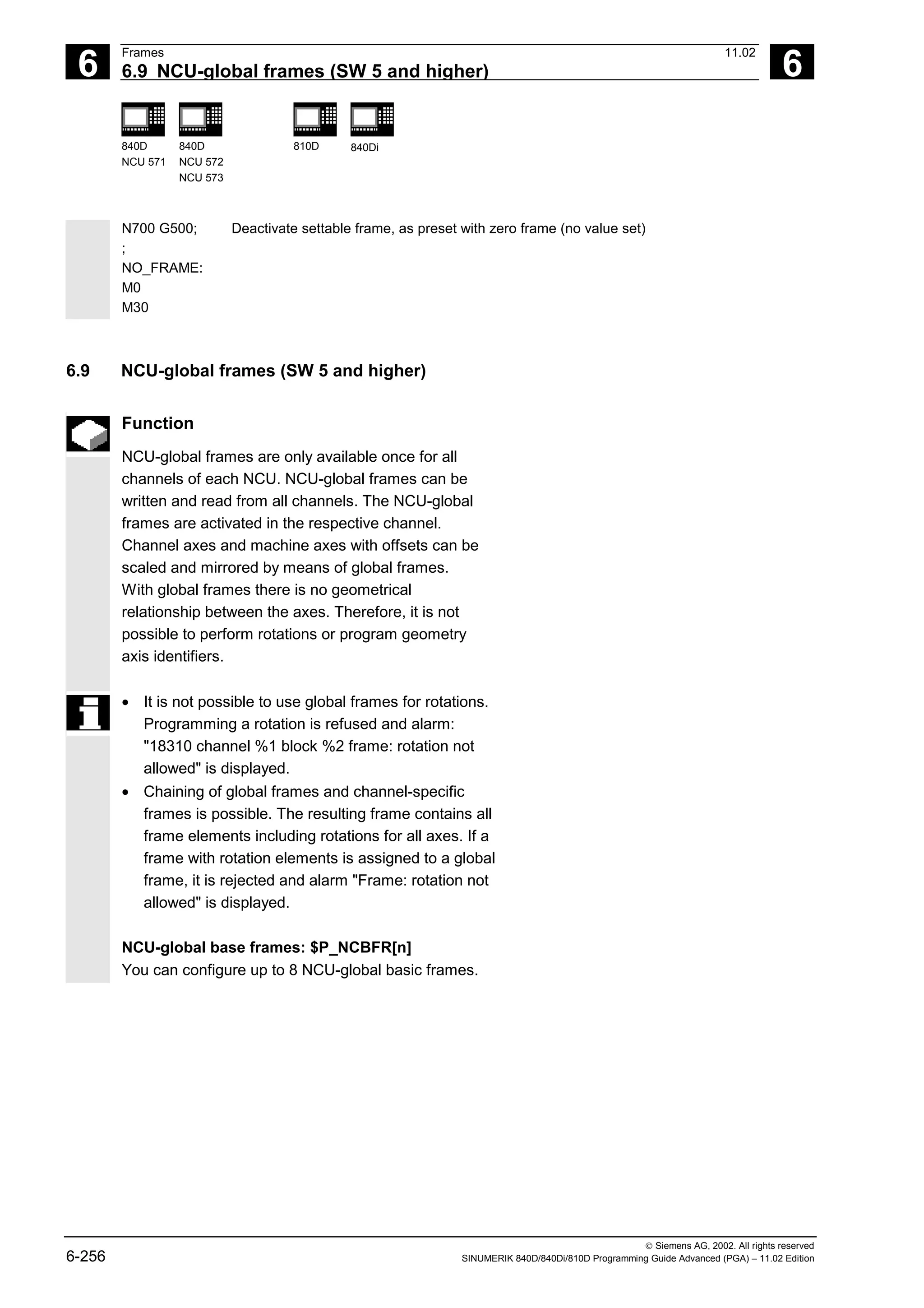 6
Frames 11.02
6.9 NCU-global frames (SW 5 and higher) 6
840D
NCU 571
840D
NCU 572
NCU 573
810D 840Di
 Siemens AG, 2002. All rights reserved
6-256 SINUMERIK 840D/840Di/810D Programming Guide Advanced (PGA) – 11.02 Edition
N700 G500; Deactivate settable frame, as preset with zero frame (no value set)
;
NO_FRAME:
M0
M30
6.9 NCU-global frames (SW 5 and higher)
Function
NCU-global frames are only available once for all
channels of each NCU. NCU-global frames can be
written and read from all channels. The NCU-global
frames are activated in the respective channel.
Channel axes and machine axes with offsets can be
scaled and mirrored by means of global frames.
With global frames there is no geometrical
relationship between the axes. Therefore, it is not
possible to perform rotations or program geometry
axis identifiers.
• It is not possible to use global frames for rotations.
Programming a rotation is refused and alarm:
"18310 channel %1 block %2 frame: rotation not
allowed" is displayed.
• Chaining of global frames and channel-specific
frames is possible. The resulting frame contains all
frame elements including rotations for all axes. If a
frame with rotation elements is assigned to a global
frame, it is rejected and alarm "Frame: rotation not
allowed" is displayed.
NCU-global base frames: $P_NCBFR[n]
You can configure up to 8 NCU-global basic frames.
 