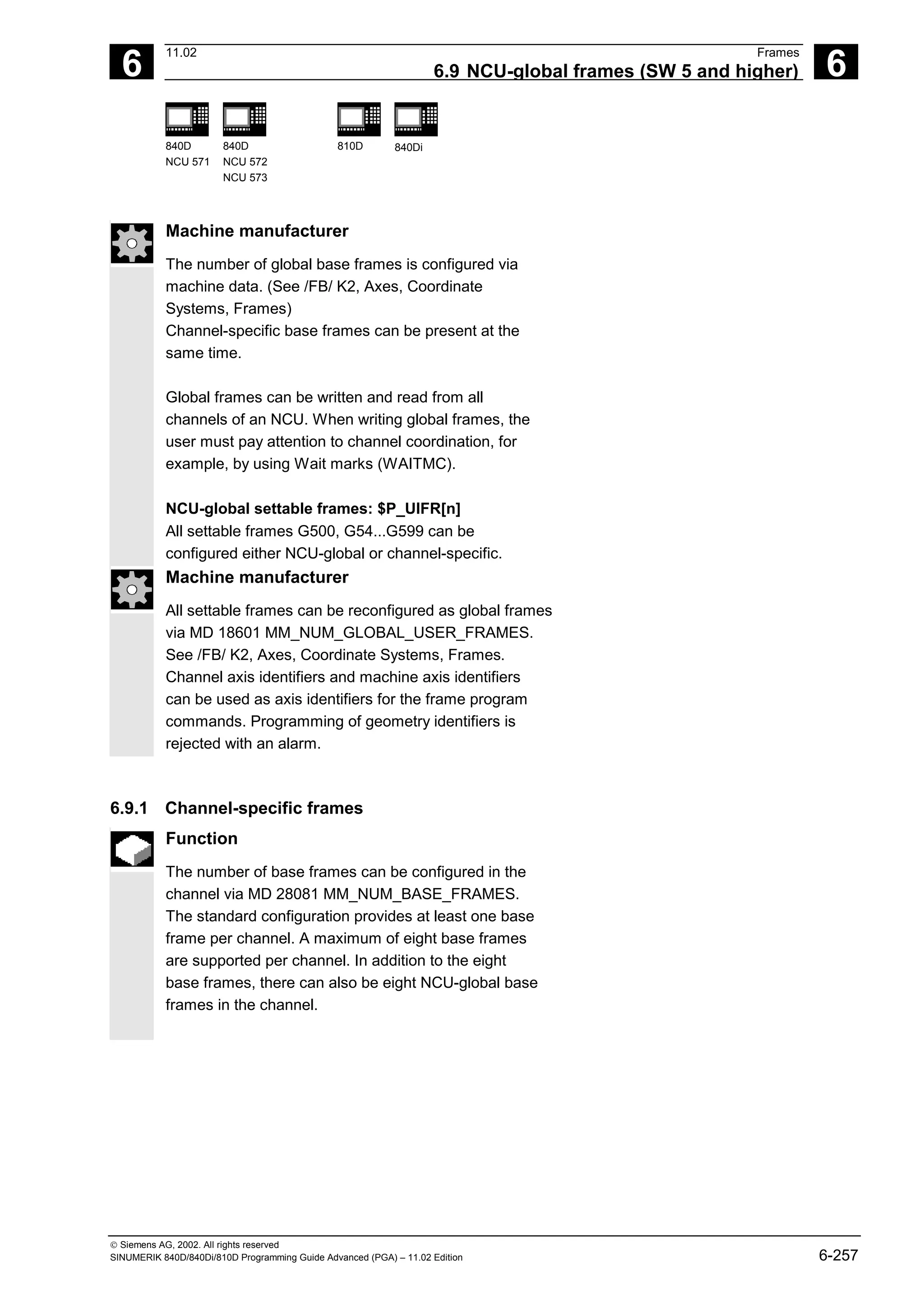 6
11.02 Frames
6.9 NCU-global frames (SW 5 and higher) 6
840D
NCU 571
840D
NCU 572
NCU 573
810D 840Di
 Siemens AG, 2002. All rights reserved
SINUMERIK 840D/840Di/810D Programming Guide Advanced (PGA) – 11.02 Edition 6-257
Machine manufacturer
The number of global base frames is configured via
machine data. (See /FB/ K2, Axes, Coordinate
Systems, Frames)
Channel-specific base frames can be present at the
same time.
Global frames can be written and read from all
channels of an NCU. When writing global frames, the
user must pay attention to channel coordination, for
example, by using Wait marks (WAITMC).
NCU-global settable frames: $P_UIFR[n]
All settable frames G500, G54...G599 can be
configured either NCU-global or channel-specific.
Machine manufacturer
All settable frames can be reconfigured as global frames
via MD 18601 MM_NUM_GLOBAL_USER_FRAMES.
See /FB/ K2, Axes, Coordinate Systems, Frames.
Channel axis identifiers and machine axis identifiers
can be used as axis identifiers for the frame program
commands. Programming of geometry identifiers is
rejected with an alarm.
6.9.1 Channel-specific frames
Function
The number of base frames can be configured in the
channel via MD 28081 MM_NUM_BASE_FRAMES.
The standard configuration provides at least one base
frame per channel. A maximum of eight base frames
are supported per channel. In addition to the eight
base frames, there can also be eight NCU-global base
frames in the channel.
 