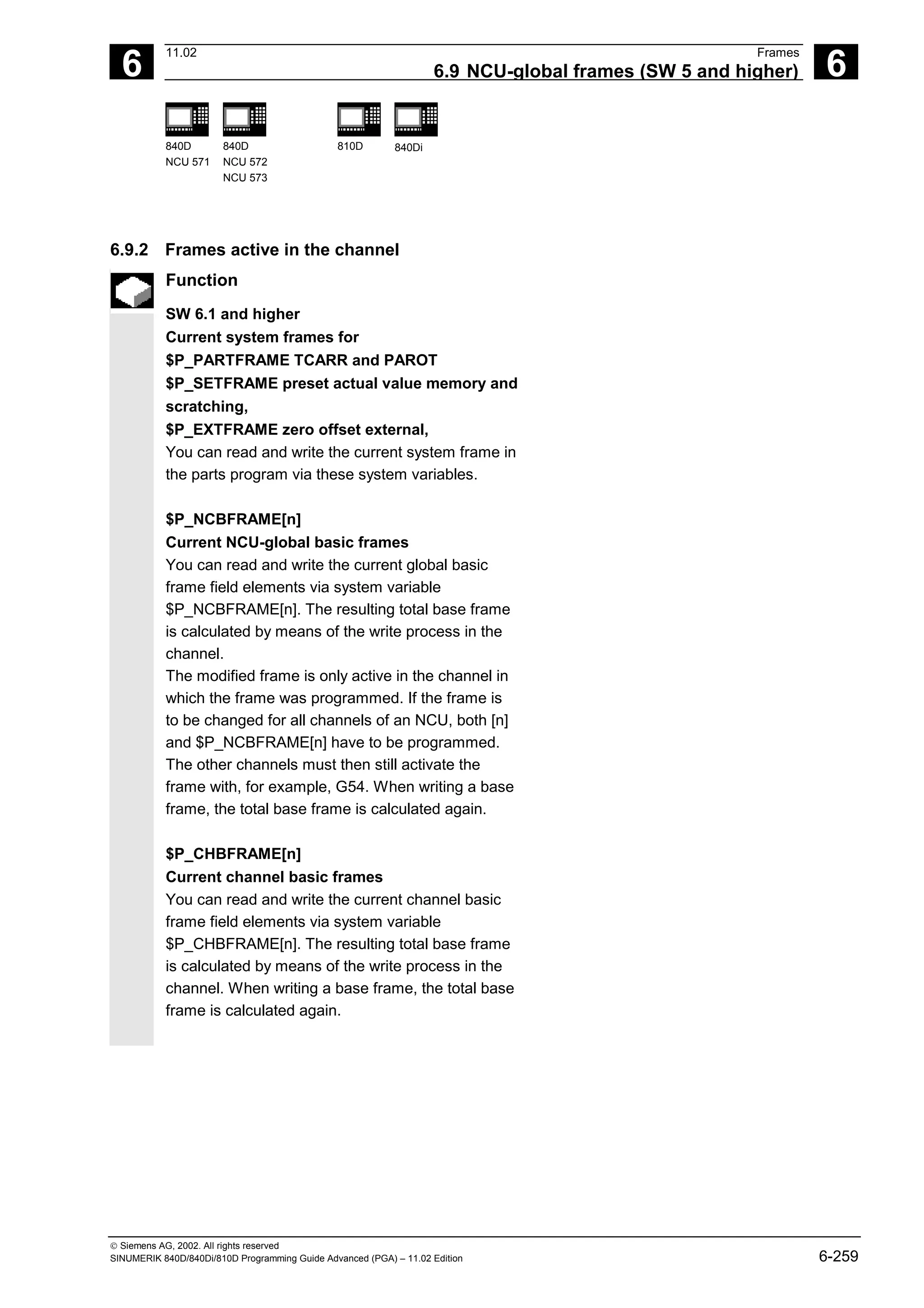 6
11.02 Frames
6.9 NCU-global frames (SW 5 and higher) 6
840D
NCU 571
840D
NCU 572
NCU 573
810D 840Di
 Siemens AG, 2002. All rights reserved
SINUMERIK 840D/840Di/810D Programming Guide Advanced (PGA) – 11.02 Edition 6-259
6.9.2 Frames active in the channel
Function
SW 6.1 and higher
Current system frames for
$P_PARTFRAME TCARR and PAROT
$P_SETFRAME preset actual value memory and
scratching,
$P_EXTFRAME zero offset external,
You can read and write the current system frame in
the parts program via these system variables.
$P_NCBFRAME[n]
Current NCU-global basic frames
You can read and write the current global basic
frame field elements via system variable
$P_NCBFRAME[n]. The resulting total base frame
is calculated by means of the write process in the
channel.
The modified frame is only active in the channel in
which the frame was programmed. If the frame is
to be changed for all channels of an NCU, both [n]
and $P_NCBFRAME[n] have to be programmed.
The other channels must then still activate the
frame with, for example, G54. When writing a base
frame, the total base frame is calculated again.
$P_CHBFRAME[n]
Current channel basic frames
You can read and write the current channel basic
frame field elements via system variable
$P_CHBFRAME[n]. The resulting total base frame
is calculated by means of the write process in the
channel. When writing a base frame, the total base
frame is calculated again.
 