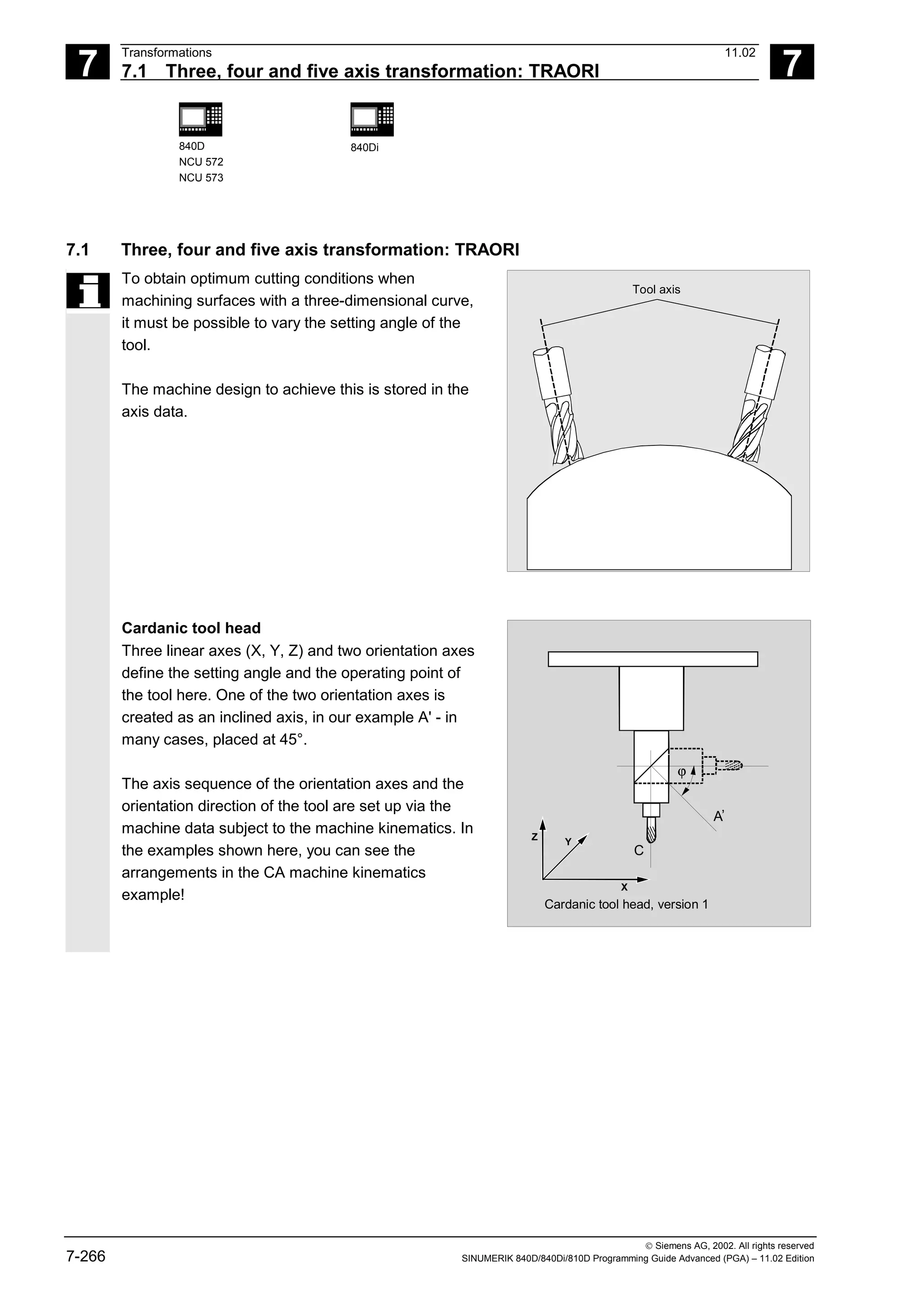 7
Transformations 11.02
7.1 Three, four and five axis transformation: TRAORI 7
840D
NCU 572
NCU 573
840Di
 Siemens AG, 2002. All rights reserved
7-266 SINUMERIK 840D/840Di/810D Programming Guide Advanced (PGA) – 11.02 Edition
7.1 Three, four and five axis transformation: TRAORI
To obtain optimum cutting conditions when
machining surfaces with a three-dimensional curve,
it must be possible to vary the setting angle of the
tool.
The machine design to achieve this is stored in the
axis data.
Tool axis
Cardanic tool head
Three linear axes (X, Y, Z) and two orientation axes
define the setting angle and the operating point of
the tool here. One of the two orientation axes is
created as an inclined axis, in our example A' - in
many cases, placed at 45°.
The axis sequence of the orientation axes and the
orientation direction of the tool are set up via the
machine data subject to the machine kinematics. In
the examples shown here, you can see the
arrangements in the CA machine kinematics
example!
A
,
ϕ
Z Y
X
C
Cardanic tool head, version 1
 