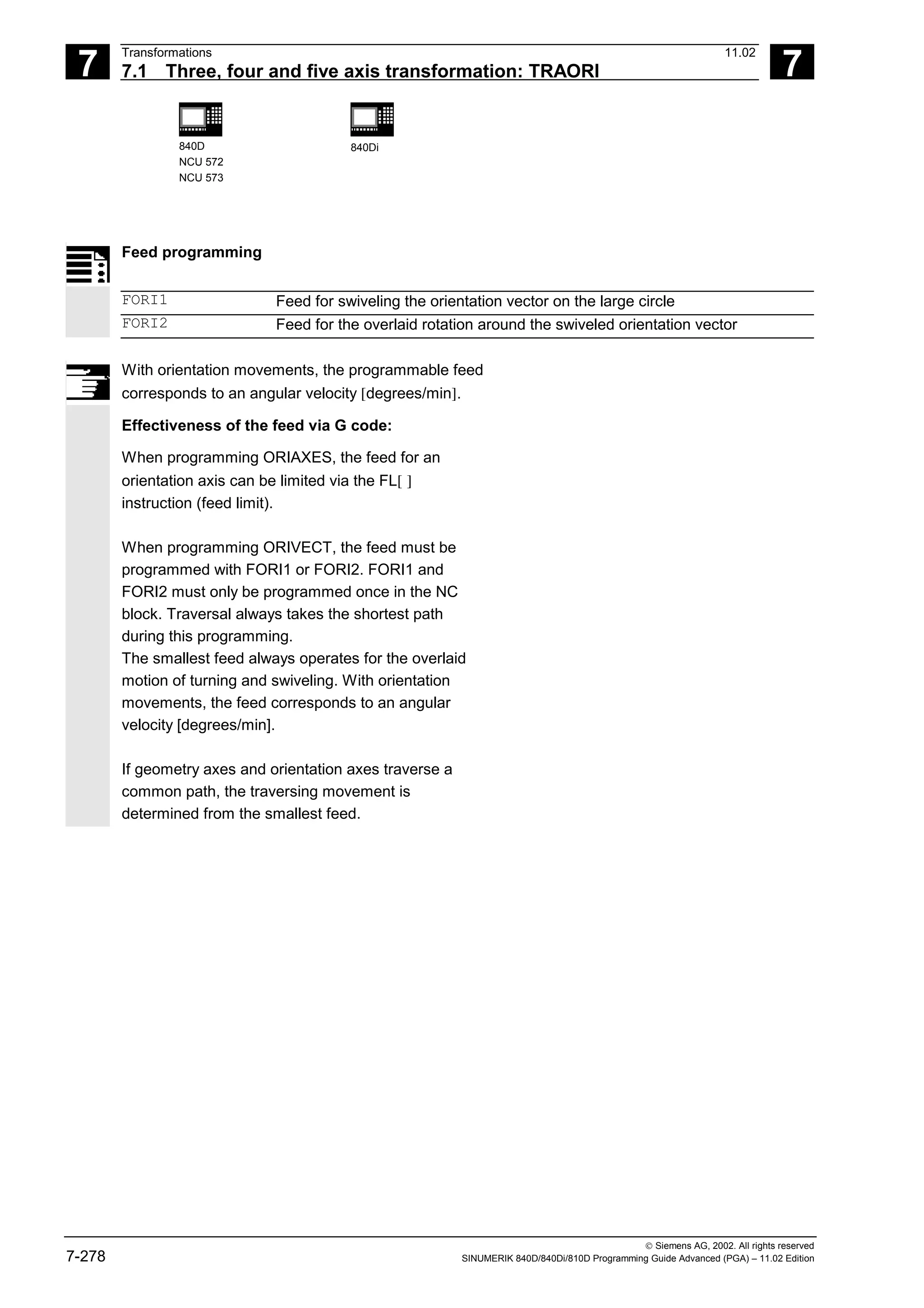 7
Transformations 11.02
7.1 Three, four and five axis transformation: TRAORI 7
840D
NCU 572
NCU 573
840Di
 Siemens AG, 2002. All rights reserved
7-278 SINUMERIK 840D/840Di/810D Programming Guide Advanced (PGA) – 11.02 Edition
Feed programming
FORI1 Feed for swiveling the orientation vector on the large circle
FORI2 Feed for the overlaid rotation around the swiveled orientation vector
With orientation movements, the programmable feed
corresponds to an angular velocity [degrees/min].
Effectiveness of the feed via G code:
When programming ORIAXES, the feed for an
orientation axis can be limited via the FL[ ]
instruction (feed limit).
When programming ORIVECT, the feed must be
programmed with FORI1 or FORI2. FORI1 and
FORI2 must only be programmed once in the NC
block. Traversal always takes the shortest path
during this programming.
The smallest feed always operates for the overlaid
motion of turning and swiveling. With orientation
movements, the feed corresponds to an angular
velocity [degrees/min].
If geometry axes and orientation axes traverse a
common path, the traversing movement is
determined from the smallest feed.
 