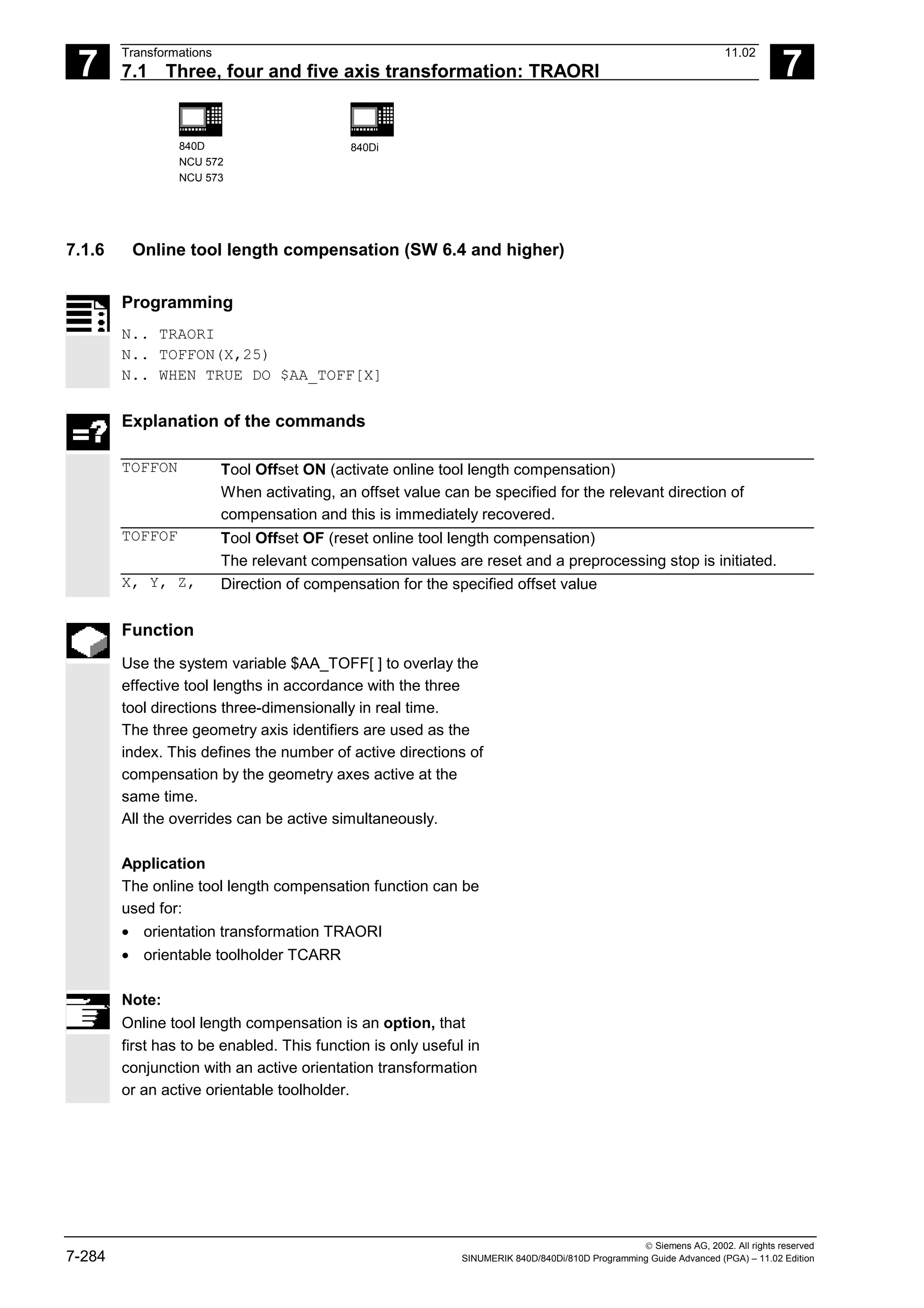 7
Transformations 11.02
7.1 Three, four and five axis transformation: TRAORI 7
840D
NCU 572
NCU 573
840Di
 Siemens AG, 2002. All rights reserved
7-284 SINUMERIK 840D/840Di/810D Programming Guide Advanced (PGA) – 11.02 Edition
7.1.6 Online tool length compensation (SW 6.4 and higher)
Programming
N.. TRAORI
N.. TOFFON(X,25)
N.. WHEN TRUE DO $AA_TOFF[X]
Explanation of the commands
TOFFON Tool Offset ON (activate online tool length compensation)
When activating, an offset value can be specified for the relevant direction of
compensation and this is immediately recovered.
TOFFOF Tool Offset OF (reset online tool length compensation)
The relevant compensation values are reset and a preprocessing stop is initiated.
X, Y, Z, Direction of compensation for the specified offset value
Function
Use the system variable $AA_TOFF[ ] to overlay the
effective tool lengths in accordance with the three
tool directions three-dimensionally in real time.
The three geometry axis identifiers are used as the
index. This defines the number of active directions of
compensation by the geometry axes active at the
same time.
All the overrides can be active simultaneously.
Application
The online tool length compensation function can be
used for:
• orientation transformation TRAORI
• orientable toolholder TCARR
Note:
Online tool length compensation is an option, that
first has to be enabled. This function is only useful in
conjunction with an active orientation transformation
or an active orientable toolholder.
 