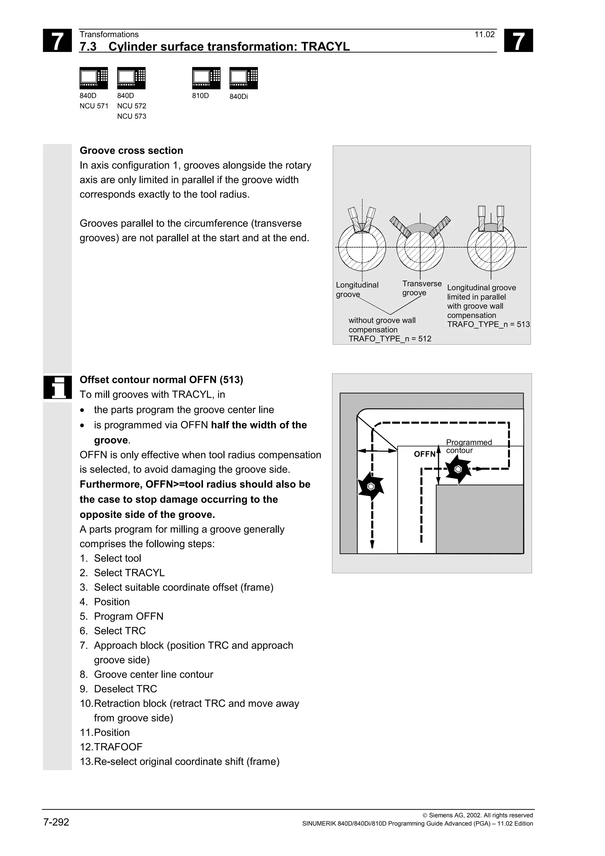 7
Transformations 11.02
7.3 Cylinder surface transformation: TRACYL 7
840D
NCU 571
840D
NCU 572
NCU 573
810D 840Di
 Siemens AG, 2002. All rights reserved
7-292 SINUMERIK 840D/840Di/810D Programming Guide Advanced (PGA) – 11.02 Edition
Groove cross section
In axis configuration 1, grooves alongside the rotary
axis are only limited in parallel if the groove width
corresponds exactly to the tool radius.
Grooves parallel to the circumference (transverse
grooves) are not parallel at the start and at the end.
Longitudinal
groove
Transverse
groove
without groove wall
compensation
TRAFO_TYPE_n = 512
Longitudinal groove
limited in parallel
with groove wall
compensation
TRAFO_TYPE_n = 513
Offset contour normal OFFN (513)
To mill grooves with TRACYL, in
• the parts program the groove center line
• is programmed via OFFN half the width of the
groove.
OFFN is only effective when tool radius compensation
is selected, to avoid damaging the groove side.
Furthermore, OFFN>=tool radius should also be
the case to stop damage occurring to the
opposite side of the groove.
A parts program for milling a groove generally
comprises the following steps:
1. Select tool
2. Select TRACYL
3. Select suitable coordinate offset (frame)
4. Position
5. Program OFFN
6. Select TRC
7. Approach block (position TRC and approach
groove side)
8. Groove center line contour
9. Deselect TRC
10.Retraction block (retract TRC and move away
from groove side)
11.Position
12.TRAFOOF
13.Re-select original coordinate shift (frame)
OFFN
Programmed
contour
 