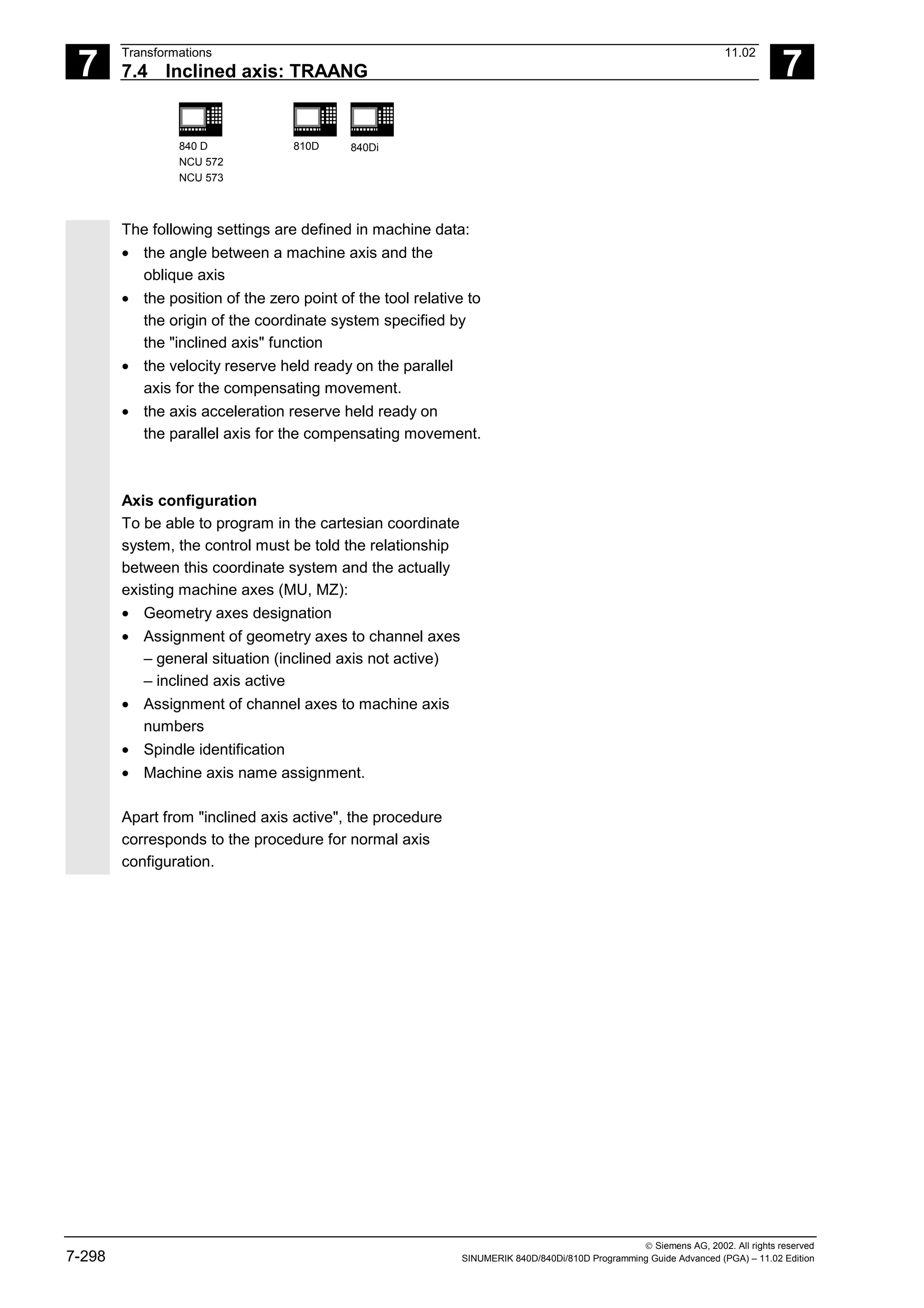 7
Transformations 11.02
7.4 Inclined axis: TRAANG 7
840 D
NCU 572
NCU 573
810D 840Di
 Siemens AG, 2002. All rights reserved
7-298 SINUMERIK 840D/840Di/810D Programming Guide Advanced (PGA) – 11.02 Edition
The following settings are defined in machine data:
• the angle between a machine axis and the
oblique axis
• the position of the zero point of the tool relative to
the origin of the coordinate system specified by
the "inclined axis" function
• the velocity reserve held ready on the parallel
axis for the compensating movement.
• the axis acceleration reserve held ready on
the parallel axis for the compensating movement.
Axis configuration
To be able to program in the cartesian coordinate
system, the control must be told the relationship
between this coordinate system and the actually
existing machine axes (MU, MZ):
• Geometry axes designation
• Assignment of geometry axes to channel axes
– general situation (inclined axis not active)
– inclined axis active
• Assignment of channel axes to machine axis
numbers
• Spindle identification
• Machine axis name assignment.
Apart from "inclined axis active", the procedure
corresponds to the procedure for normal axis
configuration.
 