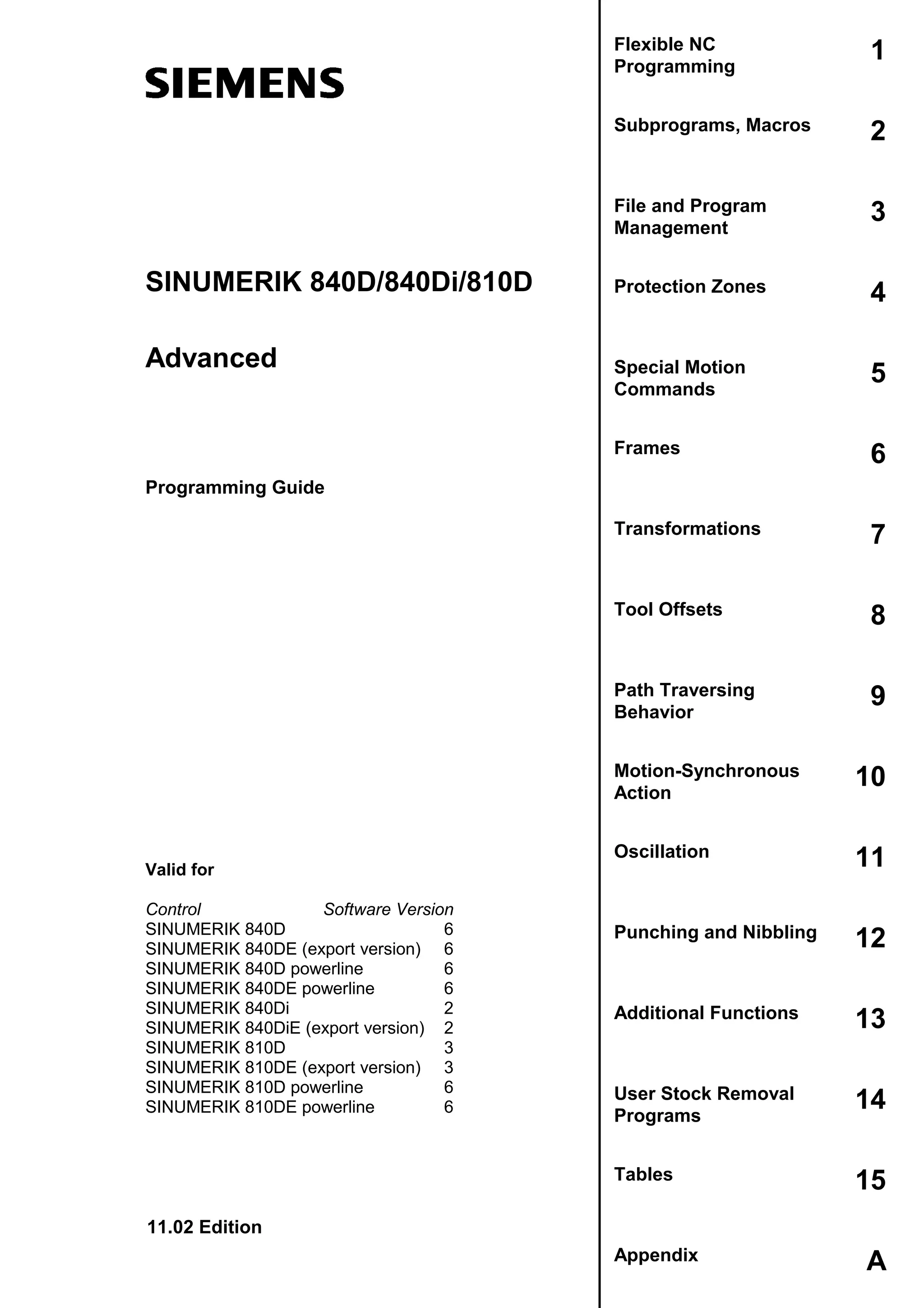 SINUMERIK 840D/840Di/810D
11.02 Edition
Programming Guide
Flexible NC
Programming
1
Subprograms, Macros 2
File and Program
Management
3
Protection Zones 4
Special Motion
Commands
5
Frames 6
Transformations 7
Tool Offsets 8
Path Traversing
Behavior
9
Motion-Synchronous
Action
10
Oscillation 11
Punching and Nibbling 12
Additional Functions 13
User Stock Removal
Programs
14
Tables 15
Appendix A
Advanced
Valid for
Control Software Version
SINUMERIK 840D 6
SINUMERIK 840DE (export version) 6
SINUMERIK 840D powerline 6
SINUMERIK 840DE powerline 6
SINUMERIK 840Di 2
SINUMERIK 840DiE (export version) 2
SINUMERIK 810D 3
SINUMERIK 810DE (export version) 3
SINUMERIK 810D powerline 6
SINUMERIK 810DE powerline 6
 