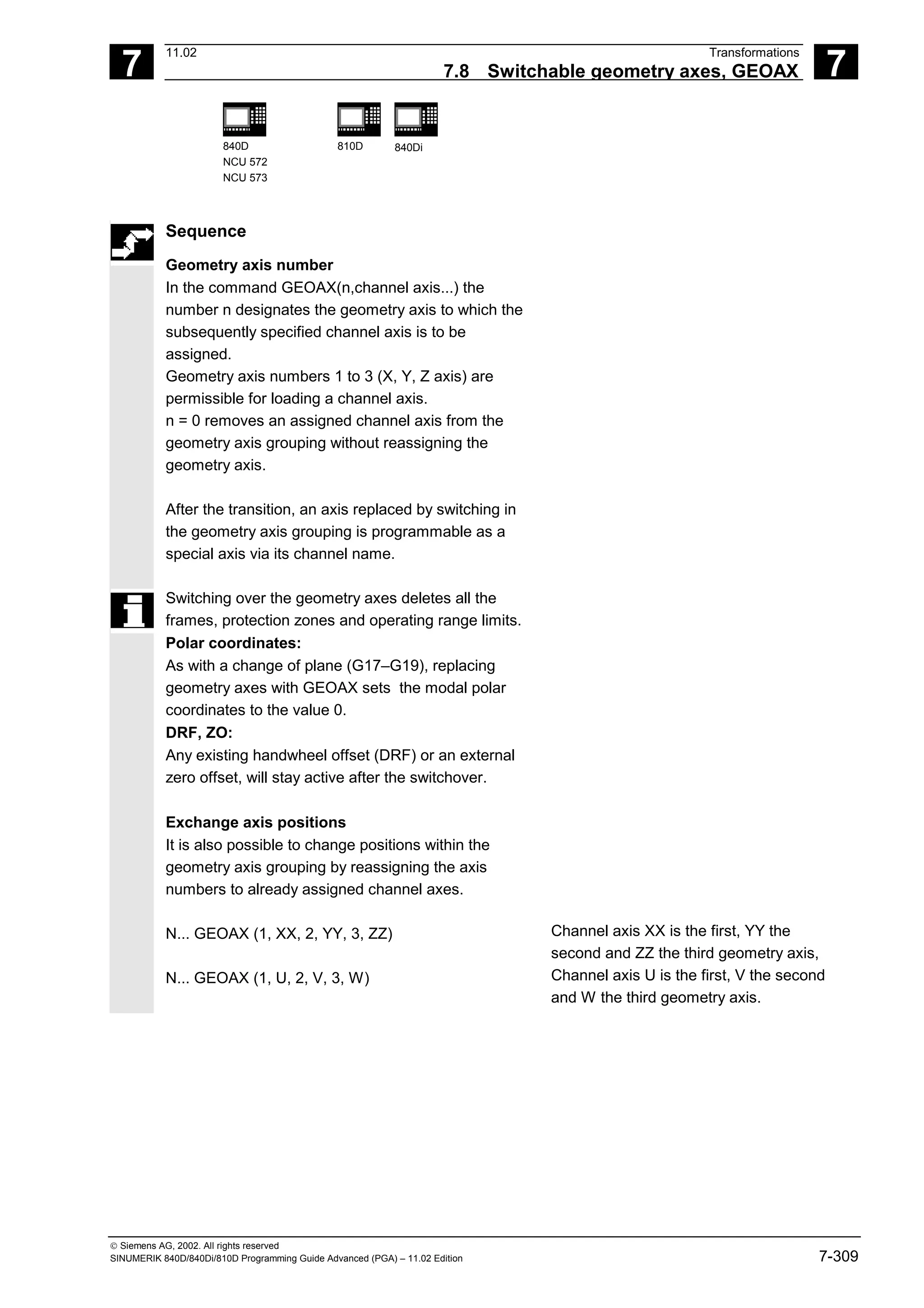 7
11.02 Transformations
7.8 Switchable geometry axes, GEOAX 7
840D
NCU 572
NCU 573
810D 840Di
 Siemens AG, 2002. All rights reserved
SINUMERIK 840D/840Di/810D Programming Guide Advanced (PGA) – 11.02 Edition 7-309
Sequence
Geometry axis number
In the command GEOAX(n,channel axis...) the
number n designates the geometry axis to which the
subsequently specified channel axis is to be
assigned.
Geometry axis numbers 1 to 3 (X, Y, Z axis) are
permissible for loading a channel axis.
n = 0 removes an assigned channel axis from the
geometry axis grouping without reassigning the
geometry axis.
After the transition, an axis replaced by switching in
the geometry axis grouping is programmable as a
special axis via its channel name.
Switching over the geometry axes deletes all the
frames, protection zones and operating range limits.
Polar coordinates:
As with a change of plane (G17–G19), replacing
geometry axes with GEOAX sets the modal polar
coordinates to the value 0.
DRF, ZO:
Any existing handwheel offset (DRF) or an external
zero offset, will stay active after the switchover.
Exchange axis positions
It is also possible to change positions within the
geometry axis grouping by reassigning the axis
numbers to already assigned channel axes.
N... GEOAX (1, XX, 2, YY, 3, ZZ)
N... GEOAX (1, U, 2, V, 3, W)
Channel axis XX is the first, YY the
second and ZZ the third geometry axis,
Channel axis U is the first, V the second
and W the third geometry axis.
 
