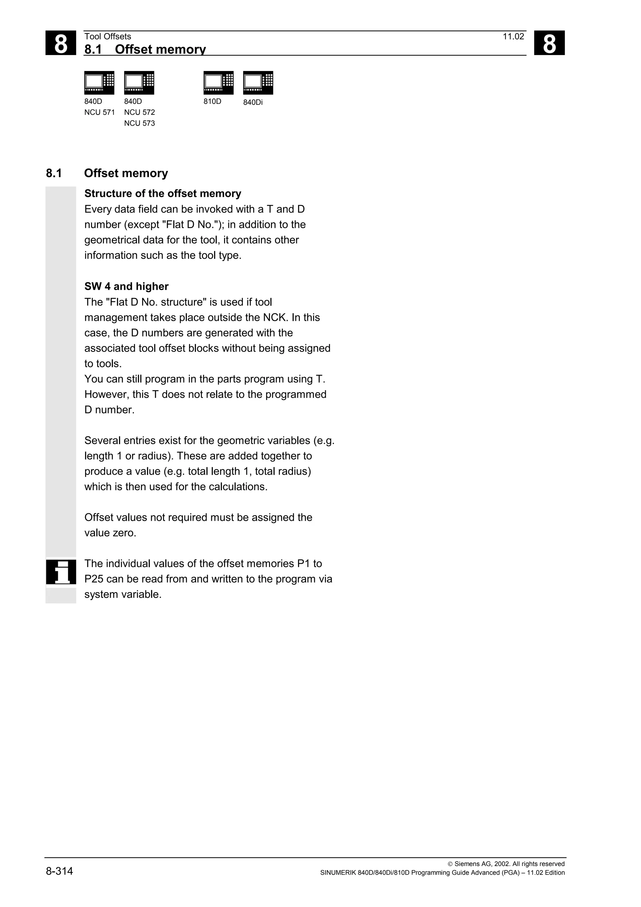 8
Tool Offsets 11.02
8.1 Offset memory 8
840D
NCU 571
840D
NCU 572
NCU 573
810D 840Di
 Siemens AG, 2002. All rights reserved
8-314 SINUMERIK 840D/840Di/810D Programming Guide Advanced (PGA) – 11.02 Edition
8.1 Offset memory
Structure of the offset memory
Every data field can be invoked with a T and D
number (except "Flat D No."); in addition to the
geometrical data for the tool, it contains other
information such as the tool type.
SW 4 and higher
The "Flat D No. structure" is used if tool
management takes place outside the NCK. In this
case, the D numbers are generated with the
associated tool offset blocks without being assigned
to tools.
You can still program in the parts program using T.
However, this T does not relate to the programmed
D number.
Several entries exist for the geometric variables (e.g.
length 1 or radius). These are added together to
produce a value (e.g. total length 1, total radius)
which is then used for the calculations.
Offset values not required must be assigned the
value zero.
The individual values of the offset memories P1 to
P25 can be read from and written to the program via
system variable.
 
